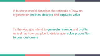 A business model describes the rationale of how an
organization creates, delivers and captures value
It’s the way you intend to generate revenue and profits
as well as how you plan to deliver your value proposition
to your customers
 