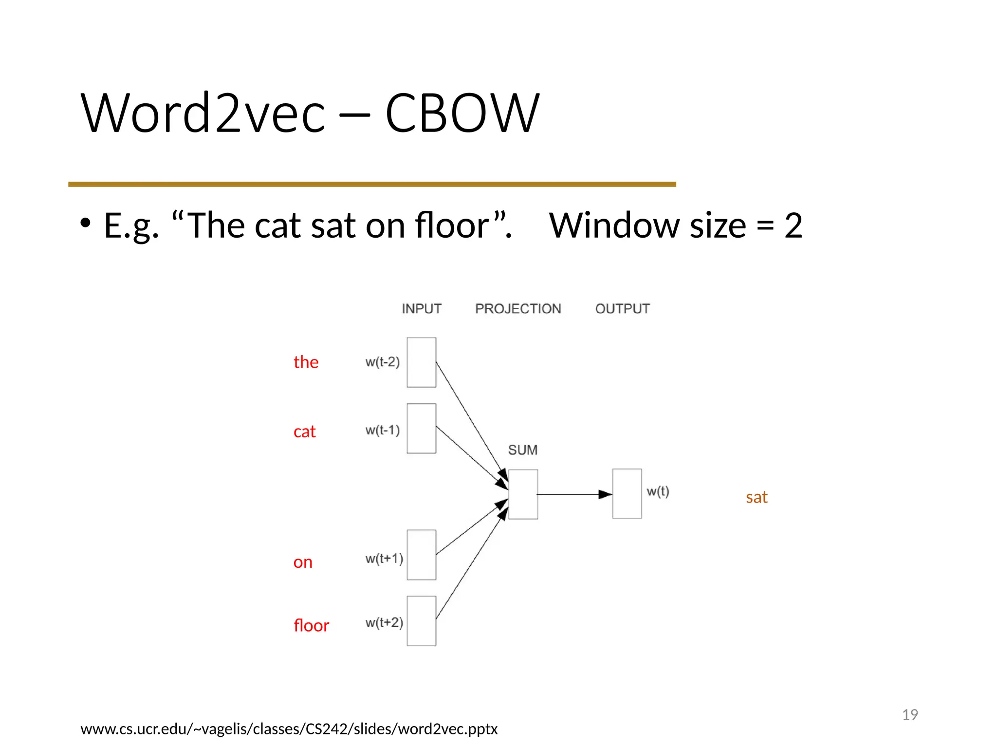 Word2vec – CBOW
• E.g. “The cat sat on floor”. Window size = 2
19
the
cat
on
floor
sat
www.cs.ucr.edu/~vagelis/classes/CS242/slides/word2vec.pptx
 