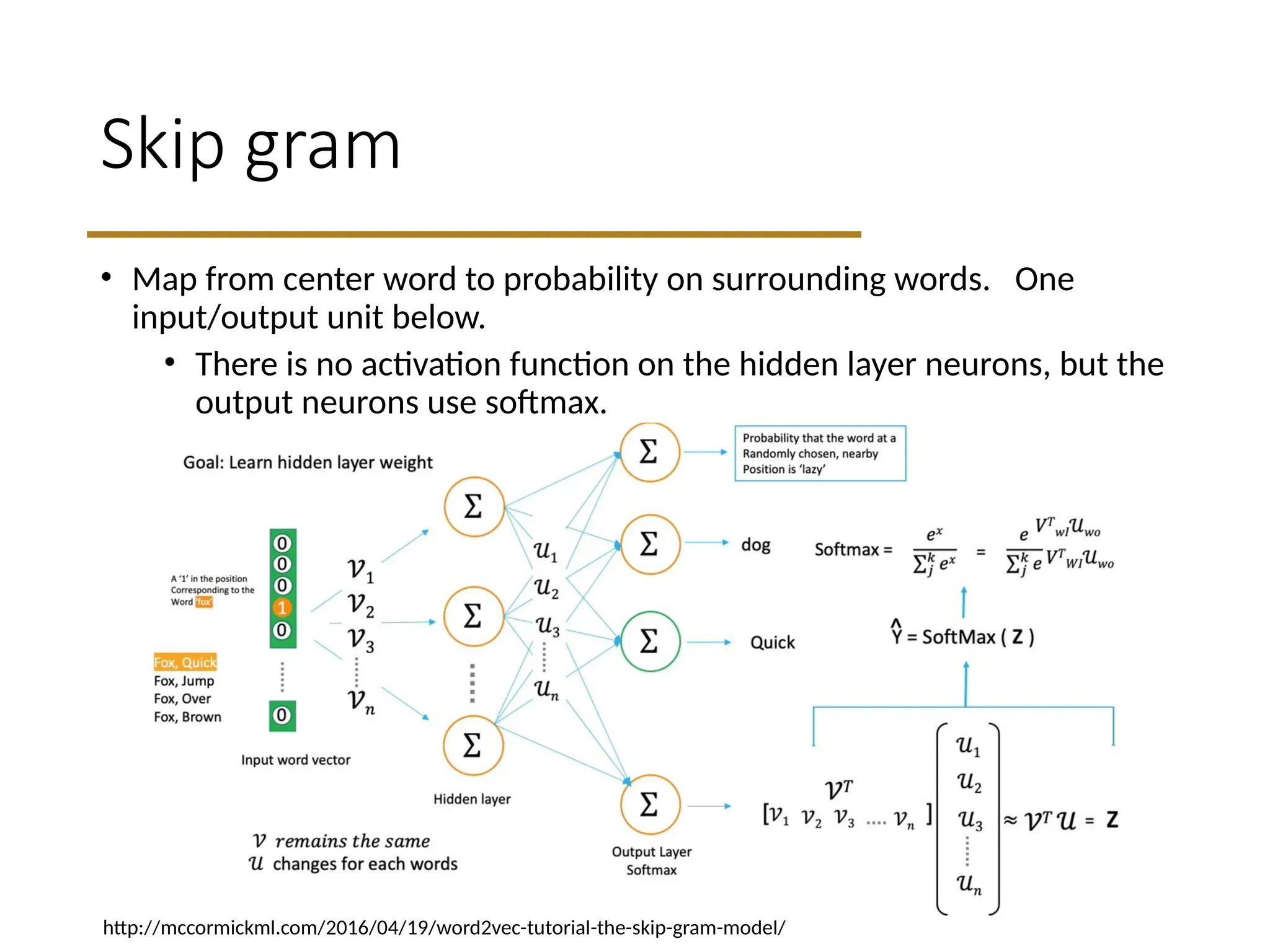 Skip gram
• Map from center word to probability on surrounding words. One
input/output unit below.
• There is no activation function on the hidden layer neurons, but the
output neurons use softmax.
http://mccormickml.com/2016/04/19/word2vec-tutorial-the-skip-gram-model/
 