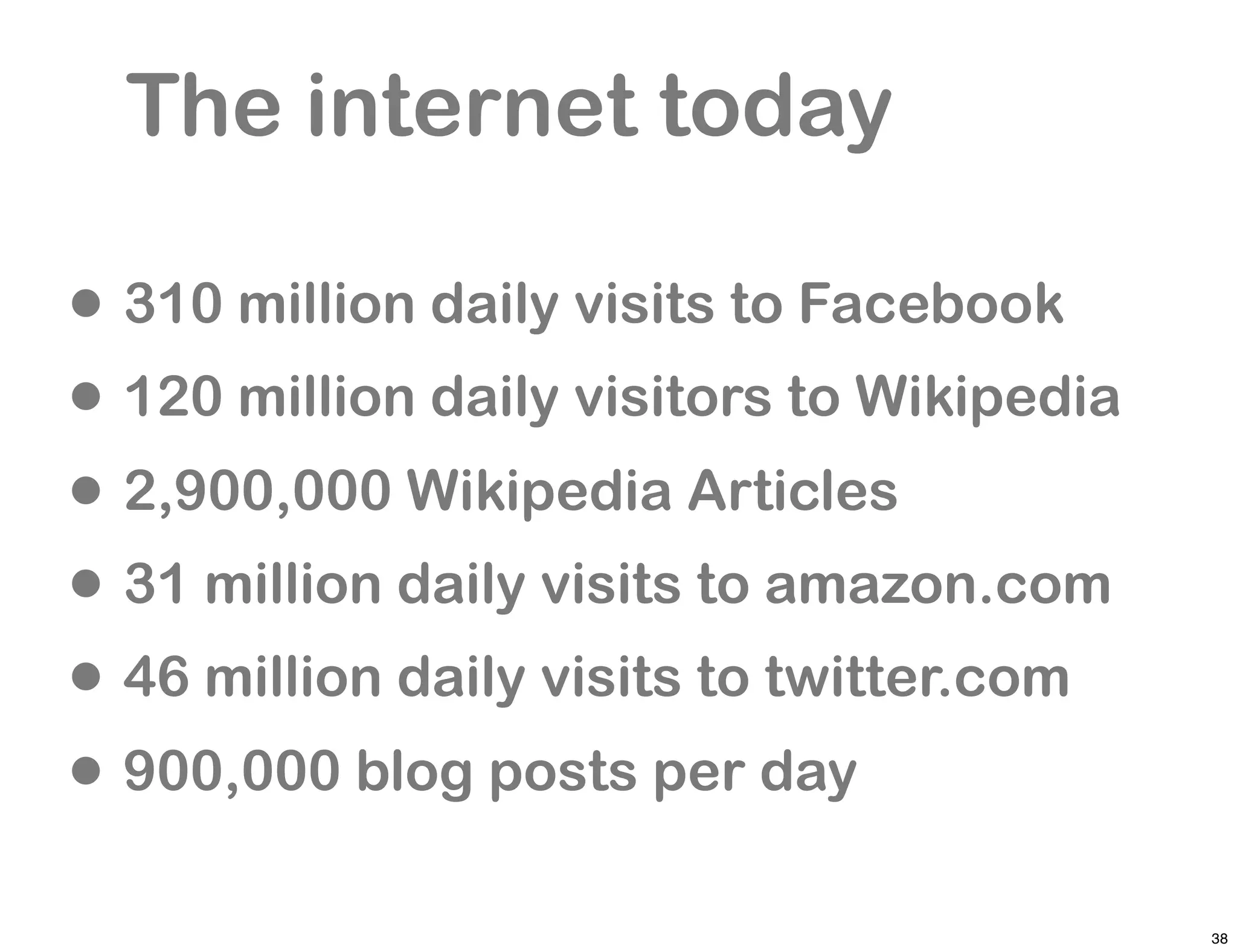 The internet today

• 310 million daily visits to Facebook
• 120 million daily visitors to Wikipedia
• 2,900,000 Wikipedia Articles
• 31 million daily visits to amazon.com
• 46 million daily visits to twitter.com
• 900,000 blog posts per day
                                            38
 
