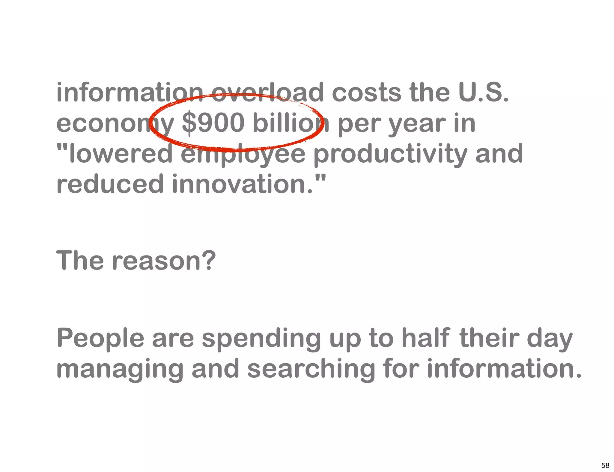 information overload costs the U.S.
economy $900 billion per year in
"lowered employee productivity and
reduced innovation."  

The reason?  

People are spending up to half their day
managing and searching for information.  


                                            58
 