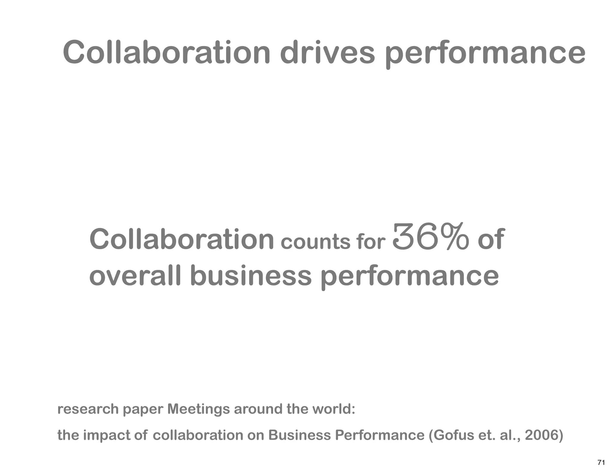Collaboration drives performance




    Collaboration counts for 36% of
    overall business performance



research paper Meetings around the world:
the impact of collaboration on Business Performance (Gofus et. al., 2006)
                                                                            71
 