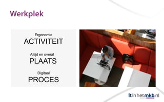 Ergonomie

ACTIVITEIT
 Altijd en overal

 PLAATS
     Digitaal

 PROCES
 