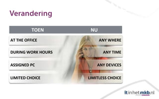 AT THE OFFICE            ANY WHERE

DURING WORK HOURS          ANY TIME

ASSIGNED PC             ANY DEVICES

LIMITED CHOICE      LIMITLESS CHOICE
 