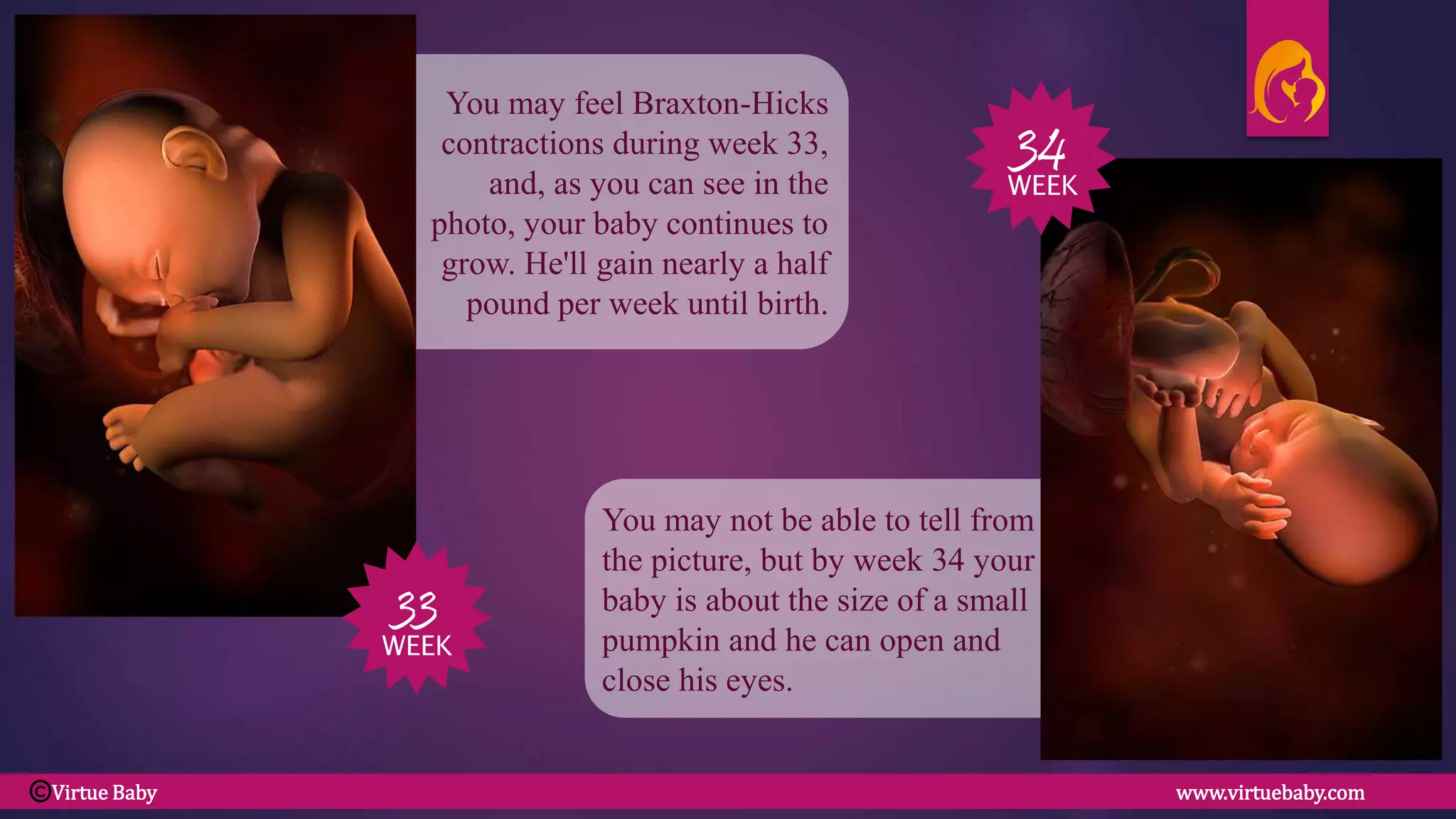 You may not be able to tell from
the picture, but by week 34 your
baby is about the size of a small
pumpkin and he can open and
close his eyes.
You may feel Braxton-Hicks
contractions during week 33,
and, as you can see in the
photo, your baby continues to
grow. He'll gain nearly a half
pound per week until birth.
33
WEEK
34
WEEK
Virtue Baby www.virtuebaby.comC
 
