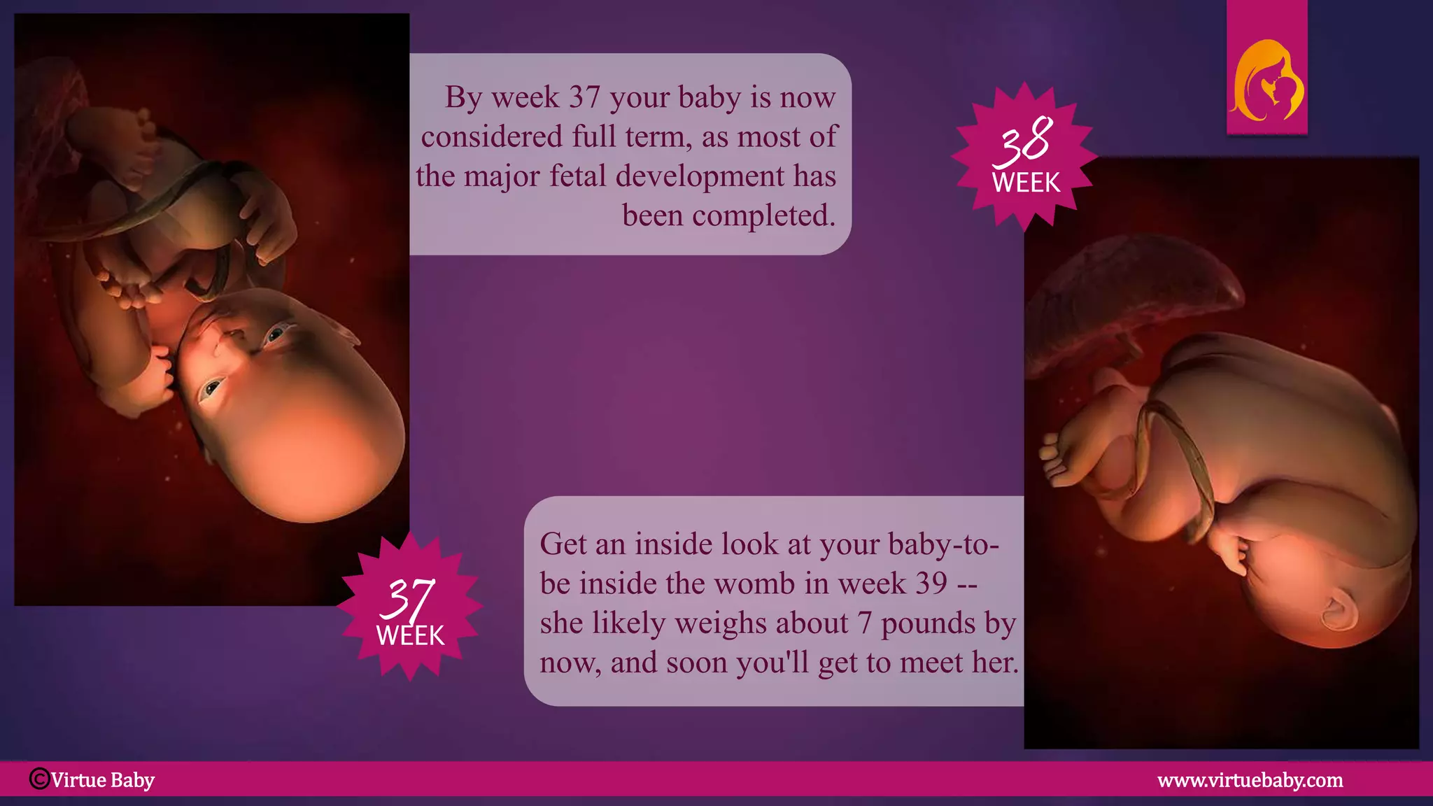 Get an inside look at your baby-to-
be inside the womb in week 39 --
she likely weighs about 7 pounds by
now, and soon you'll get to meet her.
By week 37 your baby is now
considered full term, as most of
the major fetal development has
been completed.
37
WEEK
38
WEEK
Virtue Baby www.virtuebaby.comC
 