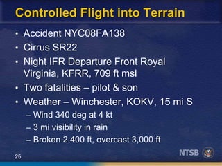 25
Controlled Flight into Terrain
• Accident NYC08FA138
• Cirrus SR22
• Night IFR Departure Front Royal
Virginia, KFRR, 709 ft msl
• Two fatalities – pilot & son
• Weather – Winchester, KOKV, 15 mi S
– Wind 340 deg at 4 kt
– 3 mi visibility in rain
– Broken 2,400 ft, overcast 3,000 ft
 