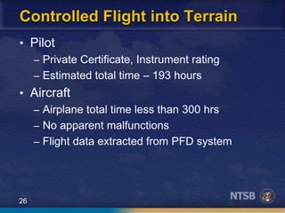 26
Controlled Flight into Terrain
• Pilot
– Private Certificate, Instrument rating
– Estimated total time – 193 hours
• Aircraft
– Airplane total time less than 300 hrs
– No apparent malfunctions
– Flight data extracted from PFD system
 