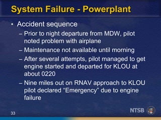 33
System Failure - Powerplant
• Accident sequence
– Prior to night departure from MDW, pilot
noted problem with airplane
– Maintenance not available until morning
– After several attempts, pilot managed to get
engine started and departed for KLOU at
about 0220
– Nine miles out on RNAV approach to KLOU
pilot declared “Emergency” due to engine
failure
 