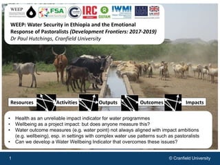 © Cranfield University1 © Cranfield University1
WEEP: Water Security in Ethiopia and the Emotional
Response of Pastoralists (Development Frontiers: 2017-2019)
Dr Paul Hutchings, Cranfield University
• Health as an unreliable impact indicator for water programmes
• Wellbeing as a project impact: but does anyone measure this?
• Water outcome measures (e.g. water point) not always aligned with impact ambitions
(e.g. wellbeing), esp. in settings with complex water use patterns such as pastoralists
• Can we develop a Water Wellbeing Indicator that overcomes these issues?
Resources Activities Outputs Outcomes Impacts
 