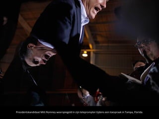 Presidentskandidaat Mitt Romney weerspiegeld in zijn teleprompter tijdens een toespraak in Tampa, Florida.
 