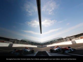 De engelse Force India Formule I piloot, Paul di Resta, weerspiegeld in een raam tijdens een testrit op Silverstone.
 