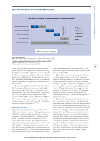 1.9: Creating a Fiber Future: The Regulatory Challenge
Figure 4: Investment (euros per household, CAPEX equivalent)




                                  Fiber benefit case estimation for an average household (30% household penetration)




      Additional willingness to pay1         300            600




                                                                                                   regulatory regime
                                                                                                                       40–50% of the




                                                                                                     Dependent on
     Market share gain/protection2                                          350                                        business case

                                                                                                                       can depend on
         Wholesale value addition3                                                          250
                                                                                                                       the regulatory
              Lower OPEX in fiber4                                                                      350
                                                                                                                       regime

       Total enabled business case                                                                 1,550




                                                   I Directly influenced by regulation



Source: McKinsey analysis.
Notes: This analysis considers incumbent operators with both fixed and mobile business.
1 Based on premium on retail price of €12/month (average over time, including inflation).
2 Based on increased/protected market share and defended wholesale charges.
3 Change from passive to active wholesale products.
4 Forced migration to new fiber network (shut down PSTN).

                                                                                                                                                 103
in the few areas where this makes economic sense for                                clear regulations enabling a robust calculation of the
private operators, notably greenfield, upmarket building                            payoff, their approaches to investors for capital to build
developments where fiber deployment costs are relatively                            fiber networks will fail.
low. Private operators in emerging markets such as China,                                 Figure 4 shows how heavily an operator’s business
India, or the Middle East are therefore likely to roll out                          case for deploying fiber depends on the regulatory
fiber networks of substantial size because of the natural                           regime. Regulation influences an operator’s return on
expected expansion and upgrading of housing stock in                                its fiber investments because it may affect consumers’
these markets.                                                                      willingness to pay for connection, control prices on new
     In more developed markets, however, where green-                               services, or delay savings from improved operational
field housing developments are now rare, with market                                costs by delaying the transition from copper to fiber
forces alone it will take decades to upgrade the infra-                             networks. As a result, 40 to 50 percent of a European
structure to FTTH. Only in high-income, high-density                                incumbent operator’s potential average return per
areas or in areas where several infrastructure players                              household on investing in a fiber network depends on
compete will FTTH be deployed. Operators will likely                                regulatory decisions.
roll out to most other areas a variety of lower-speed                                     Operators fear that regulators will apply to new
broadband options in the short term, such as broadband                              fiber networks the old approach to broadband regula-
delivered via fiber-to-the-curb (FTTC).                                             tion, enforcing a wholesale regime that allows competi-
                                                                                    tors to use an incumbent’s network infrastructure. This
Regulatory uncertainty                                                              kind of approach is likely to cap prices that incumbent
Regulations governing fiber access networks need to                                 operators can charge for wholesale fiber, significantly
take into account the economic challenges for operators                             limiting the value of their investment in the network.
of deploying such networks, especially the enormous                                 Indeed, in those countries that have adopted such an
investment costs and demand risks. Consistent regula-                               approach, there has been less investment in new fiber
tion is a necessary condition for investment in such                                infrastructures than governments have desired because
an uncertain market context. But operators in many                                  of uncertainty about the future income streams that
regions face continuing uncertainty about whether and                               incumbents will earn from their investment. On the
how regulators will grant competitors access to newly                               other hand, if regulators make rules to protect incum-
built fiber networks, making returns from investment in                             bents from competition on their new fiber networks
fiber networks difficult to calculate. Telecommunications                           for a given period, they can risk creating another
executives around the world are concerned that, absent                              monopoly.


                         The Global Information Technology Report 2010–2011 © 2011 World Economic Forum
 