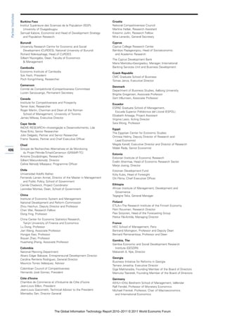 Partner Institutes

                      Burkina Faso                                                    Croatia
                      lnstitut Supérieure des Sciences de la Population (ISSP),       National Competitiveness Council
                        University of Ouagadougou                                     Martina Hatlak, Research Assistant
                      Samuel Kabore, Economist and Head of Development Strategy       Kresimir Jurlin, Research Fellow
                        and Population Research                                       Mira Lenardic, General Secretary

                      Burundi                                                         Cyprus
                      University Research Centre for Economic and Social              Cyprus College Research Center
                        Development (CURDES), National University of Burundi          Bambos Papageorgiou, Head of Socioeconomic
                      Richard Ndereyahaga, Head of CURDES                               and Academic Research
                      Gilbert Niyongabo, Dean, Faculty of Economics
                                                                                      The Cyprus Development Bank
                        & Management
                                                                                      Maria Markidou-Georgiadou, Manager, International
                      Cambodia                                                        Banking Services Unit and Business Development
                      Economic Institute of Cambodia
                                                                                      Czech Republic
                      Sok Hach, President
                                                                                      CMC Graduate School of Business
                      Poch Kongchheng, Researcher
                                                                                      Tomas Janca, Executive Director
                      Cameroon
                                                                                      Denmark
                      Comité de Compétitivité (Competitiveness Committee)
                                                                                      Department of Business Studies, Aalborg University
                      Lucien Sanzouango, Permanent Secretary
                                                                                      Birgitte Gregersen, Associate Professor
                      Canada                                                          Gert Villumsen, Associate Professor
                      Institute for Competitiveness and Prosperity
                                                                                      Ecuador
                      Tamer Azer, Researcher
                                                                                      ESPAE Graduate School of Management,
                      Roger Martin, Chairman and Dean of the Rotman
                                                                                         Escuela Superior Politécnica del Litoral (ESPOL)
                        School of Management, University of Toronto
                                                                                      Elizabeth Arteaga, Project Assistant
                      James Milway, Executive Director
                                                                                      Virginia Lasio, Acting Director
                      Cape Verde                                                      Sara Wong, Professor
                      INOVE RESEARCH—Investigação e Desenvolvimento, Lda
                                                                                      Egypt
                      Rosa Brito, Senior Researcher
                                                                                      The Egyptian Center for Economic Studies
                      Júlio Delgado, Partner and Senior Researcher
                                                                                      Omneia Helmy, Deputy Director of Research and
                      Frantz Tavares, Partner and Chief Executive Officer
                                                                                        Lead Economist
                      Chad                                                            Magda Kandil, Executive Director and Director of Research
                      Groupe de Recherches Alternatives et de Monitoring              Malak Reda, Senior Economist
406
                        du Projet Pétrole-Tchad-Cameroun (GRAMP-TC)
                                                                                      Estonia
                      Antoine Doudjidingao, Researcher
                                                                                      Estonian Institute of Economic Research
                      Gilbert Maoundonodji, Director
                                                                                      Evelin Ahermaa, Head of Economic Research Sector
                      Celine Nénodji Mbaipeur, Programme Officer
                                                                                      Marje Josing, Director
                      Chile                                                           Estonian Development Fund
                      Universidad Adolfo Ibáñez                                       Kitty Kubo, Head of Foresight
                      Fernando Larrain Aninat, Director of the Master in Management   Ott Pärna, Chief Executive Officer
                        and Public Policy, School of Government
                      Camila Chadwick, Project Coordinator                            Ethiopia
                      Leonidas Montes, Dean, School of Government                     African Institute of Management, Development and
                                                                                        Governance
                      China                                                           Tegegne Teka, General Manager
                      Institute of Economic System and Management
                      National Development and Reform Commission                      Finland
                      Zhou Haichun, Deputy Director and Professor                     ETLA—The Research Institute of the Finnish Economy
                      Chen Wei, Research Fellow                                       Petri Rouvinen, Research Director
                      Dong Ying, Professor                                            Pasi Sorjonen, Head of the Forecasting Group
                                                                                      Pekka Ylä-Anttila, Managing Director
                      China Center for Economic Statistics Research,
                        Tianjin University of Finance and Economics                   France
                      Lu Dong, Professor                                              HEC School of Management, Paris
                      Jian Wang, Associate Professor                                  Bertrand Moingeon, Professor and Deputy Dean
                      Hongye Xiao, Professor                                          Bernard Ramanantsoa, Professor and Dean
                      Bojuan Zhao, Professor
                                                                                      Gambia, The
                      Huazhang Zheng, Associate Professor
                                                                                      Gambia Economic and Social Development Research
                      Colombia                                                         Institute (GESDRI)
                      National Planning Department                                    Makaireh A. Njie, Director
                      Alvaro Edgar Balcazar, Entrepreneurial Development Director
                                                                                      Georgia
                      Carolina Rentería Rodríguez, General Director
                                                                                      Business Initiative for Reforms in Georgia
                      Mauricio Torres Velásquez, Advisor
                                                                                      Tamara Janashia, Executive Director
                      Colombian Council of Competitiveness                            Giga Makharadze, Founding Member of the Board of Directors
                      Hernando José Gomez, President                                  Mamuka Tsereteli, Founding Member of the Board of Directors
                      Côte d’Ivoire                                                   Germany
                      Chambre de Commerce et d’Industrie de Côte d’Ivoire             WHU—Otto Beisheim School of Management, Vallendar
                      Jean-Louis Billon, President                                    Ralf Fendel, Professor of Monetary Economics
                      Jean-Louis Giacometti, Technical Advisor to the President       Michael Frenkel, Professor, Chair of Macroeconomics
                      Mamadou Sarr, Director General                                    and International Economics




                                                The Global Information Technology Report 2010–2011 © 2011 World Economic Forum
 