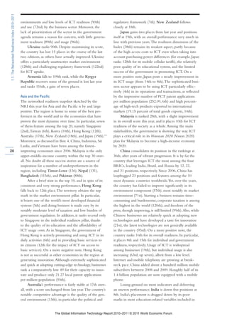 1.1: The Networked Readiness Index 2010–2011

                                               environments and low levels of ICT readiness (90th)            regulatory framework (7th). New Zealand follows
                                               and use (72nd) by the business sector. Moreover, the           closely at 18th.
                                               lack of prioritization of the sector in the government               Japan gains two places from last year and positions
                                               agenda remains a reason for concern, with little govern-       itself at 19th, with an overall performance very much in
                                               ment readiness (89th) and usage (96th).                        line with previous years. The readiness dimension of the
                                                    Ukraine ranks 90th. Despite maintaining its score,        Index (38th) remains its weakest aspect, partly because
                                               the country has lost 15 places in the course of the last       of the high access costs to ICT even when taking into
                                               two editions, as others have actually improved. Ukraine        account purchasing power differences (for example, Japan
                                               offers a particularly unattractive market environment          ranks 128th for its mobile cellular tariffs), the relatively
                                               (128th) and challenging regulatory framework (122nd)           poor quality of its educational system, and the limited
                                               for ICT uptake.                                                success of the government in promoting ICT. On a
                                                    Armenia falls to 109th rank, while the Kyrgyz             more positive note, Japan posts a steady improvement in
                                               Republic recovers some of the ground it lost last year         its ICT usage (from 14th to 8th). The sophisticated busi-
                                               and ranks 116th, a gain of seven places.                       ness sector appears to be using ICT particularly effec-
                                                                                                              tively (4th) in its operations and transactions, as reflected
                                               Asia and the Pacific                                           by the impressive number of PCT patent applications
                                               The networked readiness snapshot sketched by the               per million population (252.09, 6th) and high percent-
                                               NRI this year for Asia and the Pacific is by and large         age of high-tech products exported to international
                                               positive. The region is home to some of the best per-          markets (19.15 percent of total goods exports, 14th).
                                               formers in the world and to the economies that have                  Malaysia is ranked 28th, with a slight improvement
                                               proven the most dynamic over time. In particular, seven        in its overall score this year, and it places 10th for ICT
                                               of them feature among the top 20, namely Singapore             readiness of the society as a whole. Among the main
                                               (2nd), Taiwan (6th), Korea (10th), Hong Kong (12th),           stakeholders, the government is showing the way. ICT
                                               Australia (17th), New Zealand (18th), and Japan (19th).19      plays a critical role in its Wawasan 2020 (Vision 2020)
                                               Moreover, as discussed in Box 4, China, Indonesia, Sri         plan for Malaysia to become a high-income economy
                                               Lanka, and Vietnam have been among the fastest-                by 2020.
24                                             improving economies since 2006. Malaysia is the only                 China consolidates its position in the rankings at
                                               upper-middle-income country within the top 30 over-            36th, after years of vibrant progression. It is by far the
                                               all. No doubt all these success stories are a source of        country that leverages ICT the most among the four
                                               inspiration for a number of underperformers in the             BRICs, leading India, Brazil, and Russia by 12, 22,
                                               region, including Timor-Leste (136), Nepal (131),              and 31 positions, respectively. Since 2006, China has
                                               Bangladesh (115th), and Pakistan (88th).                       leapfrogged 23 positions and features among the 10
                                                     After a brief stint in the top 10, and in spite of its   most dynamic countries worldwide. Yet, over the years,
                                               consistent and very strong performance, Hong Kong              the country has failed to improve significantly in its
                                               falls back to 12th place. The territory obtains the top        environment component (57th), most notably its market
                                               mark in the market environment pillar. In particular,          environment (71st). Starting a business remains time-
                                               it boasts one of the world’s most developed financial          consuming and burdensome; corporate taxation is among
                                               systems (5th) and doing business is made easy by its           the highest in the world (120th); and freedom of the
                                               notably moderate level of taxation and low burden of           press, though improving, is still limited (99th). Also, while
                                               government regulation. In addition, it ranks second only       Chinese businesses are relatively quick at adopting new
                                               to Singapore in the individual readiness pillar, thanks        technologies and have developed a taste for innovation
                                               to the quality of its education and the affordability of       (21st), the latest technologies are not generally available
                                               ICT usage costs. As in Singapore, the government of            in the country (93rd). On a more positive note, the
                                               Hong Kong is actively promoting and using ICT in its           country ranks 16th for its overall readiness. In particular,
                                               daily activities (6th) and in providing basic services to      it places 8th and 15th for individual and government
                                               its citizens (12th for the impact of ICT on access to          readiness, respectively. Usage of ICT is widespread
                                               basic services). On a more negative note, Hong Kong            among businesses (19th), but individual usage is also
                                               is not as successful as other economies in the region at       increasing (63rd, up seven), albeit from a low level.
                                               generating innovation. Although extremely sophisticated        Internet and mobile telephony are growing at break-
                                               and quick at adopting cutting-edge technology, businesses      neck pace. China added about a hundred million mobile
                                               rank a comparatively low 49 for their capacity to inno-        subscribers between 2008 and 2009. Roughly half of its
                                               vate and produce only 21.27 local patent applications          1.4 billion population are now equipped with a mobile
                                               per million population (55th).                                 phone.
                                                     Australia’s performance is fairly stable at 17th over-         Losing ground on most indicators and delivering
                                               all, with a score unchanged from last year. The country’s      an uneven performance, India is down five positions at
                                               notable competitive advantage is the quality of the gen-       8th. India’s placement is dragged down by its poor
                                               eral environment (13th), in particular the political and       marks in most education-related variables included in


                                                                      The Global Information Technology Report 2010–2011 © 2011 World Economic Forum
 
