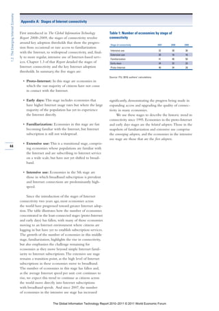 1.2: The Emerging Internet Economy

                                     Appendix A: Stages of Internet connectivity


                                     First introduced in The Global Information Technology          Table 1: Number of economies by stage of
                                     Report 2008–2009, the stages of connectivity revolve           connectivity
                                     around key adoption thresholds that show the progres-
                                                                                                     Stage of connectivity                      2007   2008   2009
                                     sion from occasional or rare access to familiarization
                                                                                                     Intensive use                              22     28     30
                                     with the Internet, to widespread connectivity, and, final-
                                                                                                     Extensive use                              20     16     16
                                     ly to more regular, intensive use of Internet-based serv-       Familiarization                            41     46     50
                                     ices. Chapter 1.3 of that Report detailed the stages of         Early days                                 34     33     33
                                     Internet connectivity and the key Internet adoption             Proto-Internet                             40     34     28
                                     thresholds. In summary, the five stages are:
                                                                                                    Source: ITU, 2010; authors’ calculations.
                                       • Proto-Internet: In this stage are economies in
                                         which the vast majority of citizens have not come
                                         in contact with the Internet.

                                       • Early days: This stage includes economies that             significantly, demonstrating the progress being made in
                                         have higher Internet usage rates but where the large       expanding access and upgrading the quality of connec-
                                         majority of the population has yet to experience           tivity in many economies.
                                         the Internet directly.                                           We use these stages to describe the historic trend in
                                                                                                    connectivity since 1995. Economies in the proto-Internet
                                       • Familiarization: Economies in this stage are fast          and early days stages are the belated adopters. Those in the
                                         becoming familiar with the Internet, but Internet          snapshots of familiarization and extensive use comprise
                                         subscription is still not widespread.                      the converging adopters, and the economies in the intensive
                                                                                                    use stage are those that are the first adopters.
                                       • Extensive use: This is a transitional stage, compris-
44
                                         ing economies whose populations are familiar with
                                         the Internet and are subscribing to Internet service
                                         on a wide scale, but have not yet shifted to broad-
                                         band.

                                       • Intensive use: Economies in the 5th stage are
                                         those in which broadband subscription is prevalent
                                         and Internet connections are predominantly high-
                                         speed.

                                           Since the introduction of the stages of Internet
                                     connectivity two years ago, most economies across
                                     the world have progressed toward greater Internet adop-
                                     tion. The table illustrates how the number of economies
                                     concentrated in the least-connected stages (proto-Internet
                                     and early days) has fallen, with many of those economies
                                     moving to an Internet environment where citizens are
                                     logging in but have yet to establish subscription services.
                                     The growth of the number of economies in this middle
                                     stage, familiarization, highlights the rise in connectivity,
                                     but also emphasizes the challenge remaining for
                                     economies as they move beyond simple Internet famil-
                                     iarity to Internet subscriptions. The extensive use stage
                                     remains a transition point, as the high level of Internet
                                     subscriptions in these economies move to broadband.
                                     The number of economies in this stage has fallen and,
                                     as the average Internet speed per unit cost continues to
                                     rise, we expect this trend to continue as citizens across
                                     the world move directly into Internet subscriptions
                                     with broadband speeds. And since 2007, the number
                                     of economies in the intensive use stage has increased


                                                            The Global Information Technology Report 2010–2011 © 2011 World Economic Forum
 