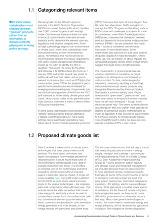 Categorizing relevant items
1.1
Climate goods can be difficult to pinpoint
precisely in the World Customs Organization
(WCO) Harmonized System (HS), which classifies
over 5,000 commodity groups with six-digit
codes. Countries use these as a basis for trade
in terms of customs tariffs, international trade
statistics and to determine the relevant rules and
regulations that must be complied with. Some
six-digit subheadings single out an environmental
or climate good, while other subheadings cover
both environmental and non-environmental
goods. Nonetheless, that has not proved an
insurmountable obstacle in previous negotiations,
with policy-makers using product descriptions
known as “ex-outs” to identify the item in
question.5
The recent HS review for the 2022
tariff schedule (HS-2022) entered into force on 1
January 2022 and added several new goods or
additional tariff lines that better capture goods
rele­
vant to climate action – such as LED lights that
consume less power.6
While this progress is good,
specific harmonized codes are still needed for
emerging environmental goods. Governments can
use the forthcoming review of the HS for the 2027
tariff schedule to further clarify climate goods tariff
codes. More precise codes would generate better
trade statistics and make it easier to detect where
NTBs pose trade barriers.7
In some cases, stakeholders must choose between
“greener” products rather than an alternative,
a debate currently playing out in many policy
settings. Some past trade negotiations have
talked about “environmentally preferable products”
(EPPs) that cause less harm at some stage in their
life cycle than alternatives. Tariffs are higher on
average for EPPs.8
Progress on liberalizing trade in
EPPs comes with challenges to address. In some
circumstances, under World Trade Organization
(WTO) rules, measures that distinguish between
products based only on processes and production
methods (PPMs) – but are otherwise “like” each
other – could be considered discriminatory
(discussed in more detail below). Some
stakeholders also advocate for a life cycle analysis
on goods targeted for trade liberalization, where
water use, soil, air pollution or labour impacts are
considered alongside climate effect, though others
suggest this could prove a lengthy process.
The private sector or governments may use
voluntary standards or mandatory technical
regulations to distinguish products based on
carbon content. To date, methodologies for
calculating, measuring, reporting and verifying
carbon intensity across various products vary,
though the Greenhouse Gas Protocol Product
Standard is a common starting point. Global
standards for “green steel”, “green cement” and
other alternatives for emissions-intensive materials
have not yet been developed – though some
efforts are under way.9
The extent to which carbon
accounting can feed into a green trade agenda will
depend on consensus around methodologies as
much as approach. It may be wise for governments
to first focus primarily on climate goods that are
more straightforward to define but leave an open
agenda to address EPPs in due course.
Proposed climate goods list
1.2
In some cases,
stakeholders must
choose between
“greener” products
rather than an
alternative, a
debate currently
playing out in many
policy settings.
Table 2 outlines a reference list of climate action
technologies that trade policy-makers could
prioritize. The list is based on industry and
expert consultations on immediate priorities for
decarbonization. It could inspire trade talks on
environmental or climate goods or be used to
evaluate outcomes from these. The list offers
an impartial view of the technologies and items
needed for climate action without prejudice
against a particular national interest. A longer list
is also available here, noting HS codes (updated
for HS-2022), ex-outs where relevant and key
inputs to the various technologies – like materials,
parts and components, often with dual uses. That
includes items like static converters that convert
solar energy into electricity and can be used to
convert direct current from photovoltaic/solar cells
into conventional alternating current electricity.
Static converters are also used in other renewable
energy generation and, more broadly, in low-
voltage devices like computers and power tools.
The list covers three sectors that will play a critical
role in reaching net-zero emissions – energy
supply, transport and buildings – according to
the Intergovernmental Panel on Climate Change
(IPCC) Sixth Assessment Report (Working
Group III).10
Some goods for carbon capture
and storage (CCS) and refrigerant management
are included because these are also expected
to have significant climate mitigation impacts.
Examples of some of the most impactful (in terms
of emissions cuts) items listed are wind and
solar power, heat pumps, alternative refrigerants,
insulation, LED lighting, electric cars and biogas
stoves. While agriculture is another major source
of emissions, the list does not include mitigation
technologies like seeds, as these could prove
difficult for governments to collaborate on as a
first step. Many other general technologies on
the list, like those linked to renewable energy and
energy efficiency, will be necessary for agriculture
mitigation. Technologies for climate adaptation,
Accelerating Decarbonization through Trade in Climate Goods and Services 8
 
