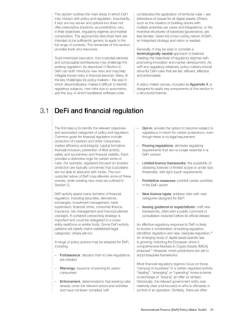 This section outlines the main areas in which DeFi
may interact with policy and regulation. Importantly,
it lays out key i...