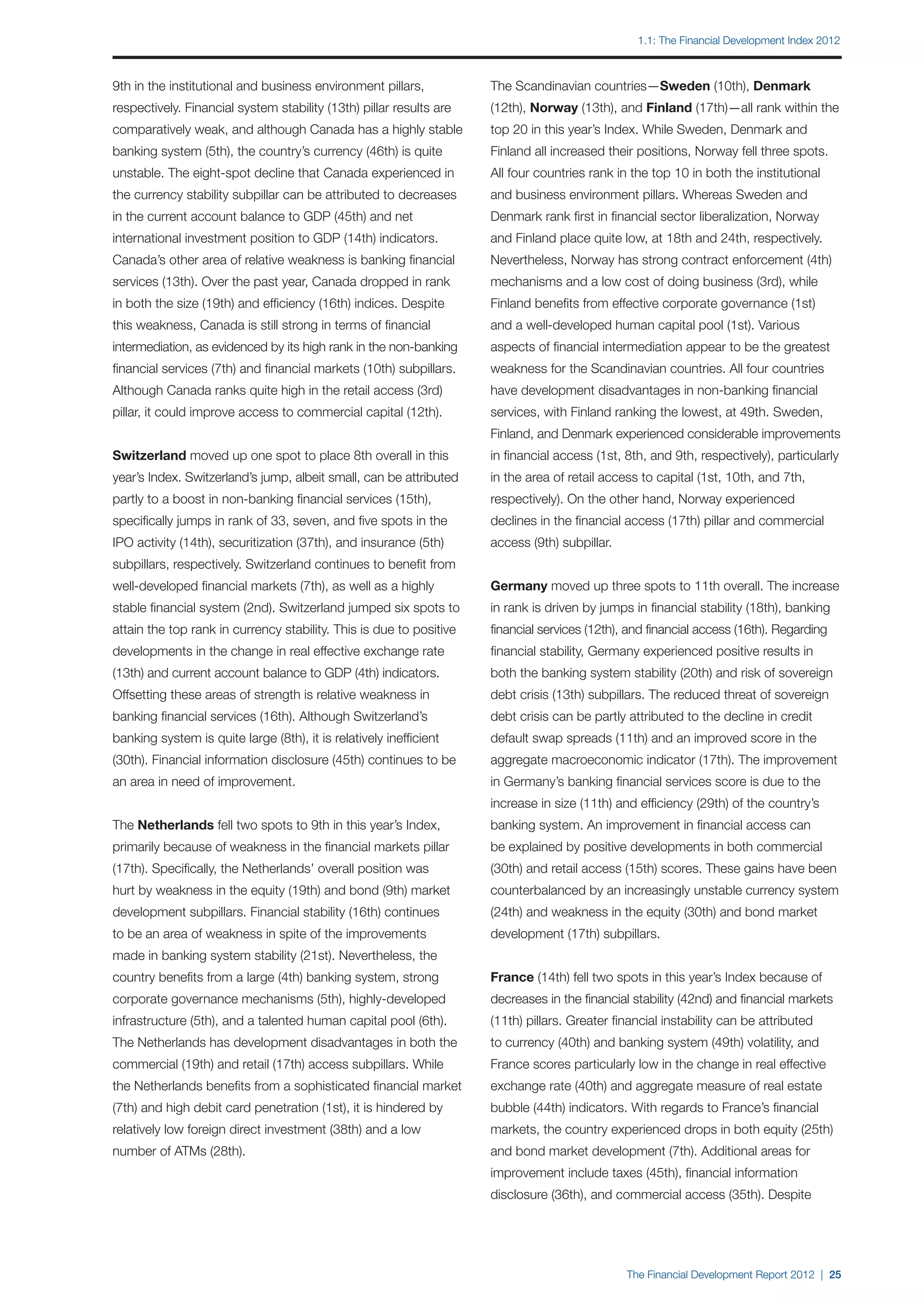 1.1: The Financial Development Index 2012



9th in the institutional and business environment pillars,           The Scandinavian countries—Sweden (10th), Denmark
respectively. Financial system stability (13th) pillar results are   (12th), Norway (13th), and Finland (17th)—all rank within the
comparatively weak, and although Canada has a highly stable          top 20 in this year’s Index. While Sweden, Denmark and
banking system (5th), the country’s currency (46th) is quite         Finland all increased their positions, Norway fell three spots.
unstable. The eight-spot decline that Canada experienced in          All four countries rank in the top 10 in both the institutional
the currency stability subpillar can be attributed to decreases      and business environment pillars. Whereas Sweden and
in the current account balance to GDP (45th) and net                 Denmark rank first in financial sector liberalization, Norway
international investment position to GDP (14th) indicators.          and Finland place quite low, at 18th and 24th, respectively.
Canada’s other area of relative weakness is banking financial        Nevertheless, Norway has strong contract enforcement (4th)
services (13th). Over the past year, Canada dropped in rank          mechanisms and a low cost of doing business (3rd), while
in both the size (19th) and efficiency (16th) indices. Despite       Finland benefits from effective corporate governance (1st)
this weakness, Canada is still strong in terms of financial          and a well-developed human capital pool (1st). Various
intermediation, as evidenced by its high rank in the non-banking     aspects of financial intermediation appear to be the greatest
financial services (7th) and financial markets (10th) subpillars.    weakness for the Scandinavian countries. All four countries
Although Canada ranks quite high in the retail access (3rd)          have development disadvantages in non-banking financial
pillar, it could improve access to commercial capital (12th).        services, with Finland ranking the lowest, at 49th. Sweden,
                                                                     Finland, and Denmark experienced considerable improvements
Switzerland moved up one spot to place 8th overall in this           in financial access (1st, 8th, and 9th, respectively), particularly
year’s Index. Switzerland’s jump, albeit small, can be attributed    in the area of retail access to capital (1st, 10th, and 7th,
partly to a boost in non-banking financial services (15th),          respectively). On the other hand, Norway experienced
specifically jumps in rank of 33, seven, and five spots in the       declines in the financial access (17th) pillar and commercial
IPO activity (14th), securitization (37th), and insurance (5th)      access (9th) subpillar.
subpillars, respectively. Switzerland continues to benefit from
well-developed financial markets (7th), as well as a highly          Germany moved up three spots to 11th overall. The increase
stable financial system (2nd). Switzerland jumped six spots to       in rank is driven by jumps in financial stability (18th), banking
attain the top rank in currency stability. This is due to positive   financial services (12th), and financial access (16th). Regarding
developments in the change in real effective exchange rate           financial stability, Germany experienced positive results in
(13th) and current account balance to GDP (4th) indicators.          both the banking system stability (20th) and risk of sovereign
Offsetting these areas of strength is relative weakness in           debt crisis (13th) subpillars. The reduced threat of sovereign
banking financial services (16th). Although Switzerland’s            debt crisis can be partly attributed to the decline in credit
banking system is quite large (8th), it is relatively inefficient    default swap spreads (11th) and an improved score in the
(30th). Financial information disclosure (45th) continues to be      aggregate macroeconomic indicator (17th). The improvement
an area in need of improvement.                                      in Germany’s banking financial services score is due to the
                                                                     increase in size (11th) and efficiency (29th) of the country’s
The Netherlands fell two spots to 9th in this year’s Index,          banking system. An improvement in financial access can
primarily because of weakness in the financial markets pillar        be explained by positive developments in both commercial
(17th). Specifically, the Netherlands’ overall position was          (30th) and retail access (15th) scores. These gains have been
hurt by weakness in the equity (19th) and bond (9th) market          counterbalanced by an increasingly unstable currency system
development subpillars. Financial stability (16th) continues         (24th) and weakness in the equity (30th) and bond market
to be an area of weakness in spite of the improvements               development (17th) subpillars.
made in banking system stability (21st). Nevertheless, the
country benefits from a large (4th) banking system, strong           France (14th) fell two spots in this year’s Index because of
corporate governance mechanisms (5th), highly-developed              decreases in the financial stability (42nd) and financial markets
infrastructure (5th), and a talented human capital pool (6th).       (11th) pillars. Greater financial instability can be attributed
The Netherlands has development disadvantages in both the            to currency (40th) and banking system (49th) volatility, and
commercial (19th) and retail (17th) access subpillars. While         France scores particularly low in the change in real effective
the Netherlands benefits from a sophisticated financial market       exchange rate (40th) and aggregate measure of real estate
(7th) and high debit card penetration (1st), it is hindered by       bubble (44th) indicators. With regards to France’s financial
relatively low foreign direct investment (38th) and a low            markets, the country experienced drops in both equity (25th)
number of ATMs (28th).                                               and bond market development (7th). Additional areas for
                                                                     improvement include taxes (45th), financial information
                                                                     disclosure (36th), and commercial access (35th). Despite




                                                                                               The Financial Development Report 2012 | 25
 