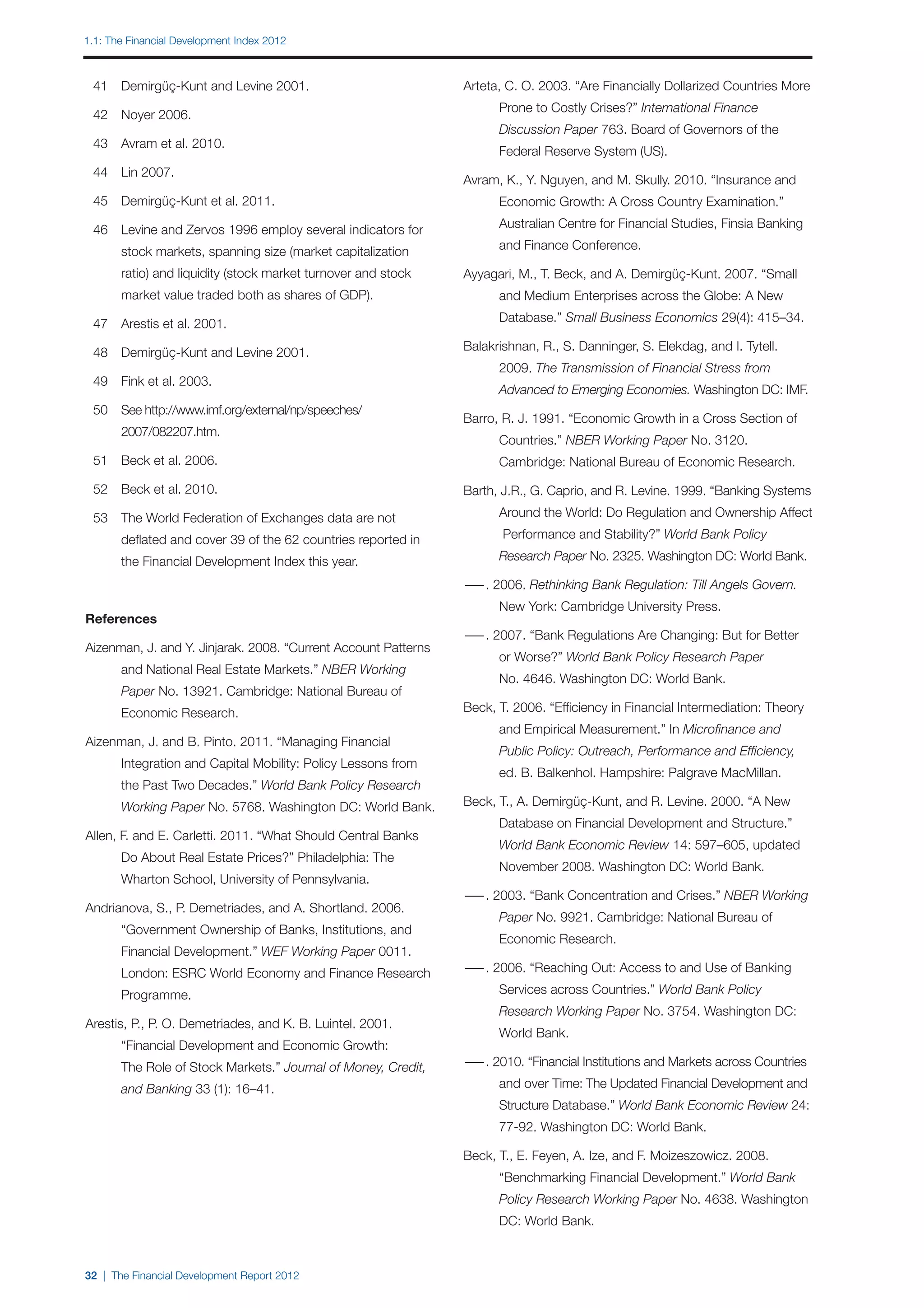 1.1: The Financial Development Index 2012



	 41	 Demirgüç-Kunt and Levine 2001.                            Arteta, C. O. 2003. “Are Financially Dollarized Countries More
                                                                		    Prone to Costly Crises?” International Finance
	 42	 Noyer 2006.
                                                                		    Discussion Paper 763. Board of Governors of the
	 43	 Avram et al. 2010.
                                                                		    Federal Reserve System (US).
	 44	 Lin 2007.
                                                                Avram, K., Y. Nguyen, and M. Skully. 2010. “Insurance and
	 45	 Demirgüç-Kunt et al. 2011.                                		    Economic Growth: A Cross Country Examination.”

	 46	 Levine and Zervos 1996 employ several indicators for      		    Australian Centre for Financial Studies, Finsia Banking

		     stock markets, spanning size (market capitalization      		    and Finance Conference.

		     ratio) and liquidity (stock market turnover and stock    Ayyagari, M., T. Beck, and A. Demirgüç-Kunt. 2007. “Small
		     market value traded both as shares of GDP).              		    and Medium Enterprises across the Globe: A New

	 47	 Arestis et al. 2001.                                      		    Database.” Small Business Economics 29(4): 415–34.

	 48	 Demirgüç-Kunt and Levine 2001.                            Balakrishnan, R., S. Danninger, S. Elekdag, and I. Tytell.
                                                                		    2009. The Transmission of Financial Stress from
	 49	 Fink et al. 2003.
                                                                		    Advanced to Emerging Economies. Washington DC: IMF.
	 50	 See http://www.imf.org/external/np/speeches/
                                                                Barro, R. J. 1991. “Economic Growth in a Cross Section of
		     2007/082207.htm.
                                                                		    Countries.” NBER Working Paper No. 3120.
	 51	 Beck et al. 2006.                                         		    Cambridge: National Bureau of Economic Research.

	 52	 Beck et al. 2010.                                         Barth, J.R., G. Caprio, and R. Levine. 1999. “Banking Systems

	 53	 The World Federation of Exchanges data are not            		    Around the World: Do Regulation and Ownership Affect

		     deflated and cover 39 of the 62 countries reported in    		     Performance and Stability?” World Bank Policy

		     the Financial Development Index this year.               		    Research Paper No. 2325. Washington DC: World Bank.

                                                                — 2006. Rethinking Bank Regulation: Till Angels Govern.
                                                                 —.
                                                                		    New York: Cambridge University Press.
References
                                                                — 2007. “Bank Regulations Are Changing: But for Better
                                                                 —.
Aizenman, J. and Y. Jinjarak. 2008. “Current Account Patterns
                                                                		    or Worse?” World Bank Policy Research Paper
		     and National Real Estate Markets.” NBER Working
                                                                		    No. 4646. Washington DC: World Bank.
		     Paper No. 13921. Cambridge: National Bureau of
		     Economic Research.                                       Beck, T. 2006. “Efficiency in Financial Intermediation: Theory
                                                                		    and Empirical Measurement.” In Microfinance and
Aizenman, J. and B. Pinto. 2011. “Managing Financial
                                                                		    Public Policy: Outreach, Performance and Efficiency,
		     Integration and Capital Mobility: Policy Lessons from
                                                                		    ed. B. Balkenhol. Hampshire: Palgrave MacMillan.
		     the Past Two Decades.” World Bank Policy Research
		     Working Paper No. 5768. Washington DC: World Bank.       Beck, T., A. Demirgüç-Kunt, and R. Levine. 2000. “A New
                                                                		    Database on Financial Development and Structure.”
Allen, F. and E. Carletti. 2011. “What Should Central Banks
                                                                		    World Bank Economic Review 14: 597–605, updated
		     Do About Real Estate Prices?” Philadelphia: The
                                                                		    November 2008. Washington DC: World Bank.
		     Wharton School, University of Pennsylvania.
                                                                — 2003. “Bank Concentration and Crises.” NBER Working
                                                                 —.
Andrianova, S., P. Demetriades, and A. Shortland. 2006.
                                                                		    Paper No. 9921. Cambridge: National Bureau of
		     “Government Ownership of Banks, Institutions, and
                                                                		    Economic Research.
		     Financial Development.” WEF Working Paper 0011.
		     London: ESRC World Economy and Finance Research          — 2006. “Reaching Out: Access to and Use of Banking
                                                                 —.

		     Programme.                                               		    Services across Countries.” World Bank Policy
                                                                		    Research Working Paper No. 3754. Washington DC:
Arestis, P., P. O. Demetriades, and K. B. Luintel. 2001.
                                                                		    World Bank.
		     “Financial Development and Economic Growth:
		     The Role of Stock Markets.” Journal of Money, Credit,    — 2010. “Financial Institutions and Markets across Countries
                                                                 —.

		     and Banking 33 (1): 16–41.                               		    and over Time: The Updated Financial Development and 	
                                                                		    Structure Database.” World Bank Economic Review 24: 	
                                                                		    77-92. Washington DC: World Bank.

                                                                Beck, T., E. Feyen, A. Ize, and F. Moizeszowicz. 2008.
                                                                		    “Benchmarking Financial Development.” World Bank
                                                                		    Policy Research Working Paper No. 4638. Washington
                                                                		    DC: World Bank.



32 | The Financial Development Report 2012
 