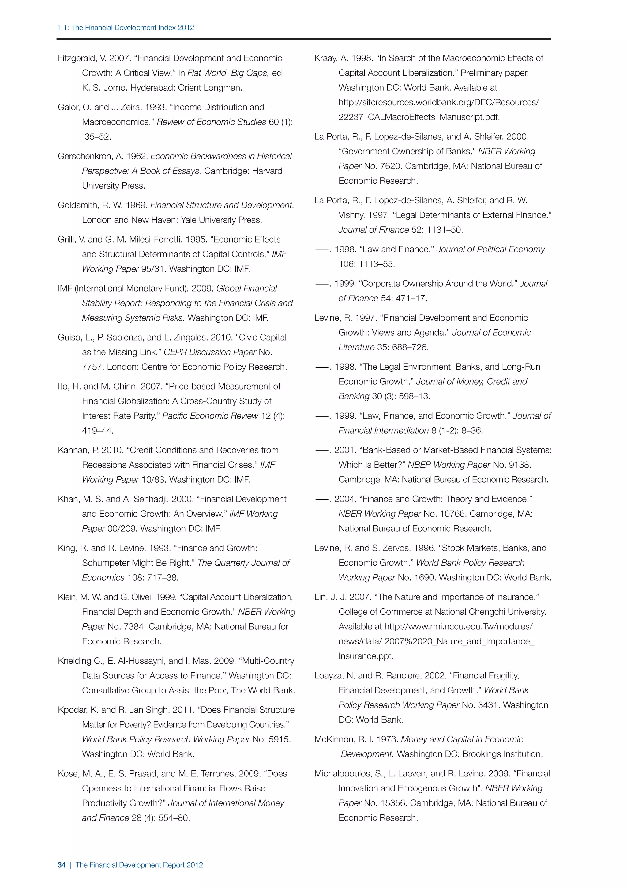 1.1: The Financial Development Index 2012



Fitzgerald, V. 2007. “Financial Development and Economic             Kraay, A. 1998. “In Search of the Macroeconomic Effects of
		     Growth: A Critical View.” In Flat World, Big Gaps, ed.        		    Capital Account Liberalization.” Preliminary paper.
		     K. S. Jomo. Hyderabad: Orient Longman.                        		    Washington DC: World Bank. Available at
                                                                     		    http://siteresources.worldbank.org/DEC/Resources/
Galor, O. and J. Zeira. 1993. “Income Distribution and
                                                                     		    22237_CALMacroEffects_Manuscript.pdf.
		     Macroeconomics.” Review of Economic Studies 60 (1):
		      35–52.                                                       La Porta, R., F. Lopez-de-Silanes, and A. Shleifer. 2000.
                                                                     		    “Government Ownership of Banks.” NBER Working
Gerschenkron, A. 1962. Economic Backwardness in Historical
                                                                     		    Paper No. 7620. Cambridge, MA: National Bureau of
		     Perspective: A Book of Essays. Cambridge: Harvard
                                                                     		    Economic Research.
		     University Press.
                                                                     La Porta, R., F. Lopez-de-Silanes, A. Shleifer, and R. W.
Goldsmith, R. W. 1969. Financial Structure and Development.
                                                                     		    Vishny. 1997. “Legal Determinants of External Finance.”
		     London and New Haven: Yale University Press.
                                                                     		    Journal of Finance 52: 1131–50.
Grilli, V. and G. M. Milesi-Ferretti. 1995. “Economic Effects
                                                                     — 1998. “Law and Finance.” Journal of Political Economy 	
                                                                      —.
		     and Structural Determinants of Capital Controls.” IMF 	
                                                                     		    106: 1113–55.
		     Working Paper 95/31. Washington DC: IMF.
                                                                     — 1999. “Corporate Ownership Around the World.” Journal
                                                                      —.
IMF (International Monetary Fund). 2009. Global Financial
                                                                     		    of Finance 54: 471–17.
		     Stability Report: Responding to the Financial Crisis and
		     Measuring Systemic Risks. Washington DC: IMF.                 Levine, R. 1997. “Financial Development and Economic
                                                                     		    Growth: Views and Agenda.” Journal of Economic
Guiso, L., P. Sapienza, and L. Zingales. 2010. “Civic Capital
                                                                     		    Literature 35: 688–726.
		     as the Missing Link.” CEPR Discussion Paper No.
		     7757. London: Centre for Economic Policy Research.            — 1998. “The Legal Environment, Banks, and Long-Run
                                                                      —.
                                                                     		    Economic Growth.” Journal of Money, Credit and
Ito, H. and M. Chinn. 2007. “Price-based Measurement of
                                                                     		    Banking 30 (3): 598–13.
		     Financial Globalization: A Cross-Country Study of
		     Interest Rate Parity.” Pacific Economic Review 12 (4):        — 1999. “Law, Finance, and Economic Growth.” Journal of
                                                                      —.
		     419–44.                                                       		    Financial Intermediation 8 (1-2): 8–36.

Kannan, P. 2010. “Credit Conditions and Recoveries from              — 2001. “Bank-Based or Market-Based Financial Systems:
                                                                      —.
		     Recessions Associated with Financial Crises.” IMF             		    Which Is Better?” NBER Working Paper No. 9138.
		     Working Paper 10/83. Washington DC: IMF.                      		    Cambridge, MA: National Bureau of Economic Research.

Khan, M. S. and A. Senhadji. 2000. “Financial Development            — 2004. “Finance and Growth: Theory and Evidence.”
                                                                      —.
		     and Economic Growth: An Overview.” IMF Working                		    NBER Working Paper No. 10766. Cambridge, MA:
		     Paper 00/209. Washington DC: IMF.                             		    National Bureau of Economic Research.

King, R. and R. Levine. 1993. “Finance and Growth:                   Levine, R. and S. Zervos. 1996. “Stock Markets, Banks, and
		     Schumpeter Might Be Right.” The Quarterly Journal of          		    Economic Growth.” World Bank Policy Research
		     Economics 108: 717–38.                                        		    Working Paper No. 1690. Washington DC: World Bank.

Klein, M. W. and G. Olivei. 1999. “Capital Account Liberalization,   Lin, J. J. 2007. “The Nature and Importance of Insurance.”
		     Financial Depth and Economic Growth.” NBER Working            		    College of Commerce at National Chengchi University.
		     Paper No. 7384. Cambridge, MA: National Bureau for            		    Available at http://www.rmi.nccu.edu.Tw/modules/
		     Economic Research.                                            		    news/data/ 2007%2020_Nature_and_Importance_
                                                                     		    Insurance.ppt.
Kneiding C., E. Al-Hussayni, and I. Mas. 2009. “Multi-Country
		     Data Sources for Access to Finance.” Washington DC:           Loayza, N. and R. Ranciere. 2002. “Financial Fragility,
		     Consultative Group to Assist the Poor, The World Bank.        		    Financial Development, and Growth.” World Bank
                                                                     		    Policy Research Working Paper No. 3431. Washington
Kpodar, K. and R. Jan Singh. 2011. “Does Financial Structure
                                                                     		    DC: World Bank.
		     Matter for Poverty? Evidence from Developing Countries.”
		     World Bank Policy Research Working Paper No. 5915.            McKinnon, R. I. 1973. Money and Capital in Economic
		     Washington DC: World Bank.                                    		     Development. Washington DC: Brookings Institution.

Kose, M. A., E. S. Prasad, and M. E. Terrones. 2009. “Does           Michalopoulos, S., L. Laeven, and R. Levine. 2009. “Financial
		     Openness to International Financial Flows Raise               		    Innovation and Endogenous Growth”. NBER Working
		     Productivity Growth?” Journal of International Money          		    Paper No. 15356. Cambridge, MA: National Bureau of
		     and Finance 28 (4): 554–80.                                   		    Economic Research.




34 | The Financial Development Report 2012
 