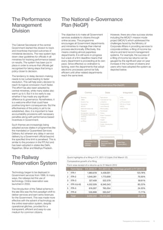 The Performance                                  The National e-Governance
Management                                       Plan (NeGP)
Division
                                                 The objective is to make all Government             However, there are a few success stories
                                                 services available to citizens through              including the MCA21 mission mode
                                                 online access. The programme                        project (MCA21) which addressed the
                                                 encourages all Government departments               challenges faced by the Ministry of
The Cabinet Secretariat of the central
                                                 and ministries to manage their internal             Corporate Affairs in providing services to
Government started this division to track
                                                 process electronically. Effectively, this           corporate entities, e-filing of income tax
and incentivise improved outcomes of
                                                 means creating almost paperless                     returns and land record management
ministerial decisions. The new system lays
                                                 departments. It is still work-in-progress           systems. For example, the success of
down clear guidelines for officials in all
                                                 but a lack of a firm deadline means that            e-filing of income tax returns can be
ministries for tracking performance based
                                                 every department is proceeding at its own           gauged by the significant year-on-year
on results. The system has been put in
                                                 pace. Since effective co-ordination is              increase in the number of citizens and
place in order to ensure that officials get
                                                 lacking, even the departments that adopt            users who have adopted the system as
recognised for taking steps that bring a
                                                 electronic processes cannot be fully                depicted below.
policy closer to decision.
                                                 efficient until other related departments
The tendency to delay decision-making            reach the same level.
needs to be curbed leading to faster
resolution. This will help every decision to
reach its logical conclusion much faster.
The effort has also been adopted by
central ministries, while many states also
warm up to it. But it is too early to say
whether it has made any significant
difference to governance. Nonetheless, it
is a welcome effort that could have
positive long-term consequences. But the
effectiveness of the policy is yet to be
established. Also, it is important to have
accountability provisions with necessary
penalties along with performance-based
incentives in Government.

Such themes are increasingly being
adopted across states in programmes like
the mandated or Guaranteed Services
Delivery Act wherein any delay in service
delivery by a Government official beyond
the specified time limit is penalised. This is
similar to the provision in the RTI Act and
has been adopted in states like Delhi,
Rajasthan, Bihar and Madhya Pradesh.



The Railway                                           Quick highlights of e-filing in F.Y. 2011-12 (Upto 31st March 12)


Reservation System
                                                      Comparative growth of e-filing
                                                      Form wise receipt of e-returns up to 31 March 2012
                                                          Form Name      F.Y. 2010-11 F.Y. 2011-12     Percentage growth in FY 2011-12
Technology began to be deployed in                    1   ITR-1            1,983,618      4,439,001                                 123.78%
Government services from 1996. In many
                                                      2   ITR-2            1,040,281      1,773,659                                  70.50%
ways, the railways led the use of
technology. Online reservation was                    3   ITR-3              327,409        522,579                                   59.61%
launched in 2002.                                     4   ITR 4 & 4S       4,552,028      8,340,343                                  83.22%

The introduction of the Tatkal scheme in              5   ITR-5              616,007        765,054                                  24.20%
the late 90s was the first paradigm shift to          6   ITR-6              530,899        593,047                                   11.71%
deliver services and earn extra revenues                  Total            9,050,242    16,433,683                                    81.58%
for the Government. This was made more
effective with the advent of technology as
the online reservation system, despite
operational glitches, provided for a
transparent, efficient and easy-to-use
medium for common citizens.


                                                                                                                 Transparency for Inclusive Governance   10
 
