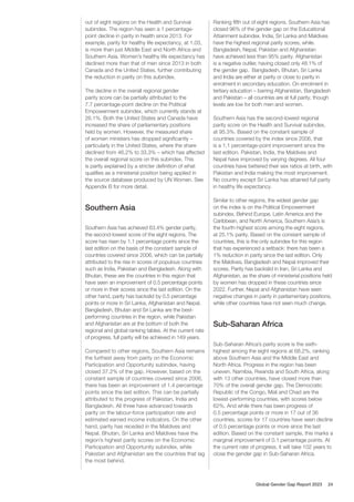 out of eight regions on the Health and Survival
subindex. The region has seen a 1 percentage-
point decline in parity in health since 2013. For
example, parity for healthy life expectancy, at 1.03,
is more than just Middle East and North Africa and
Southern Asia. Women’s healthy life expectancy has
declined more than that of men since 2013 in both
Canada and the United States, further contributing
the reduction in parity on this subindex.
The decline in the overall regional gender
parity score can be partially attributed to the
7.7 percentage-point decline on the Political
Empowerment subindex, which currently stands at
26.1%. Both the United States and Canada have
increased the share of parliamentary positions
held by women. However, the measured share
of women ministers has dropped significantly –
particularly in the United States, where the share
declined from 46.2% to 33.3% – which has affected
the overall regional score on this subindex. This
is partly explained by a stricter definition of what
qualifies as a ministerial position being applied in
the source database produced by UN Women. See
Appendix B for more detail.
Southern Asia
Southern Asia has achieved 63.4% gender parity,
the second-lowest score of the eight regions. The
score has risen by 1.1 percentage points since the
last edition on the basis of the constant sample of
countries covered since 2006, which can be partially
attributed to the rise in scores of populous countries
such as India, Pakistan and Bangladesh. Along with
Bhutan, these are the countries in this region that
have seen an improvement of 0.5 percentage points
or more in their scores since the last edition. On the
other hand, parity has backslid by 0.5 percentage
points or more in Sri Lanka, Afghanistan and Nepal.
Bangladesh, Bhutan and Sri Lanka are the best-
performing countries in the region, while Pakistan
and Afghanistan are at the bottom of both the
regional and global ranking tables. At the current rate
of progress, full parity will be achieved in 149 years.
Compared to other regions, Southern Asia remains
the furthest away from parity on the Economic
Participation and Opportunity subindex, having
closed 37.2% of the gap. However, based on the
constant sample of countries covered since 2006,
there has been an improvement of 1.4 percentage
points since the last edition. This can be partially
attributed to the progress of Pakistan, India and
Bangladesh. All three have advanced towards
parity on the labour-force participation rate and
estimated earned income indicators. On the other
hand, parity has receded in the Maldives and
Nepal. Bhutan, Sri Lanka and Maldives have the
region’s highest parity scores on the Economic
Participation and Opportunity subindex, while
Pakistan and Afghanistan are the countries that lag
the most behind.
Ranking fifth out of eight regions, Southern Asia has
closed 96% of the gender gap on the Educational
Attainment subindex. India, Sri Lanka and Maldives
have the highest regional parity scores, while.
Bangladesh, Nepal, Pakistan and Afghanistan
have achieved less than 95% parity. Afghanistan
is a negative outlier, having closed only 48.1% of
the gender gap. Bangladesh, Bhutan, Sri Lanka
and India are either at parity or close to parity in
enrolment in secondary education. On enrolment in
tertiary education – barring Afghanistan, Bangladesh
and Pakistan – all countries are at full parity, though
levels are low for both men and women.
Southern Asia has the second-lowest regional
parity score on the Health and Survival subindex,
at 95.3%. Based on the constant sample of
countries covered by the index since 2006, that
is a 1.1 percentage-point improvement since the
last edition. Pakistan, India, the Maldives and
Nepal have improved by varying degrees. All four
countries have bettered their sex ratios at birth, with
Pakistan and India making the most improvement.
No country except Sri Lanka has attained full parity
in healthy life expectancy.
Similar to other regions, the widest gender gap
on the index is on the Political Empowerment
subindex. Behind Europe, Latin America and the
Caribbean, and North America, Southern Asia’s is
the fourth-highest score among the eight regions,
at 25.1% parity. Based on the constant sample of
countries, this is the only subindex for this region
that has experienced a setback: there has been a
1% reduction in parity since the last edition. Only
the Maldives, Bangladesh and Nepal improved their
scores. Parity has backslid in Iran, Sri Lanka and
Afghanistan, as the share of ministerial positions held
by women has dropped in these countries since
2022. Further, Nepal and Afghanistan have seen
negative changes in parity in parliamentary positions,
while other countries have not seen much change.
Sub-Saharan Africa
Sub-Saharan Africa’s parity score is the sixth-
highest among the eight regions at 68.2%, ranking
above Southern Asia and the Middle East and
North Africa. Progress in the region has been
uneven. Namibia, Rwanda and South Africa, along
with 13 other countries, have closed more than
70% of the overall gender gap. The Democratic
Republic of the Congo, Mali and Chad are the
lowest-performing countries, with scores below
62%. And while there has been progress of
0.5 percentage points or more in 17 out of 36
countries, scores for 17 countries have seen decline
of 0.5 percentage points or more since the last
edition. Based on the constant sample, this marks a
marginal improvement of 0.1 percentage points. At
the current rate of progress, it will take 102 years to
close the gender gap in Sub-Saharan Africa.
Global Gender Gap Report 2023 24
 