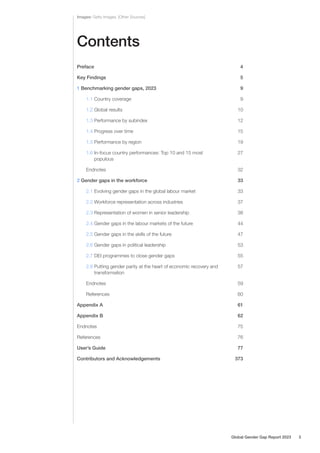 Contents
Images: Getty Images, [Other Sources]
Preface
Key Findings
1 Benchmarking gender gaps, 2023
1.1 Country coverage
1.2 Global results
1.3 Performance by subindex
1.4 Progress over time
1.5 Performance by region
1.6 In-focus country performances: Top 10 and 15 most
populous
Endnotes
2 Gender gaps in the workforce
2.1 Evolving gender gaps in the global labour market
2.2 Workforce representation across industries
2.3 Representation of women in senior leadership
2.4 Gender gaps in the labour markets of the future
2.5 Gender gaps in the skills of the future
2.6 Gender gaps in political leadership
2.7 DEI programmes to close gender gaps
2.8 Putting gender parity at the heart of economic recovery and
transformation
Endnotes
References
Appendix A
Appendix B
Endnotes
References
User’s Guide
Contributors and Acknowledgements
4
5
9
9
10
12
15
19
27
32
33
33
37
38
44
47
53
55
57
59
60
61
62
75
76
77
373
Global Gender Gap Report 2023 3
 