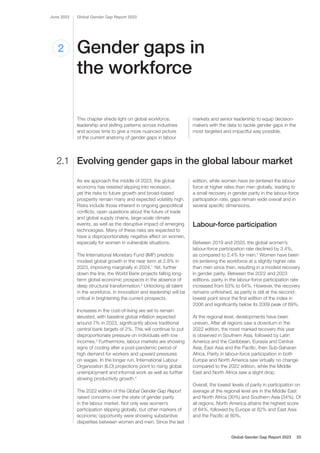 Gender gaps in
the workforce
2
This chapter sheds light on global workforce,
leadership and skilling patterns across industries
and across time to give a more nuanced picture
of the current anatomy of gender gaps in labour
markets and senior leadership to equip decision-
makers with the data to tackle gender gaps in the
most targeted and impactful way possible.
As we approach the middle of 2023, the global
economy has resisted slipping into recession,
yet the risks to future growth and broad-based
prosperity remain many and expected volatility high.
Risks include those inherent in ongoing geopolitical
conflicts, open questions about the future of trade
and global supply chains, large-scale climate
events, as well as the disruptive impact of emerging
technologies. Many of these risks are expected to
have a disproportionately negative effect on women,
especially for women in vulnerable situations.
The International Monetary Fund (IMF) predicts
modest global growth in the near term at 2.8% in
2023, improving marginally in 2024.1
Yet, further
down the line, the World Bank projects falling long-
term global economic prospects in the absence of
deep structural transformation.2
Unlocking all talent
in the workforce, in innovation and leadership will be
critical in brightening the current prospects.
Increases in the cost-of-living are set to remain
elevated, with baseline global inflation expected
around 7% in 2023, significantly above traditional
central bank targets of 2%. This will continue to put
disproportionate pressure on individuals with low
incomes.3
Furthermore, labour markets are showing
signs of cooling after a post-pandemic period of
high demand for workers and upward pressures
on wages. In the longer run, International Labour
Organization (ILO) projections point to rising global
unemployment and informal work as well as further
slowing productivity growth.4
The 2022 edition of the Global Gender Gap Report
raised concerns over the state of gender parity
in the labour market. Not only was women’s
participation slipping globally, but other markers of
economic opportunity were showing substantive
disparities between women and men. Since the last
edition, while women have (re-)entered the labour
force at higher rates than men globally, leading to
a small recovery in gender parity in the labour-force
participation rate, gaps remain wide overall and in
several specific dimensions.
Labour-force participation
Between 2019 and 2020, the global women’s
labour-force participation rate declined by 3.4%,
as compared to 2.4% for men.5
Women have been
(re-)entering the workforce at a slightly higher rate
than men since then, resulting in a modest recovery
in gender parity. Between the 2022 and 2023
editions, parity in the labour-force participation rate
increased from 63% to 64%. However, the recovery
remains unfinished, as parity is still at the second-
lowest point since the first edition of the index in
2006 and significantly below its 2009 peak of 69%.
At the regional level, developments have been
uneven. After all regions saw a downturn in the
2022 edition, the most marked recovery this year
is observed in Southern Asia, followed by Latin
America and the Caribbean, Eurasia and Central
Asia, East Asia and the Pacific, then Sub-Saharan
Africa. Parity in labour-force participation in both
Europe and North America saw virtually no change
compared to the 2022 edition, while the Middle
East and North Africa saw a slight drop.
Overall, the lowest levels of parity in participation on
average at the regional level are in the Middle East
and North Africa (30%) and Southern Asia (34%). Of
all regions, North America attains the highest score
of 84%, followed by Europe at 82% and East Asia
and the Pacific at 80%.
Global Gender Gap Report 2023
June 2023
Evolving gender gaps in the global labour market
2.1
Global Gender Gap Report 2023 33
 
