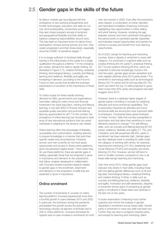 As labour markets get reconfigured with the
emergence of new working arrangements and
frontier technologies, education and skills do not
only drive employability, productivity and wages,
they also impact people’s access to temporal
and geographical flexibility and their ability to
balance caregiving responsibilities around work.
This has been an important factor for labour-force
participation choices among women and men, their
career progression and their stress levels, especially
since the COVID-19 pandemic began.18
It is no longer sufficient to frontload skills through
training in the initial phase of the career for a single
qualification throughout a lifetime.19
In the changing
job market, demand for skills is rapidly shifting. As
illustrated in Figure 2.15, creative thinking, analytical
thinking, technological literacy, curiosity and lifelong
learning and resilience, flexibility and agility are
increasing in demand, according to the Forum’s
Future of Jobs survey that studied the business
expectations of evolution of the importance of these
skills.
To match supply for these rapidly evolving
demand for skills, governments and organizations
have been calling for policy focus and financial
investment into adult education, training and lifelong
learning, in line with SDG 4 (“Ensure inclusive and
equitable quality education and promote lifelong
learning opportunities for all”).20
In this context, the
emergence of online learning has introduced a wide
array of new educational solutions that can assist
individuals in adapting to the dynamic job market.
Online learning offers the advantages of flexibility,
accessibility and customization, enabling learners
to acquire knowledge in a manner that suits their
specific needs and circumstances. However,
women and men currently do not have equal
opportunties and access to these online platforms,
given the persistent digital divide.21
Even when they
do use these platforms, there are gender gaps in
skilling, especially those that are projected to grow
in importance and demand. In the subsections
that follow, analysis developed in collaboration
with Coursera reveals important aspects related
to gender gaps in the enrollment, attainment
and efficiency in the acquisition of skills that are
expected to grow in importance.
Online enrolment
The number of enrolments in courses on online
learning platform Coursera experienced more than
a fourfold growth in users between 2015 and 2022.
In particular, the lockdown during the pandemic
precipitated this growth across the education
technology industry as learners of all levels had to
shift to online platforms. Coursera witnessed its
highest year-on-year increase in enrolments for both
men and women in 2020. Even after the lockdowns
were relaxed, a combination of online, blended
and hybridized modalities of learning continued,
highlighting new opportunities in online skilling
and adult training. However, studying the gap
between women and men’s enrolment throughout
this period points to persistent gender disparities
and indicates missed opportunities and barriers for
women to access and benefit from such learning
opportunities.
As of 2022, except for teaching and mentoring
courses, there is diparity in enrolment in every skill
category. For enrolment in cognitive skills such as
creative thinking (64.3% parity22
), analytical thinking
(52.7%) and systems thinking (55.6%), which are
projected to become increasingly crucial in the
next five years, gender gaps remain persistent and
even register declines since 2015 parity levels.23
For
enrolment in technology skills such as technological
literacy (43.7% parity) and AI and big data (33.7%),
which are within the top 10 skills projected to grow,
there is less than 50% parity and progress has been
sluggish since 2015.
However, there is a relatively higher degree of
gender parity in enrolling in courses for obtaining
attitudes and socio-emotional capabilities. This
is particularly important as attitudes and socio-
emotional skills are among the most important skills
to employers. Companies place great emphasis
on these “human” skills that are less susceptible to
automation and that allow their workforce to more
efficiently respond to change.24
For self-efficacy
skills, such as curiosity and lifelong learning (87.6%
parity); resilience, flexibility and agility (77.1%); and
motivation and self-awareness (86.8%), parity in
enrollment has been relatively high. Gender gaps
are also relatively lower in enrolling for skills under
the category of working with others, for example,
teaching and mentoring (131.5%), leadership and
social influence (75.8%) and empathy and active
listening (72.3%). However, women still tend to
enrol in smaller numbers compared to men in all
these skills except teaching and mentoring.
Over time since 2015, these gender gaps have
reduced only slowly in most skills, including those
with the glaring gender differences such as AI and
big data, technological literacy, analytical thinking
and creative thinking. Further, in skills such as
curiosity and lifelong learning, resilience, flexibility
and agility, motivation and self-awareness, disparity
in enrolment shows signs of worsening as gender
parity in enrollment in these skills have declined in
the last one or two years.
A closer examination of learning hours further
supports and mirrors the analysis in gender
disparities in enrollment across these skills. Overall,
parity in enrolment in many key skills has been low.
Further, they are slow to progress towards parity,
and except for teaching and mentoring, talent
Gender gaps in the skills of the future
2.5
Global Gender Gap Report 2023 47
 