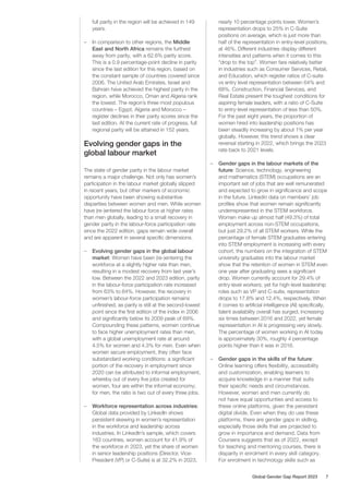 full parity in the region will be achieved in 149
years.
– In comparison to other regions, the Middle
East and North Africa remains the furthest
away from parity, with a 62.6% parity score.
This is a 0.9 percentage-point decline in parity
since the last edition for this region, based on
the constant sample of countries covered since
2006. The United Arab Emirates, Israel and
Bahrain have achieved the highest parity in the
region, while Morocco, Oman and Algeria rank
the lowest. The region’s three most populous
countries – Egypt, Algeria and Morocco –
register declines in their parity scores since the
last edition. At the current rate of progress, full
regional parity will be attained in 152 years.
Evolving gender gaps in the
global labour market
The state of gender parity in the labour market
remains a major challenge. Not only has women’s
participation in the labour market globally slipped
in recent years, but other markers of economic
opportunity have been showing substantive
disparities between women and men. While women
have (re-)entered the labour force at higher rates
than men globally, leading to a small recovery in
gender parity in the labour-force participation rate
since the 2022 edition, gaps remain wide overall
and are apparent in several specific dimensions.
– Evolving gender gaps in the global labour
market: Women have been (re-)entering the
workforce at a slightly higher rate than men,
resulting in a modest recovery from last year’s
low. Between the 2022 and 2023 edition, parity
in the labour-force participation rate increased
from 63% to 64%. However, the recovery in
women’s labour-force participation remains
unfinished, as parity is still at the second-lowest
point since the first edition of the index in 2006
and significantly below its 2009 peak of 69%.
Compounding these patterns, women continue
to face higher unemployment rates than men,
with a global unemployment rate at around
4.5% for women and 4.3% for men. Even when
women secure employment, they often face
substandard working conditions: a significant
portion of the recovery in employment since
2020 can be attributed to informal employment,
whereby out of every five jobs created for
women, four are within the informal economy;
for men, the ratio is two out of every three jobs.
– Workforce representation across industries:
Global data provided by LinkedIn shows
persistent skewing in women’s representation
in the workforce and leadership across
industries. In LinkedIn’s sample, which covers
163 countries, women account for 41.9% of
the workforce in 2023, yet the share of women
in senior leadership positions (Director, Vice-
President (VP) or C-Suite) is at 32.2% in 2023,
nearly 10 percentage points lower. Women’s
representation drops to 25% in C-Suite
positions on average, which is just more than
half of the representation in entry-level positions,
at 46%. Different industries display different
intensities and patterns when it comes to this
“drop to the top”. Women fare relatively better
in industries such as Consumer Services, Retail,
and Education, which register ratios of C-suite
vs entry level representation between 64% and
68%. Construction, Financial Services, and
Real Estate present the toughest conditions for
aspiring female leaders, with a ratio of C-Suite
to entry-level representation of less than 50%.
For the past eight years, the proportion of
women hired into leadership positions has
been steadily increasing by about 1% per year
globally. However, this trend shows a clear
reversal starting in 2022, which brings the 2023
rate back to 2021 levels.
– Gender gaps in the labour markets of the
future: Science, technology, engineering
and mathematics (STEM) occupations are an
important set of jobs that are well remunerated
and expected to grow in significance and scope
in the future. Linkedin data on members’ job
profiles show that women remain significantly
underrepresented in the STEM workforce.
Women make up almost half (49.3%) of total
employment across non-STEM occupations,
but just 29.2% of all STEM workers. While the
percentage of female STEM graduates entering
into STEM employment is increasing with every
cohort, the numbers on the integration of STEM
university graduates into the labour market
show that the retention of women in STEM even
one year after graduating sees a significant
drop. Women currently account for 29.4% of
entry-level workers; yet for high-level leadership
roles such as VP and C-suite, representation
drops to 17.8% and 12.4%, respectively. When
it comes to artificial intelligence (AI) specifically,
talent availability overall has surged, increasing
six times between 2016 and 2022, yet female
representation in AI is progressing very slowly.
The percentage of women working in AI today
is approximately 30%, roughly 4 percentage
points higher than it was in 2016.
– Gender gaps in the skills of the future:
Online learning offers flexibility, accessibility
and customization, enabling learners to
acquire knowledge in a manner that suits
their specific needs and circumstances.
However, women and men currently do
not have equal opportunties and access to
these online platforms, given the persistent
digital divide. Even when they do use these
platforms, there are gender gaps in skilling,
especially those skills that are projected to
grow in importance and demand. Data from
Coursera suggests that as of 2022, except
for teaching and mentoring courses, there is
disparity in enrolment in every skill category.
For enrolment in technology skills such as
Global Gender Gap Report 2023 7
 