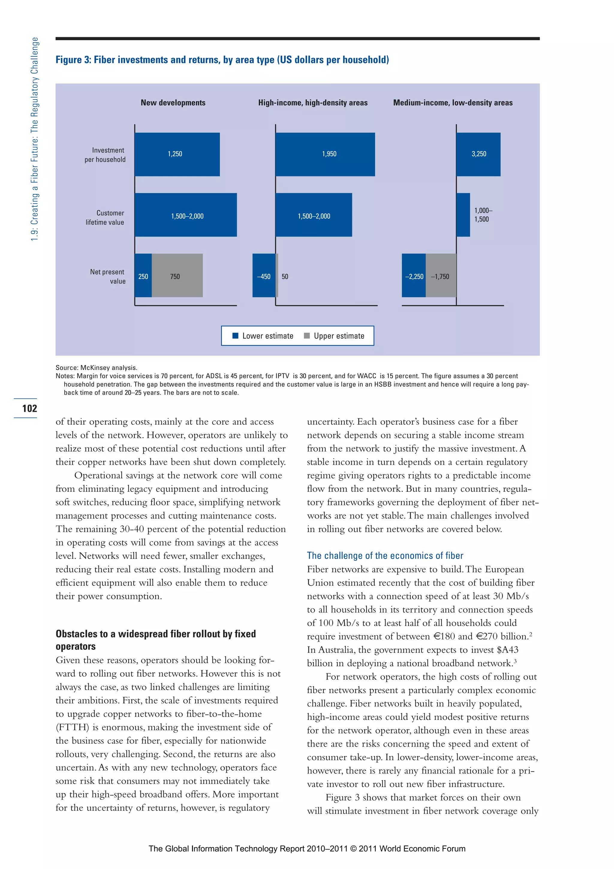 Part 1_r2_PART 1 3/29/11 6:44 AM Page 102




      1.9: Creating a Fiber Future: The Regulatory Challenge

                                                               Figure 3: Fiber investments and returns, by area type (US dollars per household)



                                                                                          New developments                       High-income, high-density areas             Medium-income, low-density areas




                                                                          Investment                1,250                                             1,950                                            3,250
                                                                        per household




                                                                             Customer                                                                                                                   1,000–
                                                                                                     1,500–2,000                              1,500–2,000                                               1,500
                                                                        lifetime value




                                                                          Net present
                                                                                          250        750                         –450    50                                      –2,250   –1,750
                                                                                 value




                                                                                                                        I Lower estimate        I Upper estimate


                                                               Source: McKinsey analysis.
                                                               Notes: Margin for voice services is 70 percent, for ADSL is 45 percent, for IPTV is 30 percent, and for WACC is 15 percent. The figure assumes a 30 percent
                                                                 household penetration. The gap between the investments required and the customer value is large in an HSBB investment and hence will require a long pay-
                                                                 back time of around 20–25 years. The bars are not to scale.

    102
                                                               of their operating costs, mainly at the core and access                           uncertainty. Each operator’s business case for a fiber
                                                               levels of the network. However, operators are unlikely to                         network depends on securing a stable income stream
                                                               realize most of these potential cost reductions until after                       from the network to justify the massive investment. A
                                                               their copper networks have been shut down completely.                             stable income in turn depends on a certain regulatory
                                                                     Operational savings at the network core will come                           regime giving operators rights to a predictable income
                                                               from eliminating legacy equipment and introducing                                 flow from the network. But in many countries, regula-
                                                               soft switches, reducing floor space, simplifying network                          tory frameworks governing the deployment of fiber net-
                                                               management processes and cutting maintenance costs.                               works are not yet stable. The main challenges involved
                                                               The remaining 30-40 percent of the potential reduction                            in rolling out fiber networks are covered below.
                                                               in operating costs will come from savings at the access
                                                               level. Networks will need fewer, smaller exchanges,                               The challenge of the economics of fiber
                                                               reducing their real estate costs. Installing modern and                           Fiber networks are expensive to build. The European
                                                               efficient equipment will also enable them to reduce                               Union estimated recently that the cost of building fiber
                                                               their power consumption.                                                          networks with a connection speed of at least 30 Mb/s
                                                                                                                                                 to all households in its territory and connection speeds
                                                                                                                                                 of 100 Mb/s to at least half of all households could
                                                               Obstacles to a widespread fiber rollout by fixed                                  require investment of between €180 and €270 billion.2
                                                               operators                                                                         In Australia, the government expects to invest $A43
                                                               Given these reasons, operators should be looking for-                             billion in deploying a national broadband network.3
                                                               ward to rolling out fiber networks. However this is not                                 For network operators, the high costs of rolling out
                                                               always the case, as two linked challenges are limiting                            fiber networks present a particularly complex economic
                                                               their ambitions. First, the scale of investments required                         challenge. Fiber networks built in heavily populated,
                                                               to upgrade copper networks to fiber-to-the-home                                   high-income areas could yield modest positive returns
                                                               (FTTH) is enormous, making the investment side of                                 for the network operator, although even in these areas
                                                               the business case for fiber, especially for nationwide                            there are the risks concerning the speed and extent of
                                                               rollouts, very challenging. Second, the returns are also                          consumer take-up. In lower-density, lower-income areas,
                                                               uncertain. As with any new technology, operators face                             however, there is rarely any financial rationale for a pri-
                                                               some risk that consumers may not immediately take                                 vate investor to roll out new fiber infrastructure.
                                                               up their high-speed broadband offers. More important                                    Figure 3 shows that market forces on their own
                                                               for the uncertainty of returns, however, is regulatory                            will stimulate investment in fiber network coverage only


                                                                                                The Global Information Technology Report 2010–2011 © 2011 World Economic Forum
 