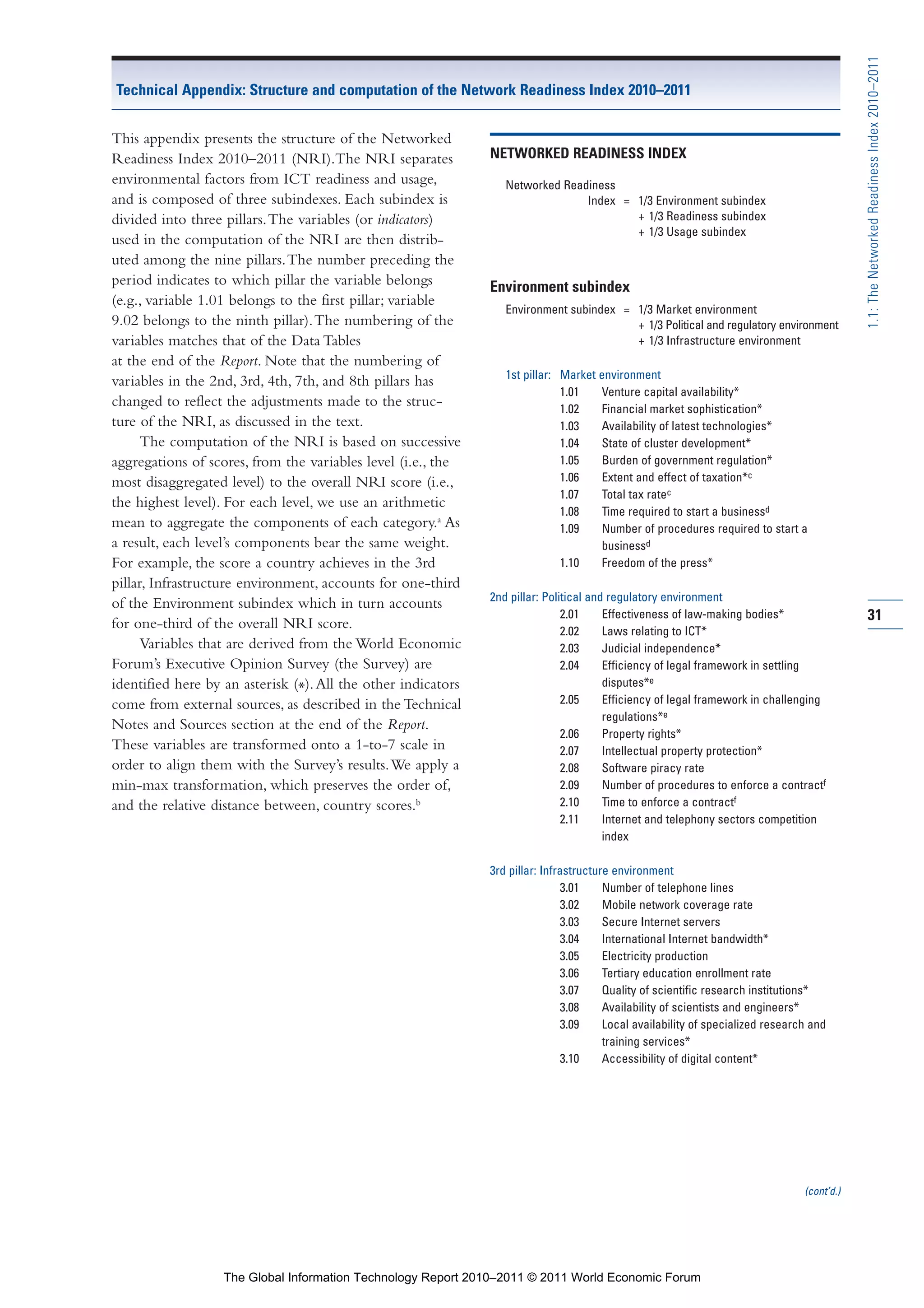 Part 1_r2_PART 1 3/29/11 6:44 AM Page 31




                                                                                                                                                             1.1: The Networked Readiness Index 2010–2011
                 Technical Appendix: Structure and computation of the Network Readiness Index 2010–2011


                This appendix presents the structure of the Networked
                Readiness Index 2010–2011 (NRI).The NRI separates              NETWORKED READINESS INDEX
                environmental factors from ICT readiness and usage,               Networked Readiness
                and is composed of three subindexes. Each subindex is                           Index = 1/3 Environment subindex
                divided into three pillars. The variables (or indicators)                               + 1/3 Readiness subindex
                                                                                                        + 1/3 Usage subindex
                used in the computation of the NRI are then distrib-
                uted among the nine pillars. The number preceding the
                period indicates to which pillar the variable belongs          Environment subindex
                (e.g., variable 1.01 belongs to the first pillar; variable
                                                                                  Environment subindex = 1/3 Market environment
                9.02 belongs to the ninth pillar). The numbering of the                                  + 1/3 Political and regulatory environment
                variables matches that of the Data Tables                                                + 1/3 Infrastructure environment
                at the end of the Report. Note that the numbering of
                                                                                  1st pillar: Market environment
                variables in the 2nd, 3rd, 4th, 7th, and 8th pillars has
                                                                                              1.01   Venture capital availability*
                changed to reflect the adjustments made to the struc-                         1.02   Financial market sophistication*
                ture of the NRI, as discussed in the text.                                    1.03   Availability of latest technologies*
                      The computation of the NRI is based on successive                       1.04   State of cluster development*
                aggregations of scores, from the variables level (i.e., the                   1.05   Burden of government regulation*
                most disaggregated level) to the overall NRI score (i.e.,                     1.06   Extent and effect of taxation*c
                                                                                              1.07   Total tax ratec
                the highest level). For each level, we use an arithmetic
                                                                                              1.08   Time required to start a businessd
                mean to aggregate the components of each category.a As                        1.09   Number of procedures required to start a
                a result, each level’s components bear the same weight.                              businessd
                For example, the score a country achieves in the 3rd                          1.10   Freedom of the press*
                pillar, Infrastructure environment, accounts for one-third
                                                                               2nd pillar: Political and regulatory environment
                of the Environment subindex which in turn accounts
                                                                                               2.01     Effectiveness of law-making bodies*                  31
                for one-third of the overall NRI score.                                        2.02     Laws relating to ICT*
                      Variables that are derived from the World Economic                       2.03     Judicial independence*
                Forum’s Executive Opinion Survey (the Survey) are                              2.04     Efficiency of legal framework in settling
                identified here by an asterisk (*). All the other indicators                            disputes*e
                come from external sources, as described in the Technical                      2.05     Efficiency of legal framework in challenging
                                                                                                        regulations*e
                Notes and Sources section at the end of the Report.
                                                                                               2.06     Property rights*
                These variables are transformed onto a 1-to-7 scale in                         2.07     Intellectual property protection*
                order to align them with the Survey’s results. We apply a                      2.08     Software piracy rate
                min-max transformation, which preserves the order of,                          2.09     Number of procedures to enforce a contractf
                and the relative distance between, country scores.b                            2.10     Time to enforce a contractf
                                                                                               2.11     Internet and telephony sectors competition
                                                                                                        index

                                                                               3rd pillar: Infrastructure environment
                                                                                                3.01    Number of telephone lines
                                                                                                3.02    Mobile network coverage rate
                                                                                                3.03    Secure Internet servers
                                                                                                3.04    International Internet bandwidth*
                                                                                                3.05    Electricity production
                                                                                                3.06    Tertiary education enrollment rate
                                                                                                3.07    Quality of scientific research institutions*
                                                                                                3.08    Availability of scientists and engineers*
                                                                                                3.09    Local availability of specialized research and
                                                                                                        training services*
                                                                                                3.10    Accessibility of digital content*




                                                                                                                                                 (cont’d.)




                                   The Global Information Technology Report 2010–2011 © 2011 World Economic Forum
 