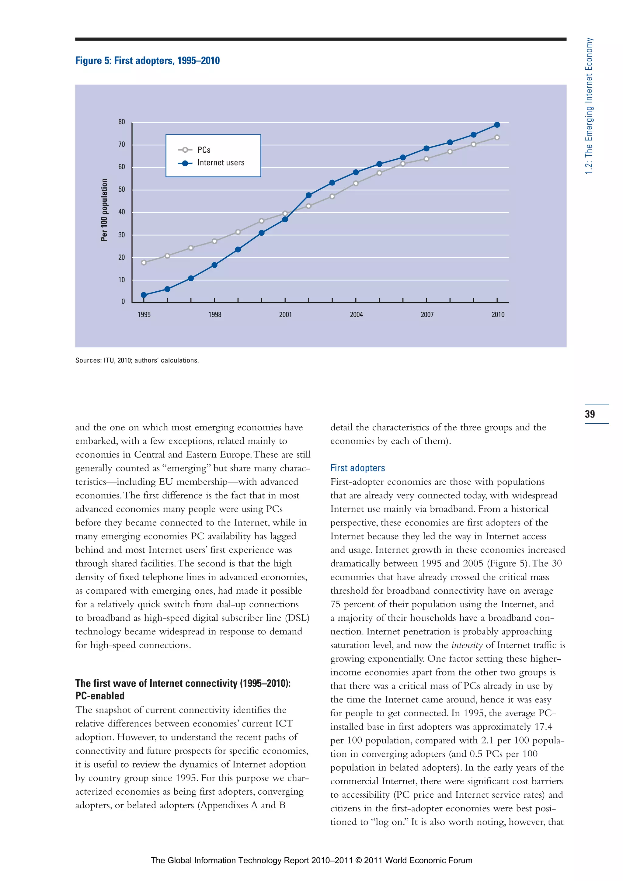 Part 1_r2_PART 1 3/29/11 6:44 AM Page 39




                                                                                                                                                                     1.2: The Emerging Internet Economy
                Figure 5: First adopters, 1995–2010




                                             80


                                             70
                                                                    PCs
                                             60
                                                                    Internet users
                        Per 100 population




                                             50


                                             40


                                             30


                                             20


                                             10

                                             0
                                                  1995                 1998             2001             2004              2007               2010




                Sources: ITU, 2010; authors’ calculations.




                                                                                                                                                                     39
                and the one on which most emerging economies have                                   detail the characteristics of the three groups and the
                embarked, with a few exceptions, related mainly to                                  economies by each of them).
                economies in Central and Eastern Europe. These are still
                generally counted as “emerging” but share many charac-                              First adopters
                teristics—including EU membership—with advanced                                     First-adopter economies are those with populations
                economies. The first difference is the fact that in most                            that are already very connected today, with widespread
                advanced economies many people were using PCs                                       Internet use mainly via broadband. From a historical
                before they became connected to the Internet, while in                              perspective, these economies are first adopters of the
                many emerging economies PC availability has lagged                                  Internet because they led the way in Internet access
                behind and most Internet users’ first experience was                                and usage. Internet growth in these economies increased
                through shared facilities. The second is that the high                              dramatically between 1995 and 2005 (Figure 5). The 30
                density of fixed telephone lines in advanced economies,                             economies that have already crossed the critical mass
                as compared with emerging ones, had made it possible                                threshold for broadband connectivity have on average
                for a relatively quick switch from dial-up connections                              75 percent of their population using the Internet, and
                to broadband as high-speed digital subscriber line (DSL)                            a majority of their households have a broadband con-
                technology became widespread in response to demand                                  nection. Internet penetration is probably approaching
                for high-speed connections.                                                         saturation level, and now the intensity of Internet traffic is
                                                                                                    growing exponentially. One factor setting these higher-
                                                                                                    income economies apart from the other two groups is
                The first wave of Internet connectivity (1995–2010):                                that there was a critical mass of PCs already in use by
                PC-enabled                                                                          the time the Internet came around, hence it was easy
                The snapshot of current connectivity identifies the                                 for people to get connected. In 1995, the average PC-
                relative differences between economies’ current ICT                                 installed base in first adopters was approximately 17.4
                adoption. However, to understand the recent paths of                                per 100 population, compared with 2.1 per 100 popula-
                connectivity and future prospects for specific economies,                           tion in converging adopters (and 0.5 PCs per 100
                it is useful to review the dynamics of Internet adoption                            population in belated adopters). In the early years of the
                by country group since 1995. For this purpose we char-                              commercial Internet, there were significant cost barriers
                acterized economies as being first adopters, converging                             to accessibility (PC price and Internet service rates) and
                adopters, or belated adopters (Appendixes A and B                                   citizens in the first-adopter economies were best posi-
                                                                                                    tioned to “log on.” It is also worth noting, however, that


                                                         The Global Information Technology Report 2010–2011 © 2011 World Economic Forum
 