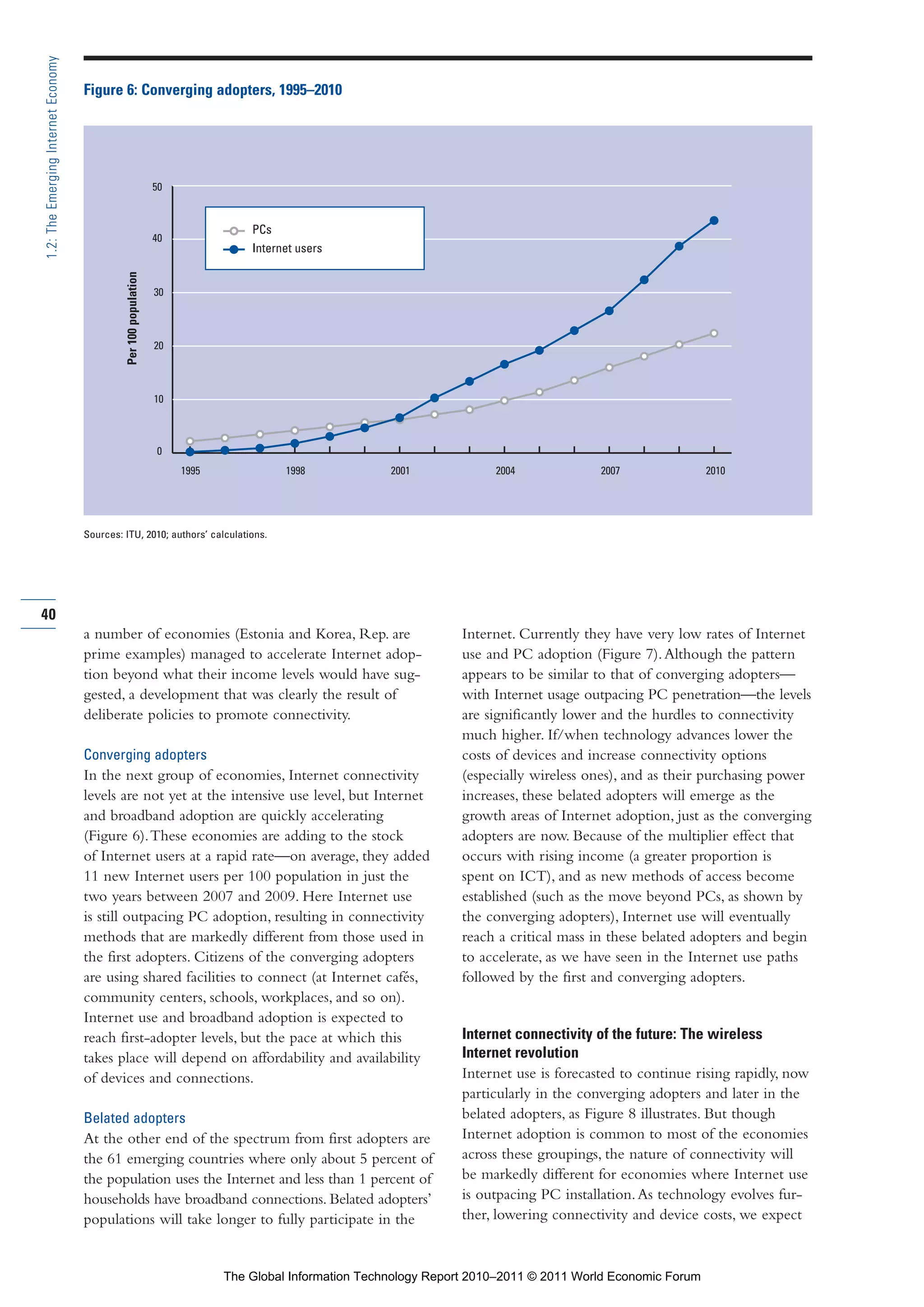Part 1_r2_PART 1 3/29/11 6:44 AM Page 40




      1.2: The Emerging Internet Economy

                                           Figure 6: Converging adopters, 1995–2010




                                                                         50


                                                                                         PCs
                                                                         40
                                                                                         Internet users
                                                    Per 100 population




                                                                         30



                                                                         20



                                                                         10



                                                                         0
                                                                              1995             1998             2001             2004             2007                2010




                                           Sources: ITU, 2010; authors’ calculations.




     40
                                           a number of economies (Estonia and Korea, Rep. are                              Internet. Currently they have very low rates of Internet
                                           prime examples) managed to accelerate Internet adop-                            use and PC adoption (Figure 7). Although the pattern
                                           tion beyond what their income levels would have sug-                            appears to be similar to that of converging adopters—
                                           gested, a development that was clearly the result of                            with Internet usage outpacing PC penetration—the levels
                                           deliberate policies to promote connectivity.                                    are significantly lower and the hurdles to connectivity
                                                                                                                           much higher. If/when technology advances lower the
                                           Converging adopters                                                             costs of devices and increase connectivity options
                                           In the next group of economies, Internet connectivity                           (especially wireless ones), and as their purchasing power
                                           levels are not yet at the intensive use level, but Internet                     increases, these belated adopters will emerge as the
                                           and broadband adoption are quickly accelerating                                 growth areas of Internet adoption, just as the converging
                                           (Figure 6). These economies are adding to the stock                             adopters are now. Because of the multiplier effect that
                                           of Internet users at a rapid rate—on average, they added                        occurs with rising income (a greater proportion is
                                           11 new Internet users per 100 population in just the                            spent on ICT), and as new methods of access become
                                           two years between 2007 and 2009. Here Internet use                              established (such as the move beyond PCs, as shown by
                                           is still outpacing PC adoption, resulting in connectivity                       the converging adopters), Internet use will eventually
                                           methods that are markedly different from those used in                          reach a critical mass in these belated adopters and begin
                                           the first adopters. Citizens of the converging adopters                         to accelerate, as we have seen in the Internet use paths
                                           are using shared facilities to connect (at Internet cafés,                      followed by the first and converging adopters.
                                           community centers, schools, workplaces, and so on).
                                           Internet use and broadband adoption is expected to
                                           reach first-adopter levels, but the pace at which this                          Internet connectivity of the future: The wireless
                                           takes place will depend on affordability and availability                       Internet revolution
                                           of devices and connections.                                                     Internet use is forecasted to continue rising rapidly, now
                                                                                                                           particularly in the converging adopters and later in the
                                           Belated adopters                                                                belated adopters, as Figure 8 illustrates. But though
                                           At the other end of the spectrum from first adopters are                        Internet adoption is common to most of the economies
                                           the 61 emerging countries where only about 5 percent of                         across these groupings, the nature of connectivity will
                                           the population uses the Internet and less than 1 percent of                     be markedly different for economies where Internet use
                                           households have broadband connections. Belated adopters’                        is outpacing PC installation. As technology evolves fur-
                                           populations will take longer to fully participate in the                        ther, lowering connectivity and device costs, we expect


                                                                                     The Global Information Technology Report 2010–2011 © 2011 World Economic Forum
 