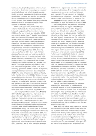 1.1: The Global Competitiveness Index 2012–2013



two issues. Yet, despite the progress achieved, much                 the Internet on a regular basis, and only a small fraction
remains to be done to put the country on a more solid                has access to broadband. On a more positive note, the
growth path. Its low level of technological readiness                macroeconomic environment continues to improve—
(51st) is surprising, especially given its achievements in           albeit marginally (27th, up one spot)—as the budget
other areas of innovation and business sophistication                deficit was reduced to less than 2 percent of GDP and
and the country’s focus on promoting the use of ICT.                 the debt-to-GDP ratio dropped to 42 percent in 2011.
Lack of progress in this area will significantly undermine                 Indonesia drops four places in this year’s edition,
Malaysia’s efforts to become a knowledge-based                       but maintains its score and remains in the top 50 of the
economy by the end of the decade.                                    GCI. The country remains one of the best performers
      China (29th) loses some ground in this year’s                  within the developing Asia region, behind Malaysia,
edition of the Report. After five years of incremental               China, and Thailand yet ahead of the Philippines,
but steady progression, it has now returned to its                   Vietnam, and all South Asian nations. The country’s
2009 level. The country continues to lead the BRICS                  performance varies considerably across the different
economies by a wide margin,25 ahead of second-placed                 pillars. Some of the biggest shortcomings are found in
Brazil (48th) by almost 20 ranks. Although China’s                   the “basic” areas of competitiveness. The institutional
decline is small—its overall score barely changes—it                 framework (72nd) is undermined by concerns about
affects the rankings of every pillar of the GCI except               corruption and bribery, unethical behavior within the
market size. The deterioration is more pronounced                    private sector, and the cost to business of crime and
in those areas that have become critical for China’s                 violence. Yet bureaucracy is less burdensome and
competitiveness: financial market development (54th,                 public spending less wasteful than in most countries
down 6), technological readiness (88th, down 11),                    in the region, and the situation keeps improving. And
and market efficiency (59th, down 14). In this latter                infrastructure remains largely underdeveloped (78th).
pillar, insufficient domestic and foreign competition is             Furthermore, the public health situation is a cause of
of particular concern, as the various barriers to entry              even more concern (103rd). By contrast, Indonesia
appear to be more prevalent and more important than                  provides almost universal basic education of satisfactory
in previous years. On a more positive note, China’s                  quality (51st) and the macroeconomic environment is
macroeconomic situation remains very favorable (11th),               stable, judging by the country’s 25th rank on the related
despite a prolonged episode of high inflation. China                 pillar. This macroeconomic stability is buoyed by its solid
runs a moderate budget deficit; boasts a low, albeit                 performance on fundamental indicators: the budget
increasing, government debt-to-GDP ratio of 26 percent;              deficit is kept well below 2 percent of GDP, the public
and its gross savings rate remains above 50 percent                  debt-to-GDP ratio amounts to only 25 percent, and
of GDP. The rating of its sovereign debt is significantly            the savings rate remains high. Inflation was reduced to
better than that of the other BRICS and indeed of many               around 5 percent in recent years after frequent episodes
advanced economies. Moreover, China receives relatively              of double-digit inflation in the past decade. These
high marks in health and basic education (35th) and                  positive developments are reflected in the improving,
enrollment figures for higher education are also on the              although still low, country credit rating.
rise, even though the quality of education—in particular                   Because the country has entered the efficiency-
the quality of management schools (68th)—and the                     driven stage of development, its competitiveness
disconnect between educational content and business                  increasingly depends on more complex elements, which
needs (57th) in the country remain important issues.                 should be addressed on a priority basis. In this context,
      After having fallen for six years in a row, Thailand           addressing the many rigidities (134th) and inefficiencies
(38th) halts the negative trend and improves by one                  of the labor market (70th) would allow for a smoother
place in this year’s GCI. Yet the competitiveness                    transition of the labor force to more productive sectors
challenges the country is facing remain considerable.                of the economy. Additional productivity gains could be
Political and policy instability, excessive red tape,                reaped by boosting technological readiness (85th), which
pervasive corruption, security concerns, and uncertainty             remains low, with the country exhibiting only a slow and
around property rights protection seriously undermine                limited adoption of ICT.
the quality of the institutional framework on which                        India ranks 59th overall, down three places from last
businesses rely heavily. The country loses an additional             year. Since reaching its peak at 49th in 2009, India has
10 places in this category to rank a low 77th. Poor public           lost 10 places. Once ahead of Brazil and South Africa,
health (71st) and basic education standards (89th), two              India now trails them by some 10 places and lags behind
other critical building blocks of competitiveness, require           China by a margin of 30 positions. India continues to
urgent attention. Turning to more sophisticated areas,               be penalized for its disappointing performance in the
which are just as important given Thailand’s stage of                areas considered to be the basic factors underpinning
development, technological adoption is generally poor                competitiveness. The country’s supply of transport, ICT,
(84th). Less than a quarter of the population accesses               and energy infrastructure remains largely insufficient




                                                                                      The Global Competitiveness Report 2012–2013 | 29
                                                 © 2012 World Economic Forum
 