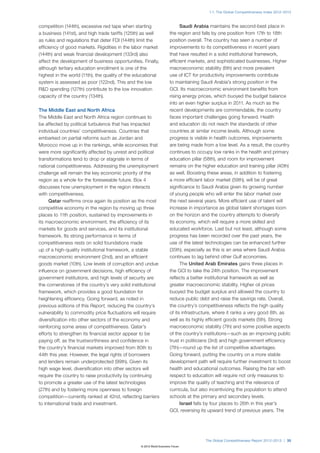 1.1: The Global Competitiveness Index 2012–2013



competition (144th), excessive red tape when starting                       Saudi Arabia maintains the second-best place in
a business (141st), and high trade tariffs (125th) as well            the region and falls by one position from 17th to 18th
as rules and regulations that deter FDI (144th) limit the             position overall. The country has seen a number of
efficiency of good markets. Rigidities in the labor market            improvements to its competitiveness in recent years
(144th) and weak financial development (133rd) also                   that have resulted in a solid institutional framework,
affect the development of business opportunities. Finally,            efficient markets, and sophisticated businesses. Higher
although tertiary education enrollment is one of the                  macroeconomic stability (6th) and more prevalent
highest in the world (11th), the quality of the educational           use of ICT for productivity improvements contribute
system is assessed as poor (122nd). This and the low                  to maintaining Saudi Arabia’s strong position in the
R&D spending (127th) contribute to the low innovation                 GCI. Its macroeconomic environment benefits from
capacity of the country (134th).                                      rising energy prices, which buoyed the budget balance
                                                                      into an even higher surplus in 2011. As much as the
The Middle East and North Africa                                      recent developments are commendable, the country
The Middle East and North Africa region continues to                  faces important challenges going forward. Health
be affected by political turbulence that has impacted                 and education do not reach the standards of other
individual countries’ competitiveness. Countries that                 countries at similar income levels. Although some
embarked on partial reforms such as Jordan and                        progress is visible in health outcomes, improvements
Morocco move up in the rankings, while economies that                 are being made from a low level. As a result, the country
were more significantly affected by unrest and political              continues to occupy low ranks in the health and primary
transformations tend to drop or stagnate in terms of                  education pillar (58th), and room for improvement
national competitiveness. Addressing the unemployment                 remains on the higher education and training pillar (40th)
challenge will remain the key economic priority of the                as well. Boosting these areas, in addition to fostering
region as a whole for the foreseeable future. Box 4                   a more efficient labor market (59th), will be of great
discusses how unemployment in the region interacts                    significance to Saudi Arabia given its growing number
with competitiveness.                                                 of young people who will enter the labor market over
     Qatar reaffirms once again its position as the most              the next several years. More efficient use of talent will
competitive economy in the region by moving up three                  increase in importance as global talent shortages loom
places to 11th position, sustained by improvements in                 on the horizon and the country attempts to diversify
its macroeconomic environment, the efficiency of its                  its economy, which will require a more skilled and
markets for goods and services, and its institutional                 educated workforce. Last but not least, although some
framework. Its strong performance in terms of                         progress has been recorded over the past years, the
competitiveness rests on solid foundations made                       use of the latest technologies can be enhanced further
up of a high-quality institutional framework, a stable                (35th), especially as this is an area where Saudi Arabia
macroeconomic environment (2nd), and an efficient                     continues to lag behind other Gulf economies.
goods market (10th). Low levels of corruption and undue                     The United Arab Emirates gains three places in
influence on government decisions, high efficiency of                 the GCI to take the 24th position. The improvement
government institutions, and high levels of security are              reflects a better institutional framework as well as
the cornerstones of the country’s very solid institutional            greater macroeconomic stability. Higher oil prices
framework, which provides a good foundation for                       buoyed the budget surplus and allowed the country to
heightening efficiency. Going forward, as noted in                    reduce public debt and raise the savings rate. Overall,
previous editions of this Report, reducing the country’s              the country’s competitiveness reflects the high quality
vulnerability to commodity price fluctuations will require            of its infrastructure, where it ranks a very good 8th, as
diversification into other sectors of the economy and                 well as its highly efficient goods markets (5th). Strong
reinforcing some areas of competitiveness. Qatar’s                    macroeconomic stability (7th) and some positive aspects
efforts to strengthen its financial sector appear to be               of the country’s institutions—such as an improving public
paying off, as the trustworthiness and confidence in                  trust in politicians (3rd) and high government efficiency
the country’s financial markets improved from 80th to                 (7th)—round up the list of competitive advantages.
44th this year. However, the legal rights of borrowers                Going forward, putting the country on a more stable
and lenders remain underprotected (99th). Given its                   development path will require further investment to boost
high wage level, diversification into other sectors will              health and educational outcomes. Raising the bar with
require the country to raise productivity by continuing               respect to education will require not only measures to
to promote a greater use of the latest technologies                   improve the quality of teaching and the relevance of
(27th) and by fostering more openness to foreign                      curricula, but also incentivizing the population to attend
competition—currently ranked at 42nd, reflecting barriers             schools at the primary and secondary levels.
to international trade and investment.                                      Israel falls by four places to 26th in this year’s
                                                                      GCI, reversing its upward trend of previous years. The




                                                                                       The Global Competitiveness Report 2012–2013 | 35
                                                  © 2012 World Economic Forum
 
