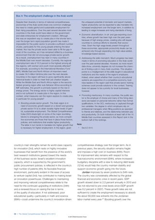 1.1: The Global Competitiveness Index 2012–2013




  Box 4: The employment challenge in the Arab world

  Despite their diversity in terms of national competitiveness,                      the untapped potential of domestic and export markets,
  economies of the Arab world share one common challenge:                            higher productivity can be expected to also translate into
  the need to create gainful and sustainable employment for                          increased employment over the longer term, in addition to
  their rising populations. Over the past several decades most                       leading to wage increases and rising standards of living.
  countries in the Arab world have relied on the government
                                                                                  •	 Economic diversification. In oil- and gas-exporting coun-
  and state enterprises for employment creation. Although
                                                                                     tries, where growth has been high over the past years
  this was an expedient way to create jobs in the shorter term,
                                                                                     because of high energy prices, creating jobs will require
  over the longer term rapid population growth has made it
                                                                                     countries to continue efforts to diversify their econo-
  impossible for the public sector to provide a sufficient number
                                                                                     mies. Given the high wage levels present throughout
  of jobs, particularly for the young people entering the labor
                                                                                     these economies, appropriate productivity levels can be
  market. Nor has the private sector been able to fill the gap in
                                                                                     achieved only through expanding into high-value-added,
  most of the countries, as it has remained stifled by a business
                                                                                     knowledge-based sectors.
  environment that did not encourage private-sector growth.
  As a result, unemployment has risen in many countries in                        •	 Addressing the skills mismatch. Much progress has been
  the Middle East over recent decades. Currently, the regional                       made in terms of promoting education in the Arab world
  unemployment rate of 10.3 percent is the highest among all                         over the past several decades. However, as more recent
  the regions, with women and youth most severely affected.1                         data show, university degrees do not increase the chanc-
  For example, according to the International Monetary Fund                          es of finding a job in many Arab countries. This situation
  (IMF), Middle East and North African oil importers need                            points to a misalignment of the skills taught in educational
  to create 18.5 million full-time jobs over the next decade.                        institutions and the needs of the region’s employers.
  Countries in the region will have to grow significantly above                      Indeed, when asked whether their country’s educational
  historical levels in order to meet their job creation targets.                     systems are supportive of a competitive economy, busi-
  While the Middle East and North Africa region is the second-                       ness leaders in the region said that private-sector training
  fastest growing region after sub-Saharan Africa according to                       schemes could provide solutions in this context. Training
  IMF estimates, this growth is primarily based on the rise in                       does not appear to be a priority for local businesses,
  energy prices. The energy sector is highly capital intensive                       however.
  and is not sufficient to create jobs in the region. In this
  context, what measures can the region explore to create jobs,                   •	 Promoting meritocracy. In many countries, the public sec-
  in particular for young people?                                                    tor is the employer of choice and many of the hiring deci-
                                                                                     sions are based on personal networks rather than formal
     •	 Boosting private-sector growth. The Arab region is in                        qualifications. In the GCI, meritocracy is captured through
        need of economic growth based on a vibrant and growing                       two variables: the degree to which employers rely on
        private sector if it is to attain durably higher levels of gain-             professional managers when filling positions as opposed
        ful, sustainable employment. The Global Competitiveness                      to friends and relatives, and the relationship between pay
        Index (GCI) sheds light on some of the major stumbling                       and productivity. On both indicators at least half of the 14
        blocks to energizing the private sector, as more competi-                    Middle East countries assessed in this Report rank in the
        tive economies are those that have in place those factors,                   bottom half of the rankings.
        policies, and institutions that enable higher productivity.
        The latter in turn tends to translate into higher growth that         Note
        is necessary for higher employment. In the region, given                1	   See ILO 2012.




country’s main strengths remain its world-class capacity                       competitiveness strategy over the longer term. As in
for innovation (3rd), which rests on highly innovative                         previous years, the security situation remains fragile
businesses that benefit from the presence of the world’s                       and imposes a high cost on business (65th). Room
best research institutions geared toward the needs                             for improvement also remains with respect to the
of the business sector. Israel’s excellent innovation                          macroeconomic environment (64th), where increased
capacity, which is supported by the government’s                               budgetary discipline with a view to reducing debt levels
public procurement policies, is reflected in the country’s                     (121st) would help the country maintain stability and
high number of patents (4th). Its favorable financial                          support economic growth going into the future.
environment, particularly evident in the ease of access                             Jordan improves by seven positions to 64th rank.
to venture capital (3rd), has contributed to making Israel                     The country was considerably affected by the global
an innovation powerhouse. Challenges to maintaining                            financial and economic crisis in recent years. GDP
and improving national competitiveness relate to the                           growth slowed down to 2.3 percent annually in 2010 and
need for the continued upgrading of institutions (34th)                        has not returned to pre-crisis levels since (GDP growth
and a renewed focus on raising the bar in terms                                was 8.2 percent in 2007). These growth rates are not
of the quality of education. If not addressed, poor                            sufficient to create the employment necessary to absorb
educational quality—particularly in math and science                           the about 60,000 new entrants into the Jordanian
(89th)—could undermine the country’s innovation-driven                         labor market every year.27 Boosting growth over the




36 | The Global Competitiveness Report 2012–2013
                                                                  © 2012 World Economic Forum
 