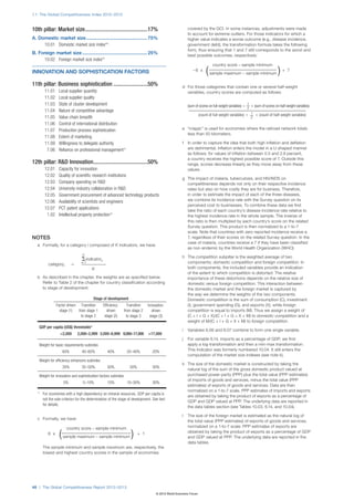 1.1: The Global Competitiveness Index 2012–2013


10th pillar: Market size.............................................17%                                   covered by the GCI. In some instances, adjustments were made
                                                                                                           to account for extreme outliers. For those indicators for which a
A. Domestic market size............................................... 75%                                 higher value indicates a worse outcome (e.g., disease incidence,
    	 10.01	 Domestic market size index* k                                                                 government debt), the transformation formula takes the following
                                                                                                           form, thus ensuring that 1 and 7 still corresponds to the worst and
B. Foreign market size.................................................. 25%                               best possible outcomes, respectively:
     	 10.02	 Foreign market size index* l
                                                                                                                        	        country score – sample minimum	
INNOVATION AND SOPHISTICATION FACTORS                                                               	
                                                                                                               –6 x
                                                                                                                            (   sample maximum – sample minimum              )   + 7


11th pillar: Business sophistication.........................50%                                        d	 For those categories that contain one or several half-weight
       	 11.01	       Local supplier quantity                                                              variables, country scores are computed as follows:
       	 11.02	       Local supplier quality
       	 11.03	       State of cluster development                                                         (sum of scores on full-weight variables) 1     3 (sum of scores on half-weight variables)
       	 11.04	       Nature of competitive advantage
                                                                                                           	         (count of full-weight variables) 1      3 (count of half-weight variables)
       	 11.05	       Value chain breadth
       	 11.06	       Control of international distribution
       	 11.07	       Production process sophistication                                                 e	 “n/appl.” is used for economies where the railroad network totals
                                                                                                           less than 50 kilometers.
       	 11.08	       Extent of marketing
       	 11.09	       Willingness to delegate authority                                                 f		 In order to capture the idea that both high inflation and deflation
       	 7.06	        Reliance on professional management 1/2                                               are detrimental, inflation enters the model in a U-shaped manner
                                                                                                            as follows: for values of inflation between 0.5 and 2.9 percent,
                                                                                                            a country receives the highest possible score of 7. Outside this
12th pillar: R&D Innovation.......................................50%                                       range, scores decrease linearly as they move away from these
       	 12.01	       Capacity for innovation                                                               values.
       	 12.02	       Quality of scientific research institutions
                                                                                                        g	 The impact of malaria, tuberculosis, and HIV/AIDS on
       	 12.03	       Company spending on R&D                                                              competitiveness depends not only on their respective incidence
       	 12.04	       University-industry collaboration in R&D                                             rates but also on how costly they are for business. Therefore,
       	 12.05	       Government procurement of advanced technology products                               in order to estimate the impact of each of the three diseases,
       	 12.06	       Availability of scientists and engineers                                             we combine its incidence rate with the Survey question on its
                                                                                                           perceived cost to businesses. To combine these data we first
       	 12.07	       PCT patent applications                                                              take the ratio of each country’s disease incidence rate relative to
       	 1.02	        Intellectual property protection 1/2                                                 the highest incidence rate in the whole sample. The inverse of
                                                                                                           this ratio is then multiplied by each country’s score on the related
                                                                                                           Survey question. This product is then normalized to a 1-to-7
                                                                                                           scale. Note that countries with zero reported incidence receive a
NOTES                                                                                                      7, regardless of their scores on the related Survey question. In the
                                                                                                           case of malaria, countries receive a 7 if they have been classified
    a	 Formally, for a category i composed of K indicators, we have:
                                                                                                           as non-endemic by the World Health Organization (WHO).
                                      K
                                                                                                        h	 The competition subpillar is the weighted average of two
                                      ⌺ indicatork
           categoryi                  k=1                                                                  components: domestic competition and foreign competition. In
                                ϭ
                                            K                                                              both components, the included variables provide an indication
                                                                                                           of the extent to which competition is distorted. The relative
    b	 As described in the chapter, the weights are as specified below.                                    importance of these distortions depends on the relative size of
       Refer to Table 2 of the chapter for country classification according                                domestic versus foreign competition. This interaction between
       to stage of development:                                                                            the domestic market and the foreign market is captured by
                                                                                                           the way we determine the weights of the two components.
                                            Stage of development                                           Domestic competition is the sum of consumption (C), investment
                 Factor-driven Transition            Efficiency-     Transition   Innovation-              (I), government spending (G), and exports (X), while foreign
                   stage (1)   from stage 1            driven      from stage 2      driven                competition is equal to imports (M). Thus we assign a weight of
                                 to stage 2           stage (2)      to stage 3    stage (3)               (C + I + G + X)/(C + I + G + X + M) to domestic competition and a
                                                                                                           weight of M/(C + I + G + X + M) to foreign competition.
     GDP per capita (US$) thresholds*
                                                                                                        i		 Variables 6.06 and 6.07 combine to form one single variable.
                      <2,000        2,000–2,999 3,000–8,999 9,000–17,000          >17,000
                                                                                                        j		 For variable 6.14, imports as a percentage of GDP, we first
     Weight for basic requirements subindex                                                                 apply a log-transformation and then a min-max transformation.
                          60%         40–60%           40%          20–40%           20%                    This indicator was formerly numbered 10.04. It still enters the
                                                                                                            computation of the market size indexes (see note k).
     Weight for efficiency enhancers subindex
                                                                                                        k	 The size of the domestic market is constructed by taking the
                          35%         35–50%           50%            50%            50%
                                                                                                           natural log of the sum of the gross domestic product valued at
     Weight for innovation and sophistication factors subindex                                             purchased power parity (PPP) plus the total value (PPP estimates)
                                                                                                           of imports of goods and services, minus the total value (PPP
                          5%          5–10%            10%          10–30%           30%
                                                                                                           estimates) of exports of goods and services. Data are then
                                                                                                           normalized on a 1-to-7 scale. PPP estimates of imports and exports
	   *	 For economies with a high dependency on mineral resources, GDP per capita is
                                                                                                           are obtained by taking the product of exports as a percentage of
       not the sole criterion for the determination of the stage of development. See text
                                                                                                           GDP and GDP valued at PPP. The underlying data are reported in
       for details.
                                                                                                           the data tables section (see Tables 10.03, 6.14, and 10.04).

                                                                                                        l		 The size of the foreign market is estimated as the natural log of
    c	 Formally, we have:
                                                                                                            the total value (PPP estimates) of exports of goods and services,
                  	        country score – sample minimum	                                                  normalized on a 1-to-7 scale. PPP estimates of exports are

	
           6 x
                      (   sample maximum – sample minimum              )    + 1                             obtained by taking the product of exports as a percentage of GDP
                                                                                                            and GDP valued at PPP. The underlying data are reported in the
                                                                                                            data tables.
		The sample minimum and sample maximum are, respectively, the
  lowest and highest country scores in the sample of economies




48 | The Global Competitiveness Report 2012–2013
                                                                                       © 2012 World Economic Forum
 