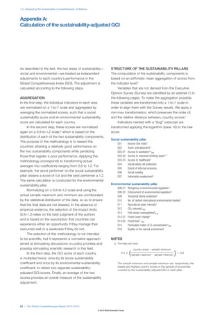 1.2: Assessing the Sustainable Competitiveness of Nations



Appendix A:
Calculation of the sustainability-adjusted GCI




As described in the text, the two areas of sustainability—               STRUCTURE OF THE SUSTAINABILITY PILLARS
social and environmental—are treated as independent                      The computation of the sustainability components is
adjustments to each country’s performance in the                         based on an arithmetic mean aggregation of scores from
Global Competitiveness Index (GCI). The adjustment is                    the indicator level.b
calculated according to the following steps.                                  Variables that are not derived from the Executive
                                                                         Opinion Survey (Survey) are identified by an asterisk (*) in
AGGREGATION                                                              the following pages. To make the aggregation possible,
In the first step, the individual indicators in each area                these variables are transformed into a 1-to-7 scale in
are normalized on a 1-to-7 scale and aggregated by                       order to align them with the Survey results. We apply a
averaging the normalized scores, such that a social                      min-max transformation, which preserves the order of,
sustainability score and an environmental sustainability                 and the relative distance between, country scores.c
score are calculated for each country.                                        Indicators marked with a “(log)” subscript are
      In the second step, these scores are normalized                    transformed applying the logarithm (base 10) to the raw
again on a 0.8-to-1.2 scale,a which is based on the                      score.
distribution of each of the two sustainability components.
                                                                         Social sustainability pillar
The purpose of this methodology is to reward the
                                                                             S01     Income Gini index*
countries attaining a relatively good performance on                         S02     Youth unemployment*
the two sustainability components while penalizing                           S03.01 Access to sanitation* d(log)
those that register a poor performance. Applying this                        S03.02 Access to improved drinking water* d
methodology corresponds to transforming actual                               S03.03 Access to healthcared
                                                                             S04     Social safety net protection
averages into coefficients ranging from 0.8 to 1.2. For
                                                                             S05     Extent of informal economy
example, the worst performer on the social sustainability                    S06     Social mobility
pillar obtains a score of 0.8 and the best performer a 1.2.                  S07     Vulnerable employment*
The same calculation is conducted for the environmental
sustainability pillar.                                                   Environmental sustainability pillar
                                                                              S08.01 Stringency of environmental regulation e
      Normalizing on a 0.8-to-1.2 scale and using the
                                                                              S08.02 Enforcement of environmental regulation e
actual sample maximum and minimum are corroborated                            S09    Terrestrial biome protection*
by the statistical distribution of the data, so as to ensure                  S10    No. of ratified international environmental treaties*
that the final data are not skewed. In the absence of                         S11    Agricultural water intensity*
empirical evidence, the selection of the impact limits                        S12    CO2 intensity*(log)
                                                                              S13    Fish stocks overexploited*(log)
(0.8–1.2) relies on the best judgment of the authors
                                                                              S14.01 Forest cover change* f
and is based on the assumption that countries can                             S14.02 Forest loss* f(log)
experience either an opportunity if they manage their                         S15    Particulate matter (2.5) concentration*(log)
resources well or a weakness if they do not.                                  S16    Quality of the natural environment
      The selection of this methodology is not intended
to be scientific, but it represents a normative approach                 NOTES
aimed at stimulating discussions on policy priorities and                   a Formally we have
possibly stimulating scientific research in this field.                                         country score – sample minimum
      In the third step, the GCI score of each country                             0.4 x
                                                                                           (   sample maximum – sample minimum     )   + 0.8

is multiplied twice: once by its social sustainability
coefficient and once by its environmental sustainability                        The sample minimum and sample maximum are, respectively, the
                                                                                lowest and highest country scores in the sample of economies
coefficient, to obtain two separate sustainability-
                                                                                covered by the sustainability-adjusted GCI in each pillar.
adjusted GCI scores. Finally, an average of the two
scores provides an overall measure of the sustainability
adjustment.




64 | The Global Competitiveness Report 2012–2013
                                                            © 2012 World Economic Forum
 