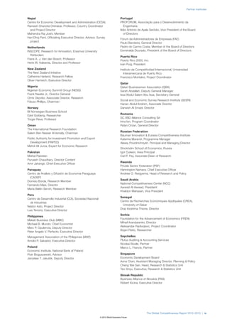 Partner Institutes


Nepal                                                                          Portugal
Centre for Economic Development and Administration (CEDA)                      PROFORUM, Associação para o Desenvolvimento da
Ramesh Chandra Chitrakar, Professor, Country Coordinator                           Engenharia
  and Project Director                                                         Ilídio António de Ayala Serôdio, Vice President of the Board
Mahendra Raj Joshi, Member                                                         of Directors
Hari Dhoj Pant, Officiating Executive Director, Advisor, Survey
                                                                               Fórum de Administradores de Empresas (FAE)
  project
                                                                               Paulo Bandeira, General Director
Netherlands                                                                    Pedro do Carmo Costa, Member of the Board of Directors
INSCOPE: Research for Innovation, Erasmus University                           Esmeralda Dourado, President of the Board of Directors
  Rotterdam
                                                                               Puerto Rico
Frans A. J. Van den Bosch, Professor
                                                                               Puerto Rico 2000, Inc.
Henk W. Volberda, Director and Professor
                                                                               Ivan Puig, President
New Zealand                                                                    Instituto de Competitividad Internacional, Universidad
The New Zealand Initiative                                                       Interamericana de Puerto Rico
Catherine Harland, Research Fellow                                             Francisco Montalvo, Project Coordinator
Oliver Hartwich, Executive Director
                                                                               Qatar
Nigeria                                                                        Qatari Businessmen Association (QBA)
Nigerian Economic Summit Group (NESG)                                          Sarah Abdallah, Deputy General Manager
Frank Nweke Jr., Director General                                              Issa Abdul Salam Abu Issa, Secretary-General
Chris Okpoko, Associate Director, Research
                                                                               Social and Economic Survey Research Institute (SESRI)
Foluso Phillips, Chairman
                                                                               Hanan Abdul Ibrahim, Associate Director
Norway                                                                         Darwish Al Emadi, Director
BI Norwegian Business School
                                                                               Romania
Eskil Goldeng, Researcher
                                                                               SC VBD Alliance Consulting Srl
Torger Reve, Professor
                                                                               Irina Ion, Program Coordinator
Oman                                                                           Rolan Orzan, General Director
The International Research Foundation
                                                                               Russian Federation
Salem Ben Nasser Al-Ismaily, Chairman
                                                                               Bauman Innovation & Eurasia Competitiveness Institute
Public Authority for Investment Promotion and Export                           Katerina Marandi, Programme Manager
  Development (PAIPED)                                                         Alexey Prazdnichnykh, Principal and Managing Director
Mehdi Ali Juma, Expert for Economic Research
                                                                               Stockholm School of Economics, Russia
Pakistan                                                                       Igor Dukeov, Area Principal
Mishal Pakistan                                                                Carl F. Fey, Associate Dean of Research
Puruesh Chaudhary, Director Content
                                                                               Rwanda
Amir Jahangir, Chief Executive Officer
                                                                               Private Sector Federation (PSF)
Paraguay                                                                       Hannington Namara, Chief Executive Officer
Centro de Análisis y Difusión de Economia Paraguaya                            Andrew O. Rwigyema, Head of Research and Policy
  (CADEP)
                                                                               Saudi Arabia
Dionisio Borda, Research Member
                                                                               National Competitiveness Center (NCC)
Fernando Masi, Director
                                                                               Awwad Al-Awwad, President
María Belén Servín, Research Member
                                                                               Khaldon Mahasen, Vice President
Peru
                                                                               Senegal
Centro de Desarrollo Industrial (CDI), Sociedad Nacional
                                                                               Centre de Recherches Economiques Appliquées (CREA),
  de Industrias
                                                                                 University of Dakar
Néstor Asto, Project Director
                                                                               Diop Ibrahima Thione, Director
Luis Tenorio, Executive Director
                                                                               Serbia
Philippines
                                                                               Foundation for the Advancement of Economics (FREN)
Makati Business Club (MBC)
                                                                               Mihail Arandarenko, Director
Michael B. Mundo, Chief Economist
                                                                               Aleksandar Radivojevic, Project Coordinator
Marc P. Opulencia, Deputy Director
                                                                               Bojan Ristic, Researcher
Peter Angelo V. Perfecto, Executive Director
Management Association of the Philippines (MAP)                                Seychelles
Arnold P. Salvador, Executive Director                                         Plutus Auditing & Accounting Services
                                                                               Nicolas Boulle, Partner
Poland                                                                         Marco L. Francis, Partner
Economic Institute, National Bank of Poland
Piotr Boguszewski, Advisor                                                     Singapore
Jarosław T. Jakubik, Deputy Director                                           Economic Development Board
                                                                               Anna Chan, Assistant Managing Director, Planning & Policy
                                                                               Cheng Wai San, Head, Research & Statistics Unit
                                                                               Teo Xinyu, Executive, Research & Statistics Unit

                                                                               Slovak Republic
                                                                               Business Alliance of Slovakia (PAS)
                                                                               Robert Kicina, Executive Director




                                                                                                    The Global Competitiveness Report 2012–2013 | ix
                                                           © 2012 World Economic Forum
 