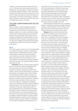 1.1: The Global Competitiveness Index 2012–2013



not able to conduct the Survey because of civil unrest                world (5th). Governance structures ensure a level playing
in 2011. Three previously covered countries had to be                 field, enhancing business confidence; these include
excluded from this year’s Report. Survey data could not               an independent judiciary, a strong rule of law, and a
be collected in Belize and Angola; in Syria, the security             highly accountable public sector. Competitiveness
situation did not allow the Survey to be carried out. In the          is also buttressed by excellent infrastructure (5th),
case of Tunisia we decided not to report the results this             well-functioning goods markets (7th), and highly
year because an important structural break in the data                developed financial markets (9th). Finally, Switzerland’s
makes comparisons with past years difficult. We hope to               macroeconomic environment is among the most stable
re-include these countries in the future.                             in the world (8th) at a time when many neighboring
                                                                      economies continue to struggle in this area.
THE GLOBAL COMPETITIVENESS INDEX 2012–2013                                  While Switzerland demonstrates many competitive
RANKINGS                                                              strengths, maintaining its innovative capacity will require
Tables 3 through 7 provide the detailed rankings of                   boosting university enrollment, which continues to lag
this year’s GCI. The following sections discuss the                   behind that of many other high-innovation countries,
findings of the GCI 2012–2013 for the top performers                  although this has been increasing in recent years.
globally, as well as for a number of selected economies                     Singapore retains its place at 2nd position as
in each of the five following regions: Europe and North               a result of an outstanding performance across the
America, Asia and the Pacific, Latin America and the                  entire Index. The country features in the top 3 in
Caribbean, the Middle East and North Africa, and sub-                 seven of the 12 categories of the Index and appears
Saharan Africa. Box 1 presents a comparative study of                 in the top 10 of three others. Its public and private
the GCI results, highlighting the profound and persisting             institutions are rated as the best in the world for the
competitiveness divide across and within the different                fifth year in a row. It also ranks 1st for the efficiency
world regions.                                                        of its goods and labor markets, and places 2nd in
                                                                      terms of financial market development. Singapore also
Top 10                                                                has world-class infrastructure (2nd), with excellent
As in previous years, this year’s top 10 remain dominated             roads, ports, and air transport facilities. In addition,
by a number of European countries, with Switzerland,                  the country’s competitiveness is reinforced by a strong
Finland, Sweden, the Netherlands, Germany, and the                    focus on education, which has translated into a steady
United Kingdom confirming their place among the                       improvement in the higher education and training pillar
most competitive economies. Along with the United                     (2nd) in recent years, thus providing individuals with the
States, three Asian economies also figure in top 10,                  skills needed for a rapidly changing global economy.
with Singapore remaining the second-most competitive                        Finland moves up one place since last year to
economy in the world, and Hong Kong SAR and Japan                     reach 3rd position on the back of small improvements
placing 9th and 10th.                                                 in a number of areas. Similar to other countries in
      Switzerland retains its 1st place position again this           the region, the country boasts well-functioning and
year as a result of its continuing strong performance                 highly transparent public institutions (2nd), topping
across the board. The country’s most notable                          several indicators included in this category. Its private
strengths are related to innovation and labor market                  institutions, ranked 3rd overall, are also seen to be
efficiency, where it tops the GCI rankings, as well as the            among the best run and most ethical in the world.
sophistication of its business sector, which is ranked                Finland occupies the top position both in the health
2nd. Switzerland’s scientific research institutions are               and primary education pillar as well as the higher
among the world’s best, and the strong collaboration                  education and training pillar, the result of a strong focus
between its academic and business sectors, combined                   on education over recent decades. This has provided
with high company spending on R&D, ensures that                       the workforce with the skills needed to adapt rapidly to
much of this research is translated into marketable                   a changing environment and has laid the groundwork
products and processes reinforced by strong intellectual              for high levels of technological adoption and innovation.
property protection. This robust innovative capacity is               Finland is one of the most innovative countries in
captured by its high rate of patenting per capita, for                Europe, ranking 2nd, behind only Switzerland, on the
which Switzerland ranks a remarkable 2nd worldwide.                   related pillar. Improving the country’s capacity to adopt
Productivity is further enhanced by a business sector                 the latest technologies (ranked 25th) could lead to
that offers excellent on-the-job-training opportunities,              important synergies that in turn could corroborate the
both citizens and private companies that are proactive                country’s position as one of the world’s most innovative
at adapting the latest technologies, and labor markets                economies. Finland’s macroeconomic environment
that balance employee protection with the interests of                weakens slightly on the back of rising inflation (above 3
employers. Moreover, public institutions in Switzerland               percent), but fares comparatively well when contrasted
are among the most effective and transparent in the                   with other euro-area economies.




                                                                                       The Global Competitiveness Report 2012–2013 | 11
                                                  © 2012 World Economic Forum
 