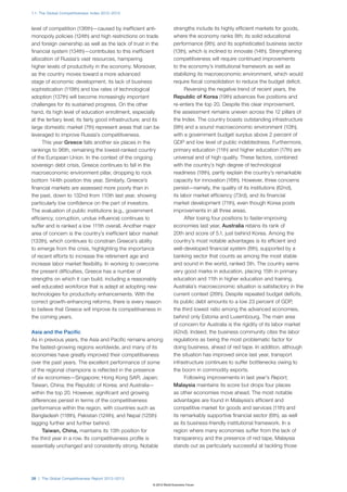 1.1: The Global Competitiveness Index 2012–2013



level of competition (136th)—caused by inefficient anti-               strengths include its highly efficient markets for goods,
monopoly policies (124th) and high restrictions on trade               where the economy ranks 8th; its solid educational
and foreign ownership as well as the lack of trust in the              performance (9th); and its sophisticated business sector
financial system (134th)—contributes to this inefficient               (13th), which is inclined to innovate (14th). Strengthening
allocation of Russia’s vast resources, hampering                       competitiveness will require continued improvements
higher levels of productivity in the economy. Moreover,                to the economy’s institutional framework as well as
as the country moves toward a more advanced                            stabilizing its macroeconomic environment, which would
stage of economic development, its lack of business                    require fiscal consolidation to reduce the budget deficit.
sophistication (119th) and low rates of technological                        Reversing the negative trend of recent years, the
adoption (137th) will become increasingly important                    Republic of Korea (19th) advances five positions and
challenges for its sustained progress. On the other                    re-enters the top 20. Despite this clear improvement,
hand, its high level of education enrollment, especially               the assessment remains uneven across the 12 pillars of
at the tertiary level; its fairly good infrastructure; and its         the Index. The country boasts outstanding infrastructure
large domestic market (7th) represent areas that can be                (9th) and a sound macroeconomic environment (10th),
leveraged to improve Russia’s competitiveness.                         with a government budget surplus above 2 percent of
      This year Greece falls another six places in the                 GDP and low level of public indebtedness. Furthermore,
rankings to 96th, remaining the lowest-ranked country                  primary education (11th) and higher education (17th) are
of the European Union. In the context of the ongoing                   universal and of high quality. These factors, combined
sovereign debt crisis, Greece continues to fall in the                 with the country’s high degree of technological
macroeconomic environment pillar, dropping to rock                     readiness (18th), partly explain the country’s remarkable
bottom 144th position this year. Similarly, Greece’s                   capacity for innovation (16th). However, three concerns
financial markets are assessed more poorly than in                     persist—namely, the quality of its institutions (62nd),
the past, down to 132nd from 110th last year, showing                  its labor market efficiency (73rd), and its financial
particularly low confidence on the part of investors.                  market development (71th), even though Korea posts
The evaluation of public institutions (e.g., government                improvements in all three areas.
efficiency, corruption, undue influence) continues to                        After losing four positions to faster-improving
suffer and is ranked a low 111th overall. Another major                economies last year, Australia retains its rank of
area of concern is the country’s inefficient labor market              20th and score of 5.1, just behind Korea. Among the
(133th), which continues to constrain Greece’s ability                 country’s most notable advantages is its efficient and
to emerge from the crisis, highlighting the importance                 well-developed financial system (8th), supported by a
of recent efforts to increase the retirement age and                   banking sector that counts as among the most stable
increase labor market flexibility. In working to overcome              and sound in the world, ranked 5th. The country earns
the present difficulties, Greece has a number of                       very good marks in education, placing 15th in primary
strengths on which it can build, including a reasonably                education and 11th in higher education and training.
well educated workforce that is adept at adopting new                  Australia’s macroeconomic situation is satisfactory in the
technologies for productivity enhancements. With the                   current context (26th). Despite repeated budget deficits,
correct growth-enhancing reforms, there is every reason                its public debt amounts to a low 23 percent of GDP,
to believe that Greece will improve its competitiveness in             the third lowest ratio among the advanced economies,
the coming years.                                                      behind only Estonia and Luxembourg. The main area
                                                                       of concern for Australia is the rigidity of its labor market
Asia and the Pacific                                                   (42nd). Indeed, the business community cites the labor
As in previous years, the Asia and Pacific remains among               regulations as being the most problematic factor for
the fastest-growing regions worldwide, and many of its                 doing business, ahead of red tape. In addition, although
economies have greatly improved their competitiveness                  the situation has improved since last year, transport
over the past years. The excellent performance of some                 infrastructure continues to suffer bottlenecks owing to
of the regional champions is reflected in the presence                 the boom in commodity exports.
of six economies—Singapore; Hong Kong SAR; Japan;                            Following improvements in last year’s Report,
Taiwan, China; the Republic of Korea; and Australia—                   Malaysia maintains its score but drops four places
within the top 20. However, significant and growing                    as other economies move ahead. The most notable
differences persist in terms of the competitiveness                    advantages are found in Malaysia’s efficient and
performance within the region, with countries such as                  competitive market for goods and services (11th) and
Bangladesh (118th), Pakistan (124th), and Nepal (125th)                its remarkably supportive financial sector (6th), as well
lagging further and further behind.                                    as its business-friendly institutional framework. In a
     Taiwan, China, maintains its 13th position for                    region where many economies suffer from the lack of
the third year in a row. Its competitiveness profile is                transparency and the presence of red tape, Malaysia
essentially unchanged and consistently strong. Notable                 stands out as particularly successful at tackling those




28 | The Global Competitiveness Report 2012–2013
                                                          © 2012 World Economic Forum
 