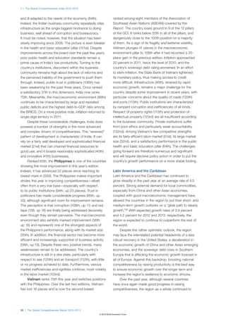 1.1: The Global Competitiveness Index 2012–2013



and ill-adapted to the needs of the economy (84th).                  ranked among eight members of the Association of
Indeed, the Indian business community repeatedly cites               Southeast Asian Nations (ASEAN) covered by the
infrastructure as the single biggest hindrance to doing              Report. The country loses ground in 9 of the 12 pillars
business, well ahead of corruption and bureaucracy.                  of the GCI. It ranks below 50th in all of the pillars, and
It must be noted, however, that the situation has been               dangerously close to the 100th position on a majority
slowly improving since 2006. The picture is even bleaker             of them. As a sign of its fragility and extreme volatility,
in the health and basic education pillar (101st). Despite            Vietnam plunges 41 places in the macroeconomic
improvements across the board over the past few years,               environment pillar to 106th after it had recorded a 20-
poor public health and education standards remain a                  place gain in the previous edition. Inflation approached
prime cause of India’s low productivity. Turning to the              20 percent in 2011, twice the level of 2010, and the
country’s institutions, discontent within the business               country’s sovereign debt rating worsened. In an effort
community remains high about the lack of reforms and                 to stem inflation, the State Bank of Vietnam tightened
the perceived inability of the government to push them               its monetary policy, thus making access to credit
through. Indeed, public trust in politicians (106th) has             more difficult. Infrastructure (95th), strained by rapid
been weakening for the past three years. Once ranked                 economic growth, remains a major challenge for the
a satisfactory 37th in this dimension, India now ranks               country despite some improvement in recent years, with
70th. Meanwhile, the macroeconomic environment (99th)                particular concerns about the quality of roads (120th)
continues to be characterized by large and repeated                  and ports (113th). Public institutions are characterized
public deficits and the highest debt-to-GDP ratio among              by rampant corruption and inefficiencies of all kinds.
the BRICS. On a more positive note, inflation returned to            Respect of property rights (113th) and protection of
single-digit territory in 2011.                                      intellectual property (123rd) are all insufficient according
      Despite these considerable challenges, India does              to the business community. Private institutions suffer
possess a number of strengths in the more advanced                   from poor ethics and particularly weak accountability
and complex drivers of competitiveness. This “reversed”              (132nd). Among Vietnam’s few competitive strengths
pattern of development is characteristic of India. It can            are its fairly efficient labor market (51st), its large market
rely on a fairly well developed and sophisticated financial          size (32nd), and a satisfactory performance in the public
market (21st) that can channel financial resources to                health and basic education pillar (64th). The challenges
good use, and it boasts reasonably sophisticated (40th)              going forward are therefore numerous and significant
and innovative (41th) businesses.                                    and will require decisive policy action in order to put the
      Ranked 65th, the Philippines is one of the countries           country’s growth performance on a more stable footing.
showing the most improvement in this year’s edition.
Indeed, it has advanced 22 places since reaching its                 Latin America and the Caribbean
lowest mark in 2009. The Philippines makes important                 Latin America and the Caribbean has continued to
strides this year in improving competitiveness—albeit                grow steadily in the past year at an average rate of 4.5
often from a very low base—especially with respect                   percent. Strong external demand for local commodities,
to its public institutions (94th, up 23 places). Trust in            especially from China and other Asian economies,
politicians has made considerable progress (95th, up                 coupled with good macroeconomic management have
33), although significant room for improvement remains.              allowed the countries in the region to put their short- and
The perception is that corruption (108th, up 11) and red             medium-term growth outlooks on a “glide path to steady
tape (108, up 18) are finally being addressed decisively,            growth.”26 With expected growth rates of 3.4 percent
even though they remain pervasive. The macroeconomic                 and 4.2 percent for 2012 and 2013, respectively, the
environment also exhibits marked improvement (36th                   region is expected to continue to outperform the rest of
up 18) and represents one of the strongest aspects of                the world.
the Philippine’s performance, along with its market size                   Despite this rather optimistic outlook, the region
(35th). In addition, the financial sector has become more            may face the interrelated potential headwinds of a less
efficient and increasingly supportive of business activity           robust recovery in the United States, a deceleration in
(58th, up 13). Despite these very positive trends, many              the economic growth of China and other Asian emerging
weaknesses remain to be addressed. The country’s                     economies, and the sovereign debt crisis in Southern
infrastructure is still in a dire state, particularly with           Europe that is affecting the economic growth forecast in
respect to sea (120th) and air transport (112th), with little        all of Europe. Against this backdrop, boosting national
or no progress achieved to date. Furthermore, various                competitiveness by raising productivity is the best way
market inefficiencies and rigidities continue, most notably          to ensure economic growth over the longer term and
in the labor market (103rd).                                         increase the region’s resilience to economic shocks.
      Vietnam ranks 75th this year and switches positions                  Over the past year, although several countries
with the Philippines. Over the last two editions, Vietnam            have once again made good progress in raising
has lost 16 places and is now the second-lowest                      competitiveness, the region as a whole continued to




30 | The Global Competitiveness Report 2012–2013
                                                        © 2012 World Economic Forum
 