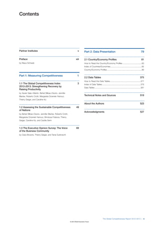 Contents




Partner Institutes                                                   v         Part 2: Data Presentation                                                                   79

Preface                                                            xiii        2.1 Country/Economy Profiles                                                                81
by Klaus Schwab                                                                How to Read the Country/Economy Profiles ..................................83
                                                                               Index of Countries/Economies ........................................................85
                                                                               Country/Economy Profiles ..............................................................86


Part 1: Measuring Competitiveness                                    1
                                                                               2.2 Data Tables                                                                           375
                                                                               How to Read the Data Tables .......................................................377
1.1 The Global Competitiveness Index                                 3         Index of Data Tables .....................................................................379
2012–2013: Strengthening Recovery by                                           Data Tables ..................................................................................381
Raising Productivity
by Xavier Sala-i-Martín, Beñat Bilbao-Osorio, Jennifer
Blanke, Roberto Crotti, Margareta Drzeniek Hanouz,                             Technical Notes and Sources                                                               519
Thierry Geiger, and Caroline Ko

                                                                               About the Authors                                                                         523
1.2 Assessing the Sustainable Competitiveness                      49
of Nations
                                                                               Acknowledgments                                                                           527
by Beñat Bilbao-Osorio, Jennifer Blanke, Roberto Crotti,
Margareta Drzeniek Hanouz, Brindusa Fidanza, Thierry
Geiger, Caroline Ko, and Cecilia Serin


1.3 The Executive Opinion Survey: The Voice                        69
of the Business Community
by Ciara Browne, Thierry Geiger, and Tania Gutknecht




                                                                                                             The Global Competitiveness Report 2012–2013 | iii
                                                           © 2012 World Economic Forum
 