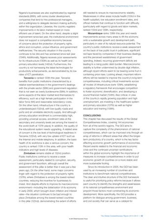 1.1: The Global Competitiveness Index 2012–2013



Nigeria’s businesses are also sophisticated by regional               still needed to ensure its macroeconomic stability.
standards (66th), with some cluster development,                      Weaknesses in other areas include health (133rd in the
companies that tend to hire professional managers,                    health subpillar), low education enrollment rates, and
and a willingness to delegate decision-making authority               official markets that continue to function with difficulty
within the organization. Likewise, the country registers              (particularly with regard to goods and labor markets,
improvements in its labor market based on more                        ranked 133rd and 139th, respectively).
efficient use of talent. On the other hand, despite a slight                 Mozambique ranks 138th this year and needs
improvement since last year, the institutional environment            improvements across many areas to lift the economy
does not support a competitive economy because                        onto a sustainable growth and development path,
of concerns about the protection of property rights,                  particularly in view of its natural resource potential. The
ethics and corruption, undue influence, and government                country’s public institutions receive a weak assessment
inefficiencies. The security situation in the country                 on the back of low public trust in politicians, significant
continues to be dire and has worsened since last year                 red tape faced by companies in their business dealings,
(134th). Additionally, Nigeria receives poor assessments              and the perceived wastefulness of government
for its infrastructure (130th) as well as its health and              spending. Indeed, recurring government deficits are
primary education levels (142nd). Furthermore, the                    leading to a rising public debt burden. Macroeconomic
country is not harnessing the latest technologies for                 stability is further undermined by double-digit inflation,
productivity enhancements, as demonstrated by its low                 although recent efforts seem to be bearing some fruit in
rates of ICT penetration.                                             containing price rises. Looking ahead, important reform
      Tanzania is ranked 120th this year. Tanzania                    efforts will be needed to improve the country’s long-term
benefits from public institutions characterized by a                  competitiveness, including critical investments across
relative evenhandedness in the government’s dealings                  all modes of infrastructure (rank 129th), establishing
with the private sector (56th) and government regulation              a regulatory framework that encourages competition
that is not seen as overly burdensome (58th). In addition,            to foster economic diversification, and developing a
some aspects of the labor market lend themselves to                   sound financial market (134th). Also critical, in view
efficiency, such as a high female participation in the                of the country’s rapidly growing population and high
labor force (5th) and reasonable redundancy costs.                    unemployment, are investing in the healthcare system
On the other hand, infrastructure in the country is                   and primary education (137th) as well as higher
underdeveloped (132nd), with low-quality roads and                    education and training (138th).
ports and an unreliable electricity supply. And although
primary education enrollment is commendably high,                     CONCLUSIONS
providing universal access, enrollment rates at the                   This chapter has discussed the results of the Global
secondary and university levels are among the lowest in               Competitiveness Index, covering 144 economies
the world (both at 137th place). In addition, the quality of          from all of the world’s regions. The GCI aims to
the educational system needs upgrading. A related area                capture the complexity of the phenomenon of national
of concern is the low level of technological readiness in             competitiveness, which can be improved only through an
Tanzania (122nd), with very low uptake of ICT such as                 array of reforms in different areas that affect the longer-
the Internet and mobile telephony. In addition, the basic             term productivity of a country, which is the key factor
health of its workforce is also a serious concern; the                affecting economic growth performance of economies.
country is ranked 113th in this area, with poor health                Recent events related to the financial and economic
indicators and high levels of diseases.                               crisis and the continued uncertain ramifications
      Zimbabwe remains stable at 132nd position.                      within the global economy highlight the importance of
Public institutions continue to receive a weak                        measures to increase competitiveness in order to put
assessment, particularly related to corruption, security,             economic growth of countries on a more stable and
and government favoritism, although overall the                       more sustainable footing.
assessment of this pillar is better than it was just a few                  Since its introduction in 2005, the GCI has been
years ago. On the other hand, some major concerns                     used by an increasing number of countries and
linger with regard to the protection of property rights               institutions to benchmark national competitiveness.
(137th), where Zimbabwe is among the lowest-ranked                    The clear and intuitive structure of the GCI framework
countries, reducing the incentive for businesses to                   is useful for prioritizing policy reforms because it allows
invest. And despite efforts to improve its macroeconomic              each country to identify the strengths and weaknesses
environment—including the dollarization of its economy                of its national competitiveness environment and
in early 2009, which brought down inflation and interest              pinpoint those factors most constraining its economic
rates—the situation continues to be bad enough to                     development. More specifically, the GCI provides a
place Zimbabwe among the lowest-ranked countries                      platform for dialogue among government, business,
in this pillar (122nd), demonstrating the extent of efforts           and civil society that can serve as a catalyst for




                                                                                       The Global Competitiveness Report 2012–2013 | 43
                                                  © 2012 World Economic Forum
 