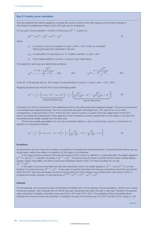 1.3: The Executive Opinion Survey




                                                       Box 2: Country score calculation

                                                                                                                                                                                                                                                                                                     10–11
                                                       This box presents the method applied to compute the country q i,c
                                                                                                            q i,   scores for the vast majority of economies included in
                                                                                                                                                            ϱ‫گ‬ᎏԽ␣ϩϪ⌺ϫϬϭϮϯЊЈ
                                                       The Global Competitiveness Report 2012–2013 (see text for exceptions).
                                                                                                                               10–11
                                                                                               q                             q10–11
                                                                    q i, q10–11               i,c
                                          For any giveni,Survey question i, country c’s final score, q i,c ϱ‫گ‬ᎏԽ␣ϩϪ⌺ϫϬϭϮϯЊЈ ϫ q i,c
                                                                                            i,c
                                                                                                                                                                                               2011–12    ϱ‫گ‬ᎏԽ␣ϩϪ⌺ϫϬϭϮϯЊЈ
                                                                                                                                                                                                               , w 2011 ϫ by:
                                                                                                                                                                                                              ϭis cgiven q i,c ϩ w c
                                                                                                                                                                                                                                                2011                2012                  2012                                 2011–12
                                                                                                                                                                                                                                                                                                                           q i,c                     2012
                                                                                                                                                                                                                                                                                                                                                 q i,c                 10–11   –2011
                                                                                                                                                                                                                                                                                                                                                                   q i,c ϭ q i,c
                                                                    q i,                q i,c
                                                                                           10–11                                                                                                       ϱ‫گ‬ᎏԽ␣ϩϪ⌺ϫϬϭϮϯЊЈ                                                                                                                               2011
                                                                                                                                                                                                                                                                                                                                                 q i,c
                                                                    q i,2011–12q i,c 2011                                                                                                                 2011–12                      2012                 10–11               –2011
                                                                    q2011–12 ϭ w2011 ϫ q2011 ϩ w2012 ϫ q2012
                                                                       i,c                        c
                                                                                                                       2011
                                                                                                                     i,c                c
                                                                                                                                          2012                 2012
                                                                                                                                                             i,c                             q i,cqq2011–12 qq2012 N ct qq10–11ϭqq–2011
                                                                                                                                                                                                  t ϱ‫گ‬ᎏԽ␣ϩϪ⌺ϫϬϭϮϯЊЈ
                                                                                                                                                                                                         i,c                         i,c                   i,c               i,c                                                            (1)
                                                                  q 2011–12 ϭ w c2011 ϫ q i,c ϩ w c2012 ϫ q i,c q
                                                                     i,c
                                                                                                                                                                                       10–11
                                                                                                                                                                                    q i,c              i,c                         i,c                 i,c ϭ i,c
                                                                                                                                                                                                                                                         t
                                                                  q i,c               ϭ w c ϫ q i,c ϩ w c ϫ q i,c i,
                                                                                                                    2011                                    2012                                   q 2011–12 q q2012 ⌺q i,c ϭ q i,c    2011         q10–11 –2011                                     ϱ‫گ‬ᎏԽ␣ϩϪ⌺ϫϬϭϮϯЊЈ             Nc
                                                                                                                                                                                                                                                                                                                                       2011
                                          where                                                                                                                                                   t i,c                           i,ci,c
                                                                                                                                                                                                                                     2011 n=1 i,n,c
                                                                     2011–12t                    2011               2011t             2012                  2012                                   q i,c                       q 2012
                                                                                                                                                                                             q i,n,c2011–12 qqi,c ϭ q 10–11 q –2011  –t
                                                                                                                                                                                                                                                                                                  (1Ϫ␣) ϩ 2011
                                                                  q i,cqt i,c ϭ w c ϫ q i,c Nt c ϩ w c ϫ q i,c                                                                                                                 q i,c2011
                                                                                                                                                                                                                                    i,c
                                                                                                                                                                                                                                                                                                                        N c ϩN c
                                                                                                                                                                                                                                                                                                                                             2012
                                                                     q ti,c                                                      t                                                                                                i,c              N i,c ϭ i,c
                                                                                                                                                                                                                                                        t
                                                                                                                                                                                                                                                                                        2011
                                                                                                                      Nc
                                                                                                                        ⌺ qt i,n,c on question i in year t, with2011=q2011, 2012, as computed 2011–12 q 2012 q 10–11 q –2011                           c
                                                                                                                                                                                                                                                                                   wc ϭ
                                                                                                                                                               q i,c (1Ϫ␣) c2011c ϫ qNc2011 ϩ w c2012 ϫ q i,c
                                                                                                                                                                                                  t
                                                             q i, qqt i,n,c i,c country c’sn=1 ti,n,c
                                                                       i,c t q is                            –t N c score
                                                                                                                                                                                                                                    2011
                                                                                                                                                                    2011–12
                                                                                                                                                                                             N                         t i,c                                2012                                  q i,c
                                                                                                         q ϭn=1q t
                                                                                      10–11                             t
                                                                        t
                                                                                                                      ⌺                                                            ϭw ϩ                           2011
                                                                                                                                                                                                           Ni,cc 2012                                                                                                    2i,c                 i,c ϭ i,c
                                                                                                       q –ti,c ϭ n=1q i,n,c
                                                                    q i,c following–ttheN capproach described in the text; cϩ N 2012                                                                   2011
                                                                     q ti,n,c                                        ⌺ Nt c
                                                                                                                        t                                                (1Ϫ␣) ϩ ϱ‫گ‬ᎏԽ␣ϩϪ⌺ϫϬϭϮϯЊЈ N 2011 2011 c
                                                                                                                                                                                                      c N                                                                                                                   2011
   q i,               10–11
                   q i,c                                            qN t
                                                                                                          i,c
                                                                                                      q i,c   ϭ ⌺N c           t
                                                                                                                                                             2011
                                                                                                                                                        w2011 ϭ(1Ϫ␣) ϩwNt c2011 ϩ N c2012                                                                                                                               q2012
                                                                                                                                                                                                                                                                                                                          i,c
                                                                                                                           q ti,n,c                         c                                                    2011
                                                                                                                                                                                                                                                                                                                     Nc
                                                                                                                                                                   q a 1–7 ϩ Nc2 NϩNNtc c 2012
                                                                       i,n,c
                                                                    Nt c
                                                                          t                               –t
                                                                                                              ϭ N
                                                                                                                         ϱ‫گ‬ᎏԽ␣ϩϪ⌺ϫϬϭϮϯЊЈ               w c2011ϭi,c    t
                                                                                                                                                                                                               c                                ΂΃΄΅Ά·͓͓͠΍ΕΔΖ
                                                               2011–12 is respondent n’s response (on (1Ϫ␣) scale) to question i in year –2011
                                                                    q tc                             q 2011n=1 ct
                                                            q i,c N i,n,cϭ w c2011 ϫ i,c i,c ϩ w c2012 ϫ q i,c c2011ϭ
                                                                                                         q                                            w2012                                     2c
                                                                                                                                                                                                2011–12
                                                                                                                                                                                            qN 2011 ϩ⌺q i,c        Nqt
                                                                                                                                                                                                                         2012                  q i,c ϭ q i,ct; and
                                                                                                                                                                                                                                                  10–11                                          ␣ ϩ 2011                      2012
                                                                                                                                                                                                                                                                                                        NN c ϩN c
                                                                                                                                                                                                                                                                                                            2011
                                                                       c t                                              Nc                                                                     i,c
                                                                                                                                                                                               2c2012 n=1c i,n,c                                                                 wc ϭ
                                                                                                                                                                                                                                                                                      2012                                                                2012
                                                                                                                                                                                                                                                                                                                                                     w c ϭ0
                                                                                                                                                                                                                                                                                                                                                                                 2011
                                                                                                                                                                                                                                                                                                                                                                              w c ϭ1
                                                                        t 10–11
                                                                      q c2012                                           2011–12                       w ϭi,n,c
                                                     q i, ϫNwcti,c is the weight ΂΃΄΅Ά·͓͓͠΍ΕΔΖq i,c country c’s q i,c Nq i,c ϭ qtti,c(see below). (1Ϫ␣) ϩ 2011 ϩ 2
                                                                                                                                                   2012 c
                                                                                                                                                                      t
                                                                                                                                                                   q i,c
                                                                                                                                                                      10–11             –2011 –t
                                                                                                                                                                                                                                                                                                           c
     2011–12
  q i,c                   2011
                  ϭ w c ϫ q i,c ϩ w c
                                         2011          2012
                                                                    wct i,c
                                                                      q                                             q i,c
                                                                                                                        applied to                                 q ϭ scorec in                 2012 year 2011
                                                                                                                                                                                            N 2 2012 N                                                                                                              2012
                                                                  tw                                                 ΂΃΄΅Ά·͓͓͠΍ΕΔΖ                                       ␣ ϩ 2011 c2012   ϱ‫گ‬ᎏԽ␣ϩϪ⌺ϫϬϭϮϯЊЈ2011                                                                                   Nc             Nc
                                                                                                                                                                                                                                            2012 w c
                                                                                                                                                                                                                           c
                                                              q i,c c                                          N c ΂΃΄΅Ά·͓͓͠΍ΕΔΖ
                                                                                                                  t                                2011               t ϩ N 2011 c N 2012
                                                                                                                                                                      ␣                 c N
                                                                                                                                                                                               ϩ                                                                ϭ                                                                                         2011                   2012
                                                                                                                                            q i,c c2012ϭc        N                           ϩ c                                                                                   2011                                                              w c ϭ0                   w c ϭ1
                                                                                                                        determinedw2012ϭ ␣ ϩ N c2011 2c2012c2012
                                                                                                                                                        as follows: N N 2011                                                           w2012 ϭ 0                             w2011 ϭ 12
                                                                        t
        t                                                           wc
                                          The weights for each year are i,n,c                                       q   t
                                                                                                               ⌺ ΂΃΄΅Ά·͓͓͠΍ΕΔΖ 2012 c2012            w                                              N
                                                                                                                                                                                                                                           c
                                                                                                                                                                                                                                     w c2012ϭ 0 –2011 w c2011ϭ 1                  c
   q i,c                                    t                                                                                                                                      N 2011–12ϩN cc                    2012                  10–11
                                                    q q ϭ w c2011 ϫqq–t2011 n=1 w c2012 ϫ q i,c w c ϭ ␣ ϩ ϩ i,c2 2011 2012q2012 wq i,c2011 0q i,c                                      q
                                                        2011–12   t
                                          Nc
                                                                                                         ϭ ϩ                                                     (1Ϫ␣) c2011 ϩ                                                                   ϭϭ                       w c 2012 1 2012
                                                                                                                                                                                                                                                                                      ϭ

                                                                                                                                                                                                                                                                                                                                                                                                                                                                     ΄                                                                                          ΅
                                                t                                                                                                                     t                                            i,c
                                          ⌺ q i,n,c i,c q i,i,n,c q i,c               10–11 i,c      i,c
                                                                                                                  N ct N c
                                                                                                                                 2011
                                                                                                                                                         2012 w c                  N c N c N ϩN c
                                                                                                                                                                                          2 c 2011–122011 1 ww2012ϭ 00
                                                                                                                                                                                                                                         c
                                                                                                                                                                                                                 ΂΃΄΅Ά·͓͓͠΍ΕΔΖc2011ϭ 0 ϫ ␣wwc2011ϭ 11c q 2012 ϩ 1 ϫ                         N                                                N c2011                               N c2012
                                                                                                                                                                                                                                                                                                                                    ΄                                                                                                      ΅
                                                                                                                                                                                                                                                   ϭ                             2012 ϭ
        t
   q i,n,c                       –t
                              q i,c ϭ n=1                         t                      (1Ϫ␣) ϩ 2011                                                w2011
                                                                                                                                                w c c ϭϭ                                        ϱ‫گ‬ᎏԽ␣ϩϪ⌺ϫϬϭϮϯЊЈ q i,cϩ20122011 ϫ i,c
                                                                                                                                                                                                    q i,c q i,c      ϭ               w c (1Ϫ␣)
                                                                                                                                                                                                                                    ϫ c2011                                wc cϩϭ 1
                                                                                                                                                                                                                                                                           2011
                                                                                                                                                                                                                                                                                          ␣
                                                                                                                                                                                                                                                                                                                                                                         2011
                                                                                                                                                                                                                                                                                                                                                               ϫ q i,c ϩ 2011                 ϫ q i,c
                                                                                                                                                                                                                                                                                                                                                                                                     2012

                                               t             Nc                                                  N c ϩN c
                                                                                                                                      2012                                                2                                   2 w c ϭ 02012 w c N cϭ 1ϩN c2012                                                          2 2012 c2011ϩ N c2012 2011
                                                                                                                                                                                                                                                                                                                                       N                                      N c ϩ N c2012
                                            N c q i,c      t
                                                                                                                                                         (2a)                                    and                                                                                                                                     (2b)

                                                                                                                                                                                                                                                                                 ΄΄                                                                                                                                       ΅΅
                                                                          2011                             t
                                                                                                                                                                                                                                                                                                                            w c ϭ0




                                                                                                                                                                                                                                                            Ά Ά Ά ΆΆ Ά
                                                                    wc ϭ                               Nc                                                                                                                                         wc ϭ
                                                                                                                                                                                                                              N c2011 2011 discounted-past 2012N2012                       2012
                                                                                                                                                                                                                                                                                                                                                            w c ϭ1




                                                                                                                                                                                                                                                                  Ά Ά
        t


                                                                                                                                                          ΄΄                                                                                       ΅΅
   Nc                                                          2011–12 q 2011–12 ϭ ⌺ q i,n,c
                                                                                                     1 t2
                                                                              ϭi,c c ϭ ϭ2 qϫ (1Ϫ␣)c ϫ ϫ 2011i,c ϩ␣ ϫ qq2012 NϩN12 ϫ
                                                                                                                                                   2011                           2012          12011                      N 2011 ϭ 0 i,c w weighted average
                                                                                                                                                                                                                             2012w                10–11 2011                          ϭ1
                                                                                                                                                                                                                                                                                    N c2                            2012
                                                                                      w –t ϫn=1i,c (1Ϫ␣) ϫ qq i,c ϩ ␣ ϫ i,ci,c c2012 ϫ N2011 cϩ N2012qϫ qq2011 i,cϩ N2011 cϩ N2012 ϫ qq2012 q c2011–12 q20112011 c 2012 i,c ϭ q –2011c 20112012 2012 ϫ i,c
                                                                  t                                                                                                                                                                                                                                                                                         sample-size weighted average
                                                             w
                                                           tq i,cc
                                                                                           2011
                                                                                                    1 2011 ϩ w 2012 q 2012                                                                ϩ i,c                                                   ϫ

                                                                                                                                                                                                                                                                                 ΄                                                                                                                                       ΅
                                                                            q2011–12 1 ϫ΂΃΄΅Ά·͓͓͠΍ΕΔΖ
                                                                                 2011–12
                                                                                                                                                                                                                        cNc
                                                                                                                                                                                                                           i,c
                                                      q i,n,c                                                                                             (1Ϫ␣) ϩ 2011 2                                                      ϩ N c ϫ q i,c ϩ N c c Nϩ N c c ϫ q i,c
                                                                                i,c q                                                                                                                                                                              ϩ
                                                                                                                                                          ΄
                                                                                                                t (1Ϫ␣) ϫ q 2011 ϩ ␣␣ ϩ 2012 ϩ 1 2012 2012N c 2011 c
                                                                                                                                                                                                                                                   ΅
                                                                                                                                                                                                                                                                                                                                 2011                            2012
                                                                            q i,c ϭ ϫ c 2012i,c 2
                                                                                                                                               i,c
                                                                                                                                                                 ϫ q i,c 2011c ϩ N c
                                                                                                                                                                                                                                                            2011                       c                          2012      w c ϭ0                          w c ϭ1
                                                                                                                                                                           N2012N 1 ϫ N c2011ϩ N c2012 sample-size weighted ϩ N c2012
                                                                                                                                                                                                                                                                                 ΄                                                                                                                                       ΅
        t
   wc                                                                                              2 N
                                                                                                   1 N c discounted-past weighted average ϩN2c                                                                          qN c2011                                                         2012
                                                                                                                                                                                                                                                                          2011 Naverage
                                                                                                                                             i,c                                                                                                          i,c                                                   i,c
                                                                                                                                             2011weighted
                                                                                                                                                                                                                                                                           N c2011 c
                                                                                                                                          Ά Ά Ά Ά ΆΆ
                                                                                                                                                          ΄
                                         ΂΃΄΅Ά·͓͓͠΍ΕΔΖ t ist the 2011–12 ϭ size t(1Ϫ␣)the number of respondents) for country c in year t, with t = 2011, 2012.
                                                                                                                                      wqcw ϭ ϭ average
                                                                                                                                                                                                                                                   ΅
                                                                                                                          discounted-past2012                                    c                                         i,c 2012
                                                                                                                                                                                                                                           ϭ 0 q i,c w ϭaverage
                                                                                                                                                2011                                                                                                        2011                                                  2012
                                          where N c q i,c q i,csample 2011 N c (i.e., ϫ i,c c ϩ ␣ ϫ q i,c 2 ϩ ϫ
                                                                                        ␣ϩ ϫ                                                                                                                                  w c 2012 sample-size ϩc 20111 2012 ϫ q i,c
                                                                                                                                                                                                                                                ϫ                  weighted ϩ N

                                                                                                                                                                                                                                                                                                                                                                                                                     ΅΄ ΄                                                                                                                       ΅΅
                                                                                                  N c ϩNdiscounted-past weighted average 2 2011 2011 c ϩ N c sample-size weighted average1
                                                                                                   2                      2012
                                                                                                                                                                                             2                  N 2011                                                     Nc                                        N 2011                                        N 2012 t
                                                                                                                                                                                                                                                                                     ΄                                                                                                               ΅
                                                                                                                                                                                                                                                                                              c                                           t
                                                                                                                                                                                             1 ϭ 1 –t                                                                                                            12011 c 2012 N c q 2011 ϩ t ϩ c N c
                                                                       2012                                            ct                               2012
                                                                                                               ⌺ q i,n,c
                                                                                                                                                                                                                                                                                                                                ΄
                                                                                                                                                                                                                                                                                                                                                                                                                                                                                1                                               2
                                                                  wc ϭ                                                                             w c ϭ 0 q i,c w c N ct (1Ϫ␣) ϫ q i,c ϩ ␣ ϫ t q i,cϩ ϩ q tϫ
                                                                                                                                                                               2011–12
                                                                                                                                                                                                    ϫ ϭ 1 wϫ ϭ 0
                                                                                                                                                                                                                                              2011                           2012                                                                                                      2012
                                                                                                                                                                                                                                                                                                                                                                                   q i,c t
                                          Pluggingc Equations (2a) and (2b) into (1) weighted averageN 2012 2 q i,c 20122 c (1Ϫ␣) ϫ weighted average2 i,c ϩN 2 ϫ N cN t ϩ N ti,c ϫ qN c2011ϩ Nt c2012N ϫ ϫ q i,c
                                                                                                                                                                                       ϭ                                                                           q c2012 1                                                           ϫ
                                                           t                                                                                                                                                                        2011
                                                                                                                                                                                                                                                                   wi,c ϭ␣ ϫ
                                                                                                                                                                                                                                                                                                                                                                                 1                                           2                                                                          1                                           2
                                                                  t
                                                                                                         ϭ n=1 discounted-past and rearranging 2011                                          yields:
                                                                                                                                                                                                                                                                                 1       2
                                                     w q i,n,c                                      –t
                                                                                                             2
                                                                                                q i,c ΂΃΄΅Ά·͓͓͠΍ΕΔΖ                                              (1Ϫ␣) cϩ                                                                   sample-size                                                           c
                                                                                                                                                                                                                                                                                                                        ϩ                                   i,c
                                                                                                                                                                                                                                                                                                                                                                        N c ϩ ct                                                                                       1                2                               1               2


                                                                                                                  N ct                                                                    N2012 ϩ N t


             2011–12
          q i,c ϭ ϫ (1Ϫ␣) ϫ
                            1
                            2                      ΄
                                                             Nc

                                                             w
                                                             2011
                                                                  t


                                                                  t
                                                                        2011–12      –t       1 2
                                                                                                   1
                                                                              qt i,c –t ϭ 1 ϫ (1Ϫ␣) ϫ 2011i,c ϭ ␣ ϫ qti,c ϩ 12 ϫ
                                                                                    t
                                                                                                             1
                                                                                                                 1
                                                                                                                     2
                                                                                                                         2

                                                                                                                (1Ϫ␣) w ϩ ␣ ϫ i,ct ϩ 1 ϫ
                                                                                                                                              tw c ϭ N
                                                                                                                                        qt2012 c
                                                                                                                                                ΄ ΄΄
                                                                                                                                                    ΄ϩ
                                                                                                                                                        ␣ϭ
                                                                                                                                                   w2011 ϩ 0 2011 ϩN 1 c ϭ 1 c discounted-past tweighted average 2012 t
                                                                                                                                                        2011
                                                                                                                                                                      c t
                                                                                                                                                                      2012

                                                                            q i,c ϭ2 2 ϫ (1Ϫ␣) ϫ qN c ϩ ␣ ϫ q i,c2011ϩ 2 2012 c N ct c ϩϩ 2011ϫ q i,c ϩ ct 2012ctN ct ϩϫc q i,c
                                                                            ␣     –t q 2
                                                                                               2012
                                                                                                             1

                                                                                                               1
                                                                                                                  2


                                                                                                        ϩ (1Ϫ␣) ϫ q
                                                                                                             1
                                                                                                               2
                                                                                                                     ϫ
                                                                                                                                        i,c

                                                                                                                                              ΅ ΄
                                                                                                                 discounted-pasti,c N c ␣ average
                                                                                                                  2
                                                                                                                                 Nc ϩ      weighted ␣ ϩ
                                                                                                                                                             ϫ        ΄
                                                         q i,c c ϩ q t ϫ ϭi,c 1 ϫ ΂΃΄΅Ά·͓͓͠΍ΕΔΖ 2011t ϩ 2012 ϫ q ti,c ϩ N c 2011 c2012 w cc q i,c 0q t ϩ N c c ϩcN c1 ϫ q t
                                                                                                                                                                     q ϩ1 ϫ
                                                                                                                                                                                       w 2012


                                                                                                                                                                                       2
                                                                                                                                                                                         c
                                                                                                                                                                                          c
                                                                                                                                                                                                 1


                                                                                                                                                                                         2 ϫ N t Nc
                                                                                                                                                                                             1


                                                                                                                                                                                             1
                                                                                                                                                                                                     1


                                                                    q i,c qti,c–tϭϭ 1ϫϫ (1Ϫ␣) ϫϫq i,c cti,c 2011 ␣ ϫ qq i,c 2 ϩ 1 2 ϫ 2012Ntc2011c N tc 2012 ϫti,cq i,c N ctc Nϩ Ntc ϫ 2012ti,c ϫ q i,c .
                                                                                                                                      q ϩ
                                                                                                                                                                                               N N ϩ N ct 2012
                                                                                                                                                                                                                t


                                                                                                                                                                                                                 Nc
                                                                                                                                                                                                                    Nt
                                                                                                                                                                                                                   Nct c c2012 ϫ
                                                                                                                                                                                                                 Nϩ N ϫ q ϩ ϩ ϩ 2011
                                                                                                                                                                                                                       ϫ ϭ
                                                                                                                                                                                       N ϩ N05–06ϩ N1t ϫsample-sizeN t ϩ –2005ϩ
                                                                                                                                                                                                                                  2

                                                                                                                                                                                                                                  2


                                                                                                                                                                                                                                  2
                                                                                                                                                                                                                                      ΅΅
                                                                                                                                                                                                                  Nwc2011t ϭ 0 qt i,c ϩ w 2011ϭN tc ϫ q i,c
                                                                                                                                                                                                                                      2




                                                                                                                                                                                                                                      ΅
                                                                                                                                                                                                                                      ΅
                                                                                                                                                                                                                                                    2011



                                                                                                                                                                                                                                                           w
                                                                                                                                                                                                                                                             Nt c
                                                                                                                                                                                                                                                                   N΄΄
                                                                                                                                                                                                                                                                    ΄
                                                                                                                                                                                                                                                                   Nϭ
                                                                                                                                                                                                                                                                      ΄
                                                                                                                                                                                                                                                                     Nt
                                                                                                                                                                                                                                                                   N ct tc 1
                                                                                                                                                                                                                                                                                    N
                                                                                                                                                                                                                                                                                     Ά   1
                                                                                                                                                                                                                                                                                           qt1
                                                                                                                                                                                                                                                                                                 1
                                                                                                                                                                                                                                                                                                          1

                                                                                                                                                                                                                                                                                                          1


                                                                                                                                                                                                                                                                                                          1
                                                                                                                                                                                                                                                                                                              1



                                                                                                                                                                                                                                                                                                           2012
                                                                                                                                                                                                                                                                                                                  2

                                                                                                                                                                                                                                                                                                                  2


                                                                                                                                                                                                                                                                                                                     1
                                                                                                                                                                                                                                                                                                                      2




                                                                                                                                                                                                                                                                                                                                ΄
                                                                                                                                                                                                                                                                                                                                 c




                                                                                                                                                                                                                                                                                                                                 ΅
                                                                                                                                                                                                                                                                                                                                        1

                                                                                                                                                                                                                                                                                                                                        1


                                                                                                                                                                                                                                                                                                                                        1
                                                                                                                                                                                                                                                                                                                                            1
                                                                                                                                                                                                                                                                                                                                              c

                                                                                                                                                                                                                                                                                                                                   sample-size weighted average
                                                                                                                                                                                                                                                                                                                                            (3)

                                                                                                                                                                                                                                                                                                                                          N c2005
                                                                                                                                                                                                                                                                                                                                                                      1
                                                                                                                                                                                                                                                                                                                                                                         1
                                                                                                                                                                                                                                                                                                                                                                             1
                                                                                                                                                                                                                                                                                                                                                                                     2

                                                                                                                                                                                                                                                                                                                                                                                     2


                                                                                                                                                                                                                                                                                                                                                                                     2


                                                                                                                                                                                                                                                                                                                                                                                 N c2006
                                                                                                                                                                                                                                                                                                                                                                                         2




                                                                                                                                                                                                                                                                                                                                                                                             2

                                                                                                                                                                                                                                                                                                                                                                                             2
                                                                                                                                                                                                                                                                                                                                                                                                 2

                                                                                                                                                                                                                                                                                                                                                                                                                 2


                                                                                                                                                                                                                                                                                                                                                                                                                 2
                                                                                                                                                                                                                                                                                                                                                                                                                    ΅
                                                                                                                                                                                                                                                                                                                                                                                                                  ΅΅ ΅
                                                                                                                                                                                                                                                                                                                                                                                                                     2




                                                                                                                                                                                                                                                                                                                                                                                                                  ΅΅ ΄
                                                                                                                                                                                                                                                                                                                                                                                                                         2




                                                                                                                                                                                                                                                                                                                                                                                                                                                                                                                                                                ΅
                                                                                                                                                                                                                                                                                                                                                                                                                  ΄                                                                                                             ΅
                                                                                                                                                                      i,c                                   t                                i,c                              t              i,c
                                                                              i,c
                                                                                                 2                                                                                20112 c           qN c
                                                                                                                                                                                        ϩ1 c2012i,cc ϭ c ϫ t(1Ϫ␣) ϫ q i,c2011 ␣ ϫ q i,c N c
                                                                                                                                                                                                                                                            weighted c  N average        1         –2006
                                                                                                                                                                                                                                                                                                             ϩt ϫ
                                                                                                                                                                                                                                                                                                                  2
                                                                                                                                                                                                                                                                                                                                                      2006 ϫ q i,c
                                                                                                                                                                                                                                                                                                                                                       N ct
                                                                                                                                                                                                                                                                                                                                                                     1–2005
                                                                                                                                                                                                                                                                                                                                                                            ϩ 2005
                                                                                                                                                                                                                                                                                                                                                                                                  –2006
                                                                                                                                                                                                                                                                                                                                                                                             ϫ q i,c
                                                                                                                                                                                                                                                                                                                                                                                             2

                                                                                                                                                                           Nt               N
                                                                                                                                                                                                                                                                             ΄                                                                                                           ΅
                                                                                                                                                                                                                                                                                                                                                                                                                                                 1                                                  2
                                                   Ά


                                                                                                                                                                                                                                                              c
                                                                                                                                                                                                                                                                   qc ϭ 1
                                                                                                                                                                                                                                                                                                                                        2005
                                                                                                                                                                                                                          2 ϫ q i,c ϩ                                                                                2 ϫ qN c ϩϩ N c                                               ϩ N c2006
                                                                                                                                                                                                                                                                                                                                                                   ϫ q i,c N c
                                                                                                                                                                  Ά
                                                                                                                                                    2012
                                                                                                                                                                         q i,cc–t ϭ average(1Ϫ␣) w c2012ϭ 0 ␣ ϫ wi,c 2012ϩ 12006ϫ
                                                                                                                                                                                                                                                                        t                                                            t                                      t



                                                                                                                                                                                                                                                                ΄                                                                                                                                                     ΅ ΅΅
                                                                                                                                             wc ϭ                                                                                         1    2                                                                                    1                                            2                                                                                         1                                                2
                                           discounted-past weighted average                                                                                                                     ϫ

                                                                                                                                                                                                                                                                            ΄
                                                                                                                                                                                                                 2011
                                                                                                                                                          sample-size weighted
                                                                                                                                                                                   1 2                    N c N 2005 2011                                           Nc N 2                               t
                                                                                                                                                                                                                                                                                                    2012 ϩ N c
                                                                                                                                                                                                                                                                                                     N c –2006        t             i,c            t
                                                                                                                                                                                                                                                                                                                                                N c ϩN c       t
                                                                                      1
                                                                                                                                  ΄ ΄                                                                                         ΅
                                                                                                                                                                                                                                                                                                                                                                                                                                       1             2                                          1           2

                                                             q i,c ϭ 05–06ϫ 1(1Ϫ␣)(1Ϫ␣)i,c ϫ ϩ –2005 q i,c ϩ 2ϫ 1 ϫ
                                                                                                                                                                                                                                              ΅΅
                                                                                                                                                                                                                                                                          ΄΄
                                                                                                                                 2011                          2012
                                                                                                                     ϫ q                q i,c ϫweighting ϩ 1 N 2011ϩ N20052005 2006 ϩ i,cN ϩ 2012 N 2006ϫ q ϫ q–2006     2012 ϫ q
                                                                2011–12
                                                                                                                                               ␣                              –2006                                           2005
                                                                                                                                                                                                                              c
                                                                                                                                                                                                                        N discounted-past weighted         –2005                      2006
                                                                                                                                                                                                                                                                                       c
                                          In Equation (3), q05–06 first component of –2005 ϩ ␣ ϫqq–20062scheme is the cϩ 2011 i,c ϫ qq–2005c2011ϩ N2005cϩ 2006 i,caverage. The second component
                                                                              the ϭ 1 ϫ
                                                                                                                                    ΄        the                                                                                                                                   2012
                                                                                   i,c2


                                                                                                                                                                                                                                                                                                                                                                                                                        ΅
                                                                                                                                                                             i,c                                                                                                                                i,c
                                                                            q05–06 ϭ 2 ϫ (1Ϫ␣) ϫ q –2005 ϩ ␣ ϫ –2006 ϩ 1 2 ϫ tN2005 c w N2006 ϫ –2005 ϩ c N2005 c1 N2006 ϫ q–2006                    c
                                                                                                                                                                                                                     cN
                                                                                                                                                                                                                       c
                                                                                                                                                                                                                                      c ϭ0                        tw           cϭN
                                                                                                                                                                                                                                                                                 c

                                                                                                                                    ΄
                                          is the sample-size ϭ 1 ϫdiscounted-past weightedϩ twot components are cgivenc c20060.457i,cϫ 6.03 ϩ 0.543 ϫϫ q i,cfor 5.85 0.6, which                                                               ΅                 ΄                                                                                                                                                ΅ ΅
                                                                                                                                          i,c                             i,c                                                                         i,c                                    c               i,c
                                                                                         weighted average. The ␣ ϫ q 1 ϩ 2 ϫ N N 2005 ϩ N half-weight each.ϩ tN c2006value ϭ ␣ is
                                                                                          1 2                                                                                                                                                                Nϩ N c2005 2006
                                                                                i,c
                                                                                                               (1Ϫ␣) ϫ t q                                                                                                   2005 t ϫ q                                               The 5.70
                                                                                                                                   ΄΄                                                                                         ΅
                                                                                                                                                                                                                                                                                                 1                                                                           2
                                                                        t q




                                                                                                                                                                                                                                                                         ΄΄΄ ΅
                                                                    q i,c –t i,cϭ ϫ (1Ϫ␣) ϫ q i,ct i,c ␣averagei,c i,c
                                                                                                                                                                                                              c                                                 c
                                                                                                 2                                       ϩ ϫq                            ϩ t ϫ 1 t N c t Nϩ sample-size weighted average ϩ N c
                                                                                                                                                                                           2 score of cϫ cq i,c ϩ c2011 givenϫ cq i,c of the weight given to the 2012
                                                                                                                                                                                                                               N                                     Nc N
                                                                                                                                                                                                                                              ΅
                                                                                                    1    2                                                                       1                                        2                                                                                                     1                                                                            2
                                                                                                1
                                                                                                                                                                                                                                                                                                                                Ά
                                                                                                                                                                                                                                                                                                                                Ά
                                                                                                                                 ΅ ΄ ΄
                                          corresponds to i,c discount (1Ϫ␣) ϫ q i,c ϩ ␣ ϫ q i,c N 2011 N c ϩ N20052011 2006 ϫ N i,cisϩϩ c 20052012 2006 ϫ q i,c
                                                                            q a ϭ ϫ factor ofc 2/3. That is, the ϩ ϫ t N country q c N N2/3 2012
                                                                               05–06
                                                                                          2                                              –2005                           –2006
                                                                                                                                                                                   2c                                                                  t
                                                                                                                                                                                                                                                      –2005           t                                      –2006




                                                                                                                                                                                                                                                                                                                                                                                                                     ΄ ΅
                                                                                                                                                                                                                                                                         1                            2                                                  1                       2
                                                                                                                                 N
                                              ΄
                                                                                                                                                                                     1                                                              2
                          1                                                                            1                                                                                                            c
          q i,c –t ϭ ϫ (1Ϫ␣) ϫ q i,c ϩadditional2characteristic 6.03ϩ ␣0.543i,cϫ 05–06 isϭ ϫ q i,cN2011 cϩ N2012 a country sample 2012 ϫisq much2005
                                          score. One q i,c ϫ q i,c 1 ϩ (1Ϫ␣) ϫϩq i,c t this qapproach 1t 1 5.85 prevents ϫ q i,c ϩ N2011 c Nthat i,c N c larger in –2005 yearNfrom                                                        ΅                                                                                                                                                                                                                                                                                                     ΅
             t                                           t                               t                                                                 t                               2ϫ                                                                                      ϩ c                                                                                2006
                                                                     ␣                             ϫ 2 ϫ0.457 ϫ Nof ϫ i,c ϩ N t 5.70 that it c                                                                                                                                                                                                one
             1       2                                                   1                                                   2        2011                            2012                                        1                                 2011                             2                     2012
                                                                                                                                                   ϩ ϫq
                                                                                                                                                                                                                                                                                                                                                                                                 ΅
                                                                        2011–12                                                                                                                                                    c                                       c
                          2                                                           ϭ                                     t
                                                                                                                        N c 6.03                                         qc5.70N c ϩϭ2 5.85 N ϩ Nϫ q –2005ϩ ␣ ϫ N –2006 N 1 ϫ
                                                                                                                                                                                   ϩ
                                                                                                                                                                                                                                                                    qci,c ϩ ϩc
                                                                                                                                                                                                                                                                                                                                                                    c               –2006
                                                                                                                0.457 ϫfrom ϩ 0.543 ϫyear.ϭ ϫ (1Ϫ␣) c i,c                                                                                                                                                                    2006 ϫ q i,c                                     ϫ q i,c
                                                                                                                                                                       1                     2                                            1                 2
                                                                                              2                                                                                                                                                                                                                                                     ϩ 2005
                                                                                                                                                         Ά Ά ΆΆ
                                                                                                                                                         Ά Ά ΆΆ




                                                                                                                                       c
                     ϱ‫گ‬ᎏԽ␣ϩϪ⌺ϫϬϭϮϯЊЈ the smaller sample 6.03 ϩ 0.5432012 5.70 ϭ 2 t
                                          overwhelming                                                                                            the other                                                                                                                                                    2005
                      ϱ‫گ‬ᎏԽ␣ϩϪ⌺ϫϬϭϮϯЊЈ                                                                          0.4572011     2011
                                                                                                                              ϫ                                     2012
                                                                                                                                                                     ϫ
                                                                                                                                                                              i,c
                                                                                                                                                                                            5.85
                                                                                                                                                                                                              c
                                                                                                                                                                                                                                                                                            2            N c ϩN c                                        N c ϩ N c2006
                                                   The formula is easily generalized. ϩ 0.543 ϫ15.70 ϭ 5.85c                                                                                     N
                                                                                                                                                                                                                                                    ΄
                                                                                                                                                                                                                                                    N ct
                                                                                                                                                                                                                                                                                                                                                                                                         ΅
                                                                                                                 discounted-past weightedany two consecutive editions t1 and t2 of average
                                                                                                                                                For t average                                                                          sample-size weighted the Survey, country c’s final score on
                                                                                                                                      ΄                                                                           ΅
                                                                                                                                                                                                                                                                             1                                                                               2
                                                                                 1
                                                             q i,c –t ϭ ϫ (1Ϫ␣)0.457 i,c ϩ ␣ ϫ q i,c ϩ ϫ           ϫ q ϫ 6.03
                                                                                                                             t                                                                                                  t                                                t
                                                                                                                                                                                                                    ϫ q i,c ϩ t                                     ϫ q2006
                                                                t                                                          2011                                  2012


                                                                                                                                                                                                                                                                    ΄                                                                                                                                                                      ΅
                                                                                      1    2                                                                           1                                      2                                                                                                        1                                                                         2
                                                                                                                                                                                                                      2005
                                          question i is computed as follows: –2005
                                                                        05–06 2 1                                                                                2012 2               1 Nc
                                                                                                                                                                                             t
                                                                                                                                                                                                 ϩ N ct N c                                 N c–2005ϩ N ct                N c i,c
                                                                                                                                               ΄                                                                                  ΅
                                                                                                                                                                                                                                                                1                        2                                                  1                        2
                     2011–12
                      2011–12
                  q i,c
                   q i,c                2012
                                    q i,c2012
                                     q i,c            10–11
                                                       10–11
                                                    q i,c ϭ q i,c       –2011
                                                                         –2011
                                                   q i,c ϭ q i,c ϭ ϫ (1Ϫ␣) ϫ q i,c 2005 ␣ ϫ q i,c ϩ ϫ 2006 0.457 ϫ 6.03 q i,c 0.543 2005
                                                                                                                           2011
                                                                                                                                            ϩ
                                                                                                                                                                   –2006
                                                                                                                                                                                                                        lower bound =ϫ 5.70 ϭ 5.85q i,c
                                                                                                                                                                                                                                      ϫ ϩ ϩ                            Q1 –2006 ϫϫ IQR   1.5 –2006

                                                                                                                                                                  ΄                                                                                                                                                             ΅
                                                                       i,c
                                                                                          2                                          Nc                                               2 N c N c2005ϩ N c2006                                                    N c ϩN c
                          1
                                              ΄                                                              1
                                                                                                                                          ΅                                     ϩ 2005 10–112006t ϫupper bound 2012Q3 – 1.5 ϫ IQR                                =
                                                                                                                                                                                                                                                                              Ά
                                                                                                                                                                                                                                                                              Ά


                                        2011
                                         2011             –2005                            –2006                                                                     –2005                                                     –2006
             05–06
          q i,c ϭ ϫ q i,c           (1Ϫ␣) ϫ q i,c ϩ ␣ ϫ q i,c ϩ ϫ 10–112005
                                     q i,c                                                                                                          2006 ϫ q i,c                                                           q i,c
                                                                                                                                                                                                                        2011
                                                                                                  lower bound = N c – 1.5 ϫ i,IQR ϩ
                                                                                          1 lower bound t = ϩQ1– 1.5 ϫqIQR q i,c N c N c
                                                                                                                                                                                                                                                             ΄                                                                                                                                                   ΅
                          2                                                                          q i, 2 q i,c N c ϩ                                                              Nc                                                                      N ct
                                                                                                                                               ΄                                                                              ΅
                                                                                                                                                                                                                                                                                                 1                                                                           2
                                                                        t –t
                                                                    q i,c ϭ ϫ (1Ϫ␣) ϫ               1    2
                                                                                                                                 q i,c Q1 ϫ q i,c ϩ 1 ϫ
                                                                                                                                                  ␣
                                                                                                                                                                 t               1                                        2
                                                                                                                                                                                                                            ϫ
                                                                                                                                                                                                                                        t
                                                                                                                                                                                                                                    q i,cϱ‫گ‬ᎏԽ␣ϩϪ⌺ϫϬϭϮϯЊЈ
                                                                                                                                                                                                                                            ϩ t                              ϫ q i,c .
                                                                                                                                                                                                                                                                                        t
                                                                                                                                                                                                                                                                                                              ϱ‫گ‬ᎏԽ␣ϩϪ⌺ϫϬϭϮϯЊЈ   1
                                                                                                                                                                                                                                                                                                                                            (4)                                                              2

                                                                                          2 lower bound == Q3 – ϫ 5.70 ϭ 5.85 N ct N 2005ct
                                                                                                  upper bound ϩ 0.543 1.5 ϫ 2                                                                                                                      N c ϩ N ct2006
                                                                                                                                                                                                                                                            ΄                                                                                                                                                                    ΅
                           2011
                        N cc
                         N
                            2011                                                                         0.457 ϫ 6.03 Q1 – –2006 ϫ IQR                     1.5                     IQR                   ϩN
                                                                                                                                                                                                                                                                 Nc
                                                                                                                                                                                                                                                                         1                            2                                                  1                       2

                                                                05–06            1              upper bound ␣ ϫ q
                                                                                                  (1Ϫ␣) ϫ q i,c                       ΄
                                                                                                                              –2005 = Q3 – 1.5 ϫ 1                                IQR                      c
                                                                                                                                                                                                                          ΅
                                                                                                                                                           1.5 ϫ 2 ϫ 2012 2005ϩ N 2006 ϫ q i,c ϩ 2005ϩ N 2006 ϫ q i,c –2011
                                                                                                                                                                                                                                          –2005                                                  –2006
                                                                                                                                               Ά
                                                                                                                                               Ά




                                                             q i,c ϭ ϫ lower bound ϩ Q1 – i,c ϩ IQR
                                                                                  2 upper bound =
  ␣) ϩ 2011
  ␣) ϩ 2011
               N cc ϩ N cc 0.457 ϫ 6.03 ϩ 0.543 ϫ 5.70 ϭ 5.85 w 2011= Q3 – 1.5 ϫ 2011–12 ϭN c 2011 ϫc q 2011 q i,cw 2012N c qq2012 c q i,c ϭ q i,c q i,c                         IQR
                                                                                                                    2011                                   2012
               N          ϩ N 20122012                                                                 2011–12
                                                                                                   q i,c                                            2011
                                                                                                                    ϭ c ϫ q i,c ϩ w c q i,cϫ q i,c w c
                                                                                                                                                                        2012                                                              2011–12
                                                                                                                                                                                                                                      ϩ c ϫ i,ci,c
                                                                                                                                                                                                                                                                     2012                 10–11               2011–12               2012
                                                                                                                                                                                                                                                                                                                                q i,c                  10–11
                                                                                                                                                                                                                                                                                                                                                   q i,c ϭ q i,c      –2011

                                                                                                                                     upper bound = Q3 – 1.5 ϫ IQR lower bound = Q1 – 1.52011 IQR
                                              Ά
                                              Ά




                                                                                                                                                                                                                          i,c
                                                          2011                                                   2012                                                                     ϫ
                 2
                 2                                                                                                                                                                                                                                                                                                                                                   q i,c                                                                                               2011
                                                                                                                                                                                                                                                                                                                                                                                                                                                                     q i,c

                                                                                                                                                                                                                                                                    ΄                                                                                                                                                                      ΅
                                                       Exceptions
                                                                                                                             1 0.457 ϫ 6.03 q –2005ϩ ϫ 5.70 ϭq5.85 upper bound = Q3 –ϩ ϫ cIQR
                                                                                                                                                                          N c2005 N t           1.5 N 2006
                                                                                                                                                    t                                                                                          t
                                                                                                                                 q
                                                                                                                                               ΄
                                                                                                                                            ϩ 0.543              1
                                                                                                                                                                                                                                  ΅
                                                                                                                                                         –2006                            –2005           t                                                                                                                                                                                                                          –2006
           N
           N
            2012
             2012                                                              05–06
                                                                            q i,c ϭ                                            ϫ (1Ϫ␣) ϫ            ␣ϫq
                                                                                                                                                   i,c
                                                                                                                                                               ϩ   ϫ                c
                                                                                                                                                                                      ϫ q                Nc                                   i,c
                                                                                                                                                                                                                                                              2006 ϫ q i,c
                                                                                                                                             ⌺q t                                                              ⌺ t 2011 N c ϩ c
                                                                                                                                      Ά Ά
                                                                                                                                      Ά Ά




                                                                                                                                i,c                        i,c                                                                 i,c
           c
           c
                                            Asqdescribed in the2text, tthere are a numberi,n,c exceptions toc the N cn=1q i,n,c N c describedNabove. In describing them below, we use
                                                                                                                                                                              2               N 2005ϩ approach  2006                            2005
                                                                                                                                                                                                                                                                                   Nc
                                                                                                                                                                                                                                                                                      2011
                                                                                          lower bound = q –t ϭ n=1 of IQR
                                                                                                             2011                            2012
N
N
     2011
      2011
          ϩ cc2012
           ϩ 2012N
                 N                  q
                                   q i,i,
                                                          10–11
                                                        10–11
                                                      qi,c
                                                         i,c                                          q i,n,c                    Q1 – 1.5 ϫ q t                                                       –t
                                                                                                                                                                                               (1Ϫ␣) ϩ t2011
                                                                                                                                                                                                   q i,c ϭ                                               (1Ϫ␣) ϩ 2011
                                                                                                                                                        ϱ‫گ‬ᎏԽ␣ϩϪ⌺ϫϬϭϮϯЊЈ
                                                                                                                                                     tϱ‫گ‬ᎏԽ␣ϩϪ⌺ϫϬϭϮϯЊЈ Ni,n,c
    c
    c                                       actual0years—rather than letters—in i,c
                                           w cc ϭ 0
                                                   2012
                                                    2012                            2011
                                                                                    2011                                            equations for the sake of concreteness. c2012 2011                            N c ϩN                                                    N c ϩN c
                                                                                                                                                                                                                                                                                            2012

          2
          2             lower bound = Q1 –w1.5ϭ 1 IQR tbound = Q3 – 1.5 ϫ IQR w c2011ϭ
                                           w ϭ                                w cc ϭ 1    upper
                                                                                          ϫ                                                    Nc                                                                     c
                                                                                                                                                                                                                                           wc ϭ
                                                           In the case of Survey questionsϩ 0.543 ϫ 5.70 ϭ 5.85 in 2012, where, by definition, no past data exist, the weight applied is
                                                                                                      N 0.457 ϫ 6.03 that were introduced
                                                                                                          c                                                         Nc
                                                                                                                                                                        t
                                                                                                                                                                                                                   2                                                        2
  q i,           q i,c upper2011–12ϭ w 0 Q3qqw2011 ϩ ϫ.2012 ϫ qq 2012 (1) simply is qqi,c2011–12 = qqi,c2012. Thei,csame–2011true for those countries that are newly covered (Gabon,
                    10–11
                                    2011–122011ϭ2011and – 1.5 1 IQR
                                        bound 0 ϫ wcc2012ϩw 2012
                                                    2011 =
                                 q i,c w ϱ‫گ‬ᎏԽ␣ϩϪ⌺ϫϬϭϮϯЊЈ ϫ i,c2011
                                  q i,c wccϱ‫گ‬ᎏԽ␣ϩϪ⌺ϫϬϭϮϯЊЈ    2011
                                                     ϭϭcc ϫ i,c
                                                         w
                                                                                    2012
                                                                               2011 ϭ 1 Equation
                                                                                        ϭw c                         2012                             2011–12                  2012
                                                                                                                                                                                                q i,c10–11 q i,c–2011
                                                                                                                                                                                                 q10–11ϭ q i,cis
                                                                                                                                                                                                          ϭ
                                                                               i,c             c          t        i,c ϱ‫گ‬ᎏԽ␣ϩϪ⌺ϫϬϭϮϯЊЈ i,c         2012i,c
                                                                                                                                                                        t
   q i,              10–11
                  q i,c                     Guinea, Liberia,lower bound = Q1 – 1.5 ϫ IQR w creinstated (Libya) in 2012. For these countries too we use
                                                                                      Seychelles, and Sierra Leone) and 2011
                                                                                                     wc                                                                                                        Nc
                                                                                                                                                                                                                    2012
                                                                                                                                                                                                                                                                         Nc
                                                                                                                                                                                                                                                                             2012
                                                                                                                                            ΂΃΄΅Ά·͓͓͠΍ΕΔΖ qqi,c2011                                           ΂΃΄΅Ά·͓͓͠΍ΕΔΖ
                                  ΄                                                                                                                               ΅
                                                                                                                                                                               i,c
ϫ q i,c 1
          2012
           2012
     q i,c 1                             t q
                                  Nqct2011qi,c
                                   Nc 2011 i,c
                                                 2011–12
                                                   2011–12
                                                                    q 2012 t t N c10–11ϭ q –2011 2012ϱ‫گ‬ᎏԽ␣ϩϪ⌺ϫϬϭϮϯЊЈ –2011 ␣ ϩ 2011 ϩ 2012
                                                                =2011i,c2012. 2012qci,c10–11 q i,c–201120122011–12
                                                                      q i,c            q 2012
                                                                                          2012
                                                                                      N i,c ϭ bound = Q3 – 1.5 ϫ IQR                                                                                                                                    ␣ ϩ 2011
   ΅
                                                                                                                                                                                                                                                                                 2012
                                ϫ q i,c 2012 ϫ qi,c ϩ cupper ϫ q i,c that
ϫ 2011–12                          q i,c
q i,cϩ ϭ w c2011 2011ϩi,c2011 ϩ wq2012 ϫ qNNc2011of countriesi,cq i,c failed i,c inter-yearq robustnessc check, the weightϭ ϭ 0 N c is wN c ϭ 1 and w 2012ϭ 0 , so that ϭ 1                           N              Nc
                                                                                                         i,c                                                                                                                                                              ϩ 2011
 2                                                                 2011
                                                                                                                                       q 2012                  10–11
                                                                                                                                                           q i,c ϭ i,c
                                                        ϫ i,c ϩ            caseq ϩ N 2012 ϫ q
      ϩ           ϫ
                  ϫ                                                                                                                                                              2012                                                         20122012                                                                           2011
              22          N cc2011ϩN cc2012 Inc the2011Ni,cc2011tϩ N cc2012
                           N              N                               2011
                                                                      q–t c2012N⌺q i,n,c
                                                                     q i,c ⌺ i,n,c
                                                                                        t                                                 the
                                                                                                                                                         N N
                                                                                                                                                               2011 w c
                                                                                                                                                                2011                   ϭ                                                  w c w c applied                     c                        c                      wc
     2011–12
 q i,c                    2011
                 ϭ w c ϫqi,n,c              Equationq(1)ϭ qn=1 becomes q i,c (1Ϫ␣)q ϩ .2011 qci,c 2012q i,c of countries that failed the inter-year 2
                                      t t 2011
                                   q q i,c ϩ w c q i,c ϫ i,c t    2012i,c simply
                                                                      –t
                                                                            ϭn=1
                                                                                                                        2011–12
                                                                                                                             (1Ϫ␣) i,c
                                                                                                                                          2011
                                                                                                                                                      In c 10–11 –2011
                                                                                                                                    = qi,c2012 2011 the case 10–11                                            2                                                         robustness check last year and for
                                  Ά



                                                                                                                                          ϩ                            ϭ
                                        i,n,c
                                                                                                                                                                    q2012 q i,c
                                            which the weightedNaveragewerew 2011ϭ = Q1 –2011cc ϫϩNSurvey data from 2010 instead, w c ϭ 0
                                                                                   N ctc lower bound          discarded, we 1.5 theNcc i,
                                                                       i,c
                                                                                                                                              use ϩIQR
                                                                                                                                                                                                                                                   2011                        2012                     2011                     2012
      t
   q i,c                                         t sample-size 2011 data
                                                      sample-size weighted average                                 2011                       NN                                                                                                                             them 1 ϭ with those ϭ 02012 to
                                                                                                                                                                                                                                                and combinew c ϱ‫گ‬ᎏԽ␣ϩϪ⌺ϫϬϭϮϯЊЈw c ϭ 1                w c of
                                            N
                                      t t c Nt 2011
                                                        2011
                                                      Ncc                                                    wcc ϭ                      q i,c
        t          (1Ϫ␣) ϩ ⌺        N
                  (1Ϫ␣) –tN cc n=1tq i,n,c 2012the scores. Equation (1)c= Q3becomesIQR
                                   ϩ compute                                              upper bound 2011 – 1.5 ϫ q i,c N then                22                     2010,2012                  2010             2010
                                                                                                                                                                                       ϭ w c ϫ q i,c ϩ w c ϫ q i,c .
                                                                                                                                                                                                                                     2012          2012
    qti,c
                                                                                                                                                                                                                                                                                                                                        ΄                                                                                                      ΄                                            ΅                                                           ΅
                                             2011
                                                2011              2012
   q i,n,c                    q i,c ϭ ccN c ϩ N cc
                                       N N tϩN                                            (1Ϫ␣) ϩ 2011 1 2012                                                                                                                               2011
                                                                                                                                                                                                1 2012 q 2011 ϩ w 2012 N cϩ 2012 q 20122011 ϩ 1 q i,c c                          N 2012 N c2011 2012 10–11 –2011 c2012              N
                                                                                                                                                                                                     ΄            1
                                                                                                                                                                                                                                                                                                     ΅΄                                                                                                          ΅
        2011
          2011                                         t                                                                                                                                                                                                                         2011–12             2012
  w cc ϭ
   w ϭ                              w 2 ⌺ q i,n,c
                               tt w cc
                                      tt
                                                 N                                                                                               2012
                                                                                                                                                                      2011–12
                                                                                                             q i,c c ϭ c N cϫ (1Ϫ␣) ϫ q i,c qϩ ␣ w c q i,c ϫ ϩ ϫ ϫ c q i,c ϫ q i,c2012 ϫ i,cq i,c ϩ ϫ
                                                                                                                 N N
                                                                                                                2011–12 ϩ2011                                         2011 2011–12
                                                                                                                                                                  q i,c i,c ϭ ϭ          ϫ
                                                                                                                                                                                              2011
                                                                                                                                                                                                      ϫ (1Ϫ␣)
                                                                                                                                                                                                                                      2011
                                                                                                                                                                                                                                                ␣ϫ                                               q i,c        q i,c2011 ϩq
                                                                                                                                                                                                                                                                                          2011 ϫ q i,c ϫ q i,c ϭ i,c 2011
                                                                                                                                                                                                                                                                                                                                                  2012
                                                                                                                                                                                                                                                                                                                                            ϫ q i,c

                     ΄                                                                                                                    ΅
                                                                             tt 2011
                                                                                                                                               2012
    q1t t                          –t 2 n=1 c
                           N cq i,c ϭ tt
                           Nc            11
                                                                          Ncc c΂΃΄΅Ά·͓͓͠΍ΕΔΖ ϩ 2011 2 2012
                                                                         Nw ΂΃΄΅Ά·͓͓͠΍ΕΔΖ
                                                                                      ϭ (1Ϫ␣)  22                                           N
                                                                                                                                          N cc                                                  2            i,c
                                                                                                                                                                                                                  2                   2011
                                                                                                                                                                                                                                N c ϩN c                                   2 c ϩ N c2012ϩ N c2012
                                                                                                                                                                                                                                                                            N  2011
                                                                                                                                                                                                                                                                                                                              N c ϩ N c2012
     1i,n,c
ϩN c ϫ                                                                                                             N ␣ ϩN 2011ϩN 2012
                                                                                                                  2 c ␣ϩϩ c 2011 ϩ 2012
                                                                                              tt                                                                                                                                                                                                     2011
                                          ϫ q i,ct ϩ
                                            Example ϩ N t ϫ q i,c
                                          ϫ q ϩ                                        ϫ q                                      NN                                                                                                                                                               q i,c
                                                                                                                                                                                                     Ά
                                                                                                                                                                                                     Ά



                                                               11                                                                    22
ϩ           ϫ
                   N cctt ϩ N cctt 2012 N i,c N cctt ϩ N ccct2011ϭ i,c
                                                                                                                                                                                                                                                                                                                                    Ά
                                                                                                                                                                                                                                                                                                                                    Ά
     2t
      2             N ϩ N 2012 c   11         22
                                                                  N          w
                                                                                 11                     22
                                                                                                                  2012
                                                                                                               2012                  cc           Ncc
                                                                                                                                              discounted-past weighted average
                                                                                                                                                                         t             2012
                                                                                                                                                                                     2012                        discounted-past weighted average
                                                                                                                                                                                                                      2011
                                                                                                                                                                                                                     2011
   Ntc                              N cc
                                     N                                                                      w 2ϭ
                                                                                                          w cc 2012    ϭ                                                         w ϭ0
                                                                                                                                                                     q i,c w cc ϭ 0                             wct c ϭ 1
                                                                                                                                                                                                                Nw c ϭ 1
                                                                                                                                                                                                                                                     sample-size weighted average                         sample-size weighted average
  wc             ␣ ϩ 2011 ΂΃΄΅Ά·͓͓͠΍ΕΔΖexample, we compute the score2of Australia for indicator 6.01 i,n,c the intensity of local competition, which is not a newly
                  ␣ ϩ 2011 For this                                                                          Nc                          2                                                                              t
                                                                                                                                                                                                                       on
                          N cc
                           N         ϩN c2012
                                      ϩN c2012                                                                                                                                                                  ⌺ q2012                                                             Nc
                                                                                                                                                                                                                                                                                       2011
                                                                               2012 ␣ ϩ                                                                                  t             2011
                                                                                                                                                                                     2011              –t      n=1 2012
                                                                                                                                                                                                                                                          (1Ϫ␣) ϩ 2011
 wwcc ϭ
  wc ϭ
        t
     2012
       2012
                                                                           question. 20112011ϭ2012 did not fail theqinter-year0q i,c ϭ w cc t ϭ 1 either this year or last year.2012
                                            introducedw c2012ϭ 0 Also,2011ϭc1
                                                                           w c2012ϭ 0 N c w ccN N 1            Australia
                                                                                                         w ϩ 2012                                                       i,n,c w cc ϭ 0
                                                                                                                                                                                 w2011 ϭ robustness ϭ 1           w         test                                                                Therefore, the general
                                  22005 ΂΃΄΅Ά·͓͓͠΍ΕΔΖ w c ϭ2006 applies.cAustralia’s score was 6.03c in ϭ 1 and 5.70 in 2012. 2011ϭ weighting scheme described above                                                                                                        N c ϩN c
                                                                                                                                               2012
                                    2 case of Equation 2006 ϩ 2011                        ␣                                                w c ϭ0                             w 2011                               Nc
                                                                                                                                                                                                                                                                                                                            ΄                                                                                                         ΄                          ΅                                                                          ΅
                                                                                        (1)                                                                                                                                      N ct w c The t
                             ΄                                                                                                                                    ΅
                                                                                                   N c 22012N c
                                                                                                                        2012                                             t                                                                                             N ct           Ntct                               N ct
                                                                                                                                                                                         ΅΅΄                                                                                     ΅ ΄                                                                                                                     ΅
                                     2005                                                                                                                                                                                                                                                                                                            1                                                                           2                           1                                                  2
                               N cc
                                N                                            2011N ccN                                                                            t N 2011
                                                                         w the 2006 2011 qi,c –t are1 2012 w12012In Australia, the 2011 1 theN 2012 i,c t ϫ q i,c
                                                                                                                tϩ                                                                           1t                                                                       1
                                            indicates ϩwccc2012ϭ0 2006 scoresϭ1 combined. ϫ 0 i,c Nc cq i,cw 2012q i,c 1ϫϩ (1Ϫ␣) N csample ␣ ϫ201272 in 20112andt 68 in 2012. Using ϩ =t 0.6 q i,c
                                                                                                                                                                                                                          ΄                                                                                                                                                                      ΅
           1
           1ϫ                                                  –2005
                                                                –2005
                                                             q i,c ϩ w 2005
                                                                               2011
                                                                                    ϭ
                                                                                                             2012
                                                            q i,c1 how2005ϭ0 two ϫwcq i,c ϭϭ 2 2012 (1Ϫ␣) ϭ q N c ␣ c2011ϭ size2ofϫ ϫct qϩ Nϩ wasq i,c ϩ ϩ t 2 ϫ t N ϩi,cN t ϫ q i,c ϩ N t ␣N ϫ
                                                                                                       w c –2006 1 ϫ
                                                                                                                 –2006                                    1   2               t –t
                                                                                                                                                                       ϩ 2011 ϫ                                              2012  t  1             1
                                                                                                                                                                                                                                                      t     2             2
                                                                                                                                                                                                                                                                                  ϫ q
                                                                                                                                                                                                                                                                                                           t                              t     1                                            1       2                                                   2                          1                                               2



                                                                                          ΄΄
   ϩ
   ϩ            ϫ                           2006 ϫ    ϫ 1                                             ϫ                                      12011                                    ϭ
                         N cc2005ϩ Nqc2006 ϭ ϫ N(1Ϫ␣) ϫ q i,ci,c ϩi,c␣ ϫ q i,ci,c ϩ w cc ϫϭ 0 2011 t w c2012 ϭ 1q i,ci,c ϩ 2011N c 2012 c ϫ q i,ci,c                                          2 2011 ϩ 2011                                                       N c ϩN c c
                                                                                                      2011                                                                                                                                          2012
                         N 2005ϩ Ncqi,ci,c ϭ ϫ Ncc ϩ N cϫ q 2 ␣ ϫ q                                                                                                                  2012 ϫ q                                        2012 ϫ q
                                                2011–12
                                             2011–12
                                                                             (1Ϫ␣)N c
                                                                                                                                                                                                                                                                                                                                        1                        2                                                   1                 2         1               2                                  1               2
           2
           2                                                                          ϩ                       ϩ                         ϩ          ϫ                2011                    ϫ                                                                                                c                       c         c
                                                                2 2                                                                           22                N ϩN
                                                                                                                                                               N c cw ϩ N c c                                     N ϩN
                                                                                                                                                                                                                N cc ϩ N cc                                                  2012
                                                                                                                                                                                                                                                                         Nc
                                                          ΄                                                                                                                                               ΅
                                                                                                                                                 2011                   c             2012
                                                                                                                                                                                                               ΂΃΄΅Ά·͓͓͠΍ΕΔΖ
                                                             ΆΆ




                                                                 N c2011 discounted-past weighted2012
                                                                  N c2011 discounted-past weightedaverage         N c average 2011w c ϭ 0
                                                                                                                 N c2012                                                        w c ϭ1
                                        ΅΅ ΄
                                                           ΆΆ Ά



                                      11ϫ
                                                                                                                                                                      ΄                                                                                                                                                         ΅
 1
   ϩ ␣ϫ q
                       2012
                        2012                                                               2011
                                                                                             2011                                         2012
                                                                                                                                            2012                                             2012                                                       ␣ ϩ 2011                                                          (Cont’d.)
   ϩ ␣2011–12qi,ci,c 1 ϩ                                     2011 2011 2012 ϫ q i,c 2012
                                                                                    ϫ q i,c ϩ 2011                        2012 ϫ q i,c
                                                                                                                                    ϫ q i,c
                                                                                                                                    N                                                  Nsample-sizeweighted average                                                               2012

                                                                                                                                              ΅
                ϫ                ϩ            ϫ                                                    ϩ 2011                                                                               sample-size weighted average                                              N c ϩN c
  0 ϭ 5.85                                                Nc c2011 i,c N 2012
                                                                   ϩ                                     N 1 ϫ 2012 c
 0 ϭq5.85 ϭ 2 ϫ 2(1Ϫ␣)Nϫ qϩN c cϩ ␣ ϫ q i,c N c c 2ϩ N c c N 2011ϩ20112012 ϫ q i,c ϩ N 2011ϩ20122012 ϫ q i,c
                                        2                                                              ϩ ϩN
                                                                                                                                                                 2011                      c                        2012
                                                                                                                                                                                                                                           wc ϭ
                                                                                                                                                                                                                                               2012                                                      2012
                                                                                                                                                                                                                                                                                                     w c ϭ0
                                                                                                                                                                                                                                                                                                                                (Cont’d.)
                                                                                                                                                                                                                                                                                                                                  2011
                                                                                                                                                                                                                                                                                                                              w c ϭ1
                                                                                                                                     N cN c
                                                                                                                                                                      ΄                 N cN c
                                                                                                                                                                                                                                                                                                                                ΄΅
            i,c
Ά




                                                                                                                                                                                                                                                                                                                                                                                                                                             ΄                                      ΅                                                                   ΅
                                                                                                                                                                                                                                                                        2 N 2006 N 2005
                                            ΄                                                                                                  ΅
                                                                                                                                c                                                  c
               average 1                                                                                         1                                                                                                                        2005
                                                                                                                                                                                                                                      N                                                                                           N c2006
                                                   ΆΆ




                                                                                                                                                                                             ΄                                                                                               ΅΄                                                                                                              ΅
 eighted 2011–12
 weighted average                                                       2011                     2012                                                              2011                                              2012
           q i,c ϭ ϫ (1Ϫ␣) ϫ q i,c weighted average weighted average 1 ϫ (1Ϫ␣) ϫ q i,c ϩ 05–062011 q –2006 ϩ 1qϫ ϫ q –2005cϩ ␣ ϫϫ –2006 ϩ 1 ϫ c
                                                                                   ␣ ϫ q i,c ϩ average 2011
                                                                                sample-size
                                                                             ϩ sample-size weighted05–06ϫ
                                                                                                             q i,c2 ϭ N c ϩ N c2012 ϫ q i,c weightedϭ ϩi,c ϫ (1Ϫ␣)
                                                                                                                                                                   –2005                     1
                                                                                                                                                                           q ␣ average 2012 ϫ i,c
                                                                                                                                                                                                                                                                –2005
                                                                                                                                                                                                                                                        q i,cq i,c ϩ 2005
                                                                                                                                                                                                                                                                                              c        –2006    –2005                         –2006
                                                                                                                                                                                                                                                                                        2005 ϫ q i,c ϫ q i,c           ϩ w 2012ϭ 1 ϫ q i,c
                                              discounted-past                                                                                                                                                                                                                                            2011
                             2                                                                                               2                    sample-size ϩi,cN c ϫ 2N c                                   2
                                                                                                                                                                                                                                  i,c
                                                                                                                                                                                                                             N c2005ϩ N c2006                            2 c ϩ N c2006ϩ N c2006 ϭ 0
                                                                                                                                                                                                                                                                         N                           wc                   N c2005ϩ N c2006
                                                                                                                                                                                                              ΄                                                                                                                                      ΅
                                                                                                                                                                   tt                                          tt
                                                                                                                                                                                                                                                                                                                                 c
                                                                                                                                                                N
                                                                                                                                                               N cc                                        N
                                                                                                                                                                                                           N cc
                                                                                      ΄΄                                                                                    ΅΅
                                                                                                                                                                                                                                      11                                                                          22
                                                              1                                                                         1
                                           qt tdiscounted-past (1Ϫ␣) ϫ q ϩ ␣ ϫ q ϩ 1 ϫ
                                                             1 ϫ (1Ϫ␣) ϫ qt t
                                          q i,ci,c–t ϭ ϫ weighted averagei,ci,c ϩ ␣ ϫ q i,ci,c ϩ ϫ sample-size tweightedqaverage t t
                                                                                                                            tt                                                           tt                                      tt
                                                                                                                                                                              ϫ q i,ci,c ϩ                                ϫ q
                                                                                                                                                                                                                         ϫ q i,ci,c
                                                   –t  11 22                                                                              11                               22                                                                                       11                                                                          22
                                                       ϭ                                                                                                                        ϫ              ϩ

                                                                                                                                                                                                                                                                                                                                                                                                                                                 ΄                                                                                                          ΅
                                                             22                                                                        22               N t ϩN t
                                                                                                                                                      N ctc ϩ N c c                                   N ϩN t
                                                                                                                                                                                                     N c c ϩ N ctc        11                  22
                                                                                                                                                                                                                                                                                             N c2011
                                                                                                                                                                                                                                                                                                     11                    22
                                                                                                                                                                                                                                                                                                                                    N c2012
                                                                                                                                                                                                1                                                                           1
                                                                                                                                                                                                                                                                                                          ΄                                                                                                      ΅
                                              ΄ ΄                                                                                                             ΄ ΅
                                                                                                                                                                                                                                       2011                    2012                                                 2011                           2012
                                                        N ctct
                                                          N                                       N ctct
                                                                                                   N                                                                        qt0.543ϭ 5.70 0.457 ϫ 6.03 i,c 0.543ϫ q5.70 ϭ 5.85
                                                                                                                                                                               2011–12
                                                                                                                                                                                                      ϫ ϭ(1Ϫ␣) ϫ q ϩ ϩ ␣ ϫ i,c                                        ϩ         ϫ                      2012 ϫ q i,c      ϩ 2011             ϫ q i,c
                              ΅΅
                                                                    11                                                                         22
                               11                                                                                                       0.457 ϫ 6.03 ϩ                                                          5.85
                                                                                                                                                                                                                                                                                             ΅
                  tt                                                             tt                                      tt       t                                           i,c           ϫ2                                                                              2              2011
                                                                                                                                                                                                                                                                                       N c ϩN c                               N c ϩ N c2012
QR ϫ –tqqi,ci,c 1ϩ 2 ϫ N tTheNq ttt ϫ Competitivenesst Report 2012–20132011ϩ
ϩ␣ ϫ                                  ϫ | t Global q i,ci,c ϩ t t t 1 t ϫ q i,ci,c N c
                                                                         ϫ q ϩ                                     ϫ q                                                 Nc
                             22                                                                         11                                                            22


                                                                                                                                 ΅
     ␣ t                 ϩ            76
                                                                                                                                                                                 1                                                                  2
                                                                                                                                                                                                 Ά
                                                                                                                                                                                                 Ά
                                                                                                                                                                                                 Ά
                                                                                                                                                                                                 Ά




         q i,c ϭ ϫ2 (1Ϫ␣)c ϫ Nci,c ϩ ␣ ϫ q i,cNc c ϩ N c c ϫ
                                                   Nc ϩ c                                 N ϩN                                                     t                                             t
                                                                                                                                         ϫ q i,c                                        ϫ q i,c
                                                         Ά




             1       2                                    ϩ    11        22
                                                                         1
                                                                                                   ϩ                         2       11              22
                                                                                                                                                                                         2012
                                                                                                                                                                                                                  1
                                                                                                                                                                                                                    2011                            2012
                                                                                                                                                                                                                                                                                     2
                                                                                                                                                                                                                                                                                                                                                                                                                                               Ά

QR t –t 2                                                                                              2               N ct ϩ N ct
                                                                                                                               N ct                             N ct ϩ N ct © 2012 World Economic Forum weighted average
                                                                                                                                                                       1
                                                                                                                                                                          N ct           1
                                                                                                                                                                                             2
                                                                                                                                                                                                                  discounted-past         1
                                                                                                                                                                                                                                                        2
                                                                                                                                                                                                                                                            2
                                                                                                                                                                                                                                                                                                           sample-size weighted average
                 1       21                                      q ϩt        1
                                                                                        q  t             1                       2
                                                                                                                                                 q ϩ t
                                                                                                                                                                           2005
                                                                                                                                                                        2005                    q  t                  1
                                                                                                                                                                                                                           2006
                                                                                                                                                                                                                          2006
                                                                                                                                                                                                                                                                                         2
 