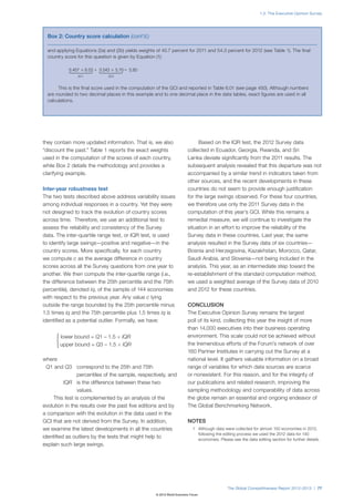 ΄                                                                            ΅
                                                                 N ct                N ct                                                                                                                 1.3: The Executive Opinion Survey
                             ΄                                               ΅
                                                                                                                 1                                        2
                        1              t            t   1                    t                  t
  q i,c –t ϭ              ϫ (1Ϫ␣) ϫ q i,c ϩ ␣ ϫ q i,c ϩ                 ϫ q i,c ϩ t         ϫ q i,c
     t  1   2                                       1                    2                                                             1                                  2
                                                          ϫ    t      t
                        2                               2   N c ϩN c             N c ϩ N ct              1           2                            1           2




            Box 2: Country score calculation (cont’d.)

     05–06
           ϭ
             1
             2               ΄
                             –2005       –2006
                                               ϩ
                                                 1
                                                 2
                                                   ϫ
                                                            N c2005
                                                          2005
                                                       N c ϩN c
        country score for this question is given by Equation (1):
                                                                    2006 ϫ
                                                                            –2005
                                                                           i,c   ΅ϩ
                                                                                        N c2006
                                                                                       for 2006 and
                                                                                    N c ϩN c         ΄
                                                                                                   –2006
  q i,c and applying Equationsϩ ␣ ϫ q i,c (2b) yields weights of 45.7q percent2005 2011 ϫ q i,c54.3 percent for 2012 (see Table 1). The final
               ϫ (1Ϫ␣) ϫ q i,c (2a) and                                                                                                                                               ΅
                                 0.457 ϫ 6.03 ϩ 0.543 ϫ 5.70 ϭ 5.85 .


                             Ά
                             Ά
                                           2011                     2012



                 This is the final score used in the computation of the GCI and reported in Table 6.01 (see page 450). Although numbers
            are rounded to two decimal places in this example and to one decimal place in the data tables, exact figures are used in all
            calculations.
                        lower bound = Q1 – 1.5 ϫ IQR
                           10–11
 q i,                   q i,c
                        upper bound = Q3 – 1.5 ϫ IQR                                                     ϱ‫گ‬ᎏԽ␣ϩϪ⌺ϫϬϭϮϯЊЈ

                                                                                                        2011–12                      2012          10–11    –2011
  2011–12
q i,c               ϭwc
                          2011
                                 ϫ q i,c
                                           2011
                                                  ϩ wc
                                                        2012         2012
                                                               ϫ q i,c                               q i,c                       q i,c          q i,c ϭ q i,c
                                                               2011
                                                           q i,c
    t
 q i,c contain more updated information. That is, we also
 they             Nc
                    t
                                                                                                                 Based on the IQR test, the 2012 Survey data
                  ⌺q t                             N
                                                      2011
                                                                                                       collected in Ecuador, Georgia, Rwanda, and Sri
 “discount q –t ϭ n=1 i,n,c Table 1 reports the exactc weights
    t
 q i,n,c    the past.”                  (1Ϫ␣) ϩ 2011
             i,c
                                                     ϩ c2012
 used in the computation of cthe scores of ceachNcountry,
    t
                    N ct           2011
                                  w ϭ
                                                N                                                      Lanka deviate significantly from the 2011 results. The
 Nc                                             2
 while Box 2 details the methodology and provides a                                                    subsequent analysis revealed that this departure was not
 clarifying example.
  t
 wc                                                              Nc
                                                                    2012                               accompanied by a similar trend in indicators taken from
                       ΂΃΄΅Ά·͓͓͠΍ΕΔΖ                 ␣ ϩ 2011
                                                            N c ϩN c
                                                                        2012                           other sources, and the recent developments in these
                                              2012                                          2012              2011
                                            wc                                           w c ϭ0            w c ϭ1
 Inter-year robustness test ϭ                                    2                                     countries do not seem to provide enough justification
 The two tests described above address variability issues 0                                 2011
                                                                                         wc ϭ          forc2012ϭ 1
                                                                                                           w the large swings observed. For these four countries,
 among individual responses in a country. Yet they were                                                we therefore use only the 2011 Survey data in the

                                                                                                             ΄                                                                            ΅
                                                                                      2011
          designed (1Ϫ␣) ϫ q 2011 ϩ ␣ ϫ q 2012 country N c
 not2011–12 ϭ 1 ϫ to track the evolution ofϩ 1 ϫ scores ϫ q 2011 ϩ                                               N c2012
                                                                                                       computation of 2012 year’s GCI. While this remains a
                                                                                                                                  this
    q i,c                              ΄
                                       i,c
 across time. Therefore, we use an additional N c toc
                 2
                                                        i,c
                                                                   2            2011
                                                                             test N
                                                                                    ϩ        ΅
                                                                                           2012   i,c
                                                                                                           N c ϩ N c2012
                                                                                                              2011        ϫ q i,c
                                                                                                       remedial measure, we will continue to investigate the
                                       Ά

                                            consistency
 data. The inter-quartile range test, or IQR test, is used
                                                                                                             Ά
 assess the reliability and weighted average of the Survey sample-size weighted average in an effort to improve the reliability of the
                         discounted-past
                                                                                                       situation
                                                                                                       Survey data in these countries. Last year, the same
 to identify large swings—positive and negative—in the                                                 analysis resulted in the Survey data of six countries—
                                   ΄
                                                                             N ct
                                                                                     ΅               ΄N ct
                                                                                                                                                                                  ΅
                                                                                                                         1                                        2

 country 1 ϫ (1Ϫ␣) ϫ qspecifically, for 1each countryϫ q i,c ϩ t Bosniaqand Herzegovina, Kazakhstan, Morocco, Qatar,
       t –t
    q i,c ϭ    scores. More i,c ϩ ␣ ϫ q i,ct ϩ ϫ
                1   2
                                     t                   1                       2              t
                                                                                                                 ϫ i,c
                                                                                                                        t                   1                                 2

               2                                               2       N ct ϩ N ct                N c ϩ N ct 1               2                        1               2

 we compute c as the average difference in country                                                     Saudi Arabia, and Slovenia—not being included in the
 scores across all the Survey questions from one year to                                               analysis. This year, as an intermediate step toward the
 another. We then compute the inter-quartile range (i.e.,                                              re-establishment of the standard computation method,

                                                                                                         ΄                                                                                ΅
                                                                                    2005                          2006

 thei,c difference between the ␣ ϫ q i,c ϩ 1 ϫ and N c 2006 ϫ q i,c ϩ we N c 2006aϫ q i,c
               1
    q ϭ ϫ (1Ϫ␣) ϫ q i,c ϩ
       05–06
                                   ΄  –2005
                                               25th –2006
                                                        percentile            2005       ΅
                                                                                  the 75th –2005               used weighted average of the Survey data of 2010
                                                                                                            2005
                                                                                                                             –2006

               2                                                 2        N c ϩN c                     N c ϩN c
 percentile), denoted iq, of the sample of 144 economies                                               and 2012 for these countries.
 with respect to the previous year. Any value c lying
 outside the range ϫ 6.03 ϩ 0.543 the 25th5.85
                    0.457 bounded by ϫ 5.70 ϭ percentile minus                                         CONCLUSION
                                   Ά
                                   Ά




                            2011                   2012
 1.5 times iq and the 75th percentile plus 1.5 times iq is                                             The Executive Opinion Survey remains the largest
 identified as a potential outlier. Formally, we have:                                                 poll of its kind, collecting this year the insight of more
                                                                                                       than 14,000 executives into their business operating
              lower bound = Q1 – 1.5 ϫ IQR                                                             environment. This scale could not be achieved without
              upper bound = Q3 – 1.5 ϫ IQR                                                             the tremendous efforts of the Forum’s network of over
                                                                                                       160 Partner Institutes in carrying out the Survey at a
 where                                                                                                 national level. It gathers valuable information on a broad
   Q1 and Q3 correspond to the 25th and 75th                                                           range of variables for which data sources are scarce
                      percentiles of the sample, respectively, and                                     or nonexistent. For this reason, and for the integrity of
                IQR is the difference between these two                                                our publications and related research, improving the
                      values.                                                                          sampling methodology and comparability of data across
           This test is complemented by an analysis of the                                             the globe remain an essential and ongoing endeavor of
 evolution in the results over the past five editions and by                                           The Global Benchmarking Network.
 a comparison with the evolution in the data used in the
 GCI that are not derived from the Survey. In addition,                                                NOTES
 we examine the latest developments in all the countries                                                    1 Although data were collected for almost 150 economies in 2012,
                                                                                                                 following the editing process we used the 2012 data for 140
 identified as outliers by the tests that might help to                                                          economies. Please see the data editing section for further details.
 explain such large swings.




                                                                                                                                                                                          The Global Competitiveness Report 2012–2013 | 77
                                                                                                                             © 2012 World Economic Forum
 