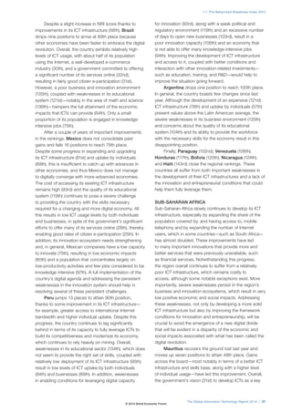 The Global Information Technology Report 2014 | 27
1.1: The Networked Readiness Index 2014
Despite a slight increase in NRI score thanks to
improvements in its ICT infrastructure (56th), Brazil
drops nine positions to arrive at 69th place because
other economies have been faster to embrace the digital
revolution. Overall, the country exhibits relatively high
levels of ICT usage, with about half of its population
using the Internet, a well-developed e-commerce
industry (30th), and a government committed to offering
a significant number of its services online (32nd),
resulting in fairly good citizen e-participation (31st).
However, a poor business and innovation environment
(135th), coupled with weaknesses in its educational
system (121st)—notably in the area of math and science
(136th)—hampers the full attainment of the economic
impacts that ICTs can provide (64th). Only a small
proportion of its population is engaged in knowledge-
intensive jobs (75th).
After a couple of years of important improvements
in the rankings, Mexico does not consolidate past
gains and falls 16 positions to reach 79th place.
Despite some progress in expanding and upgrading
its ICT infrastructure (81st) and uptake by individuals
(89th), this is insufficient to catch up with advances in
other economies, and thus Mexico does not manage
to digitally converge with more-advanced economies.
The cost of accessing its existing ICT infrastructure
remains high (93rd) and the quality of its educational
system (119th) continues to pose a severe challenge
to providing the country with the skills necessary
required for a changing and more digital economy. All
this results in low ICT usage levels by both individuals
and businesses, in spite of the government’s significant
efforts to offer many of its services online (28th), thereby
enabling good rates of citizen e-participation (25th). In
addition, its innovation ecosystem needs strengthening
and, in general, Mexican companies have a low capacity
to innovate (75th), resulting in low economic impacts
(80th) and a population that concentrates largely on
low-productivity activities and few jobs considered to be
knowledge intensive (97th). A full implementation of the
country’s digital agenda and addressing the persistent
weaknesses in the innovation system should help in
resolving several of these persistent challenges.
Peru jumps 13 places to attain 90th position,
thanks to some improvement in its ICT infrastructure—
for example, greater access to international Internet
bandwidth and higher individual uptake. Despite this
progress, the country continues to lag significantly
behind in terms of its capacity to fully leverage ICTs to
build its competitiveness and modernize its economy,
which continues to rely heavily on mining. Overall,
weaknesses in its educational sector (134th), which does
not seem to provide the right set of skills, coupled with
relatively low deployment of its ICT infrastructure (95th),
result in low levels of ICT uptake by both individuals
(94th) and businesses (89th). In addition, weaknesses
in enabling conditions for leveraging digital capacity
for innovation (93rd), along with a weak political and
regulatory environment (119th) and an excessive number
of days to open new businesses (103rd), result in a
poor innovation capacity (106th) and an economy that
is not able to offer many knowledge-intensive jobs
(94th). Improving the development of ICT infrastructure
and access to it, coupled with better conditions and
interaction with other innovation-related investments—
such as education, training, and R&D—would help to
improve the situation going forward.
Argentina drops one position to reach 100th place.
In general, the country boasts few changes since last
year. Although the development of an expensive (121st)
ICT infrastructure (78th) and uptake by individuals (57th)
present values above the Latin American average, the
severe weaknesses in its business environment (135th)
and concerns about the quality of its educational
system (104th) and its ability to provide the workforce
with the necessary skills for the economy result in this
disappointing position.
Finally, Paraguay (102nd), Venezuela (106th),
Honduras (117th), Bolivia (120th), Nicaragua (124th),
and Haiti (143rd) close the regional rankings. These
countries all suffer from both important weaknesses in
the development of their ICT infrastructures and a lack of
the innovation and entrepreneurial conditions that could
help them fully leverage them.
SUB-SAHARAN AFRICA
Sub-Saharan Africa slowly continues to develop its ICT
infrastructure, especially by expanding the share of the
population covered by, and having access to, mobile
telephony and by expanding the number of Internet
users, which in some countries—such as South Africa—
has almost doubled. These improvements have led
to many important innovations that provide more and
better services that were previously unavailable, such
as financial services. Notwithstanding this progress,
the region overall continues to suffer from a relatively
poor ICT infrastructure, which remains costly to
access, although some notable exceptions exist. More
importantly, severe weaknesses persist in the region’s
business and innovation ecosystems, which result in very
low positive economic and social impacts. Addressing
these weaknesses, not only by developing a more solid
ICT infrastructure but also by improving the framework
conditions for innovation and entrepreneurship, will be
crucial to avoid the emergence of a new digital divide
that will be evident in a disparity of the economic and
social impacts associated with what has been called the
digital revolution.
Mauritius recovers the ground lost last year and
moves up seven positions to attain 48th place. Gains
across the board—most notably in terms of a better ICT
infrastructure and skills base, along with a higher level
of individual usage—have led this improvement. Overall,
the government’s vision (31st) to develop ICTs as a key
© 2014 World Economic Forum
 