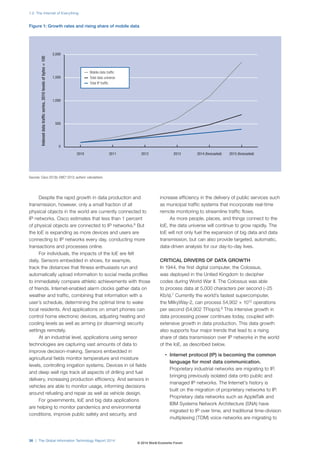 Despite the rapid growth in data production and
transmission, however, only a small fraction of all
physical objects in the world are currently connected to
IP networks. Cisco estimates that less than 1 percent
of physical objects are connected to IP networks.6
But
the IoE is expanding as more devices and users are
connecting to IP networks every day, conducting more
transactions and processes online.
For individuals, the impacts of the IoE are felt
daily. Sensors embedded in shoes, for example,
track the distances that fitness enthusiasts run and
automatically upload information to social media profiles
to immediately compare athletic achievements with those
of friends. Internet-enabled alarm clocks gather data on
weather and traffic, combining that information with a
user’s schedule, determining the optimal time to wake
local residents. And applications on smart phones can
control home electronic devices, adjusting heating and
cooling levels as well as arming (or disarming) security
settings remotely.
At an industrial level, applications using sensor
technologies are capturing vast amounts of data to
improve decision-making. Sensors embedded in
agricultural fields monitor temperature and moisture
levels, controlling irrigation systems. Devices in oil fields
and deep well rigs track all aspects of drilling and fuel
delivery, increasing production efficiency. And sensors in
vehicles are able to monitor usage, informing decisions
around refueling and repair as well as vehicle design.
For governments, IoE and big data applications
are helping to monitor pandemics and environmental
conditions, improve public safety and security, and
increase efficiency in the delivery of public services such
as municipal traffic systems that incorporate real-time
remote monitoring to streamline traffic flows.
As more people, places, and things connect to the
IoE, the data universe will continue to grow rapidly. The
IoE will not only fuel the expansion of big data and data
transmission, but can also provide targeted, automatic,
data-driven analysis for our day-to-day lives.
CRITICAL DRIVERS OF DATA GROWTH
In 1944, the first digital computer, the Colossus,
was deployed in the United Kingdom to decipher
codes during World War II. The Colossus was able
to process data at 5,000 characters per second (~25
Kb/s).7
Currently the world’s fastest supercomputer,
the MilkyWay-2, can process 54,902 × 1012
operations
per second (54,902 TFlop/s).8
This intensive growth in
data processing power continues today, coupled with
extensive growth in data production. This data growth
also supports four major trends that lead to a rising
share of data transmission over IP networks in the world
of the IoE, as described below.
• Internet protocol (IP) is becoming the common
language for most data communication.
Proprietary industrial networks are migrating to IP,
bringing previously isolated data onto public and
managed IP networks. The Internet’s history is
built on the migration of proprietary networks to IP.
Proprietary data networks such as AppleTalk and
IBM Systems Network Architecture (SNA) have
migrated to IP over time, and traditional time-division
multiplexing (TDM) voice networks are migrating to
0
500
1,000
1,500
2,000
2015 (forecasted)2014 (forecasted)2013201220112010
Figure 1: Growth rates and rising share of mobile data
Sources: Cisco 2013b; EMC² 2013; authors’ calculations.
Indexeddatatrafficseries,2010levelsofbytes=100
— Mobile data traffic
— Total data universe
— Total IP traffic
1.2: The Internet of Everything
36 | The Global Information Technology Report 2014
© 2014 World Economic Forum
 